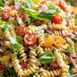 - 8 ounces rotini pasta - 6 strips turkey bacon - 1 cup cherry tomatoes - 1 cup romaine lettuce - 1/2 cup red onion - Dressing components: - 1/2 cup mayonnaise - 2 tablespoons apple cider vinegar - 1 teaspoon Dijon mustard - Salt and pepper to taste Choosing fresh ingredients makes a big difference. Look for bright, firm tomatoes. For lettuce, select crisp romaine. Fresh herbs add flavor, too. For mayonnaise, I recommend brands like Hellmann's or Duke's. They create a rich and creamy dressing. Always check for freshness dates on all products. Start by boiling a large pot of salted water. Once it boils, add 8 ounces of rotini pasta. Cook the pasta until it is al dente, following the package instructions. Usually, this takes about 8 to 10 minutes. After cooking, drain the pasta well. Rinse it under cold water to stop the cooking process. This helps the pasta stay firm and not gummy. In a large mixing bowl, combine the cooled pasta with the other ingredients. Add 6 strips of crumbled turkey bacon, 1 cup of halved cherry tomatoes, 1 cup of chopped romaine lettuce, and 1/2 cup of finely chopped red onion. Mix gently with a spatula or wooden spoon. This ensures all the ingredients blend well without crushing them. For the dressing, take a separate bowl and whisk together 1/2 cup of mayonnaise, 2 tablespoons of apple cider vinegar, and 1 teaspoon of Dijon mustard. Mix until the dressing is smooth and creamy. It should not be too thick. Season it with salt and pepper to taste. Pour the dressing over the pasta mixture and toss gently to coat everything evenly. For full details, check the Full Recipe. To make your BLT pasta salad shine, adjust the seasoning. Start with salt and pepper. Taste your salad after mixing in the dressing. Add more salt or pepper if needed. You can also try adding garlic powder or smoked paprika for a twist. These small changes can make a big difference in flavor. Garnishing makes your salad look great. Use fresh basil leaves on top for color. You can also add more halved cherry tomatoes around the edges. This adds visual appeal. A sprinkle of black pepper can finish the look nicely. Serve it in a clear bowl to show off the colors. Timing is key for the best taste. Prepare the salad at least 30 minutes before serving. This helps the flavors blend well. If you can, let it chill longer in the fridge. This extra time makes the salad even better. If you want to serve it later, keep the dressing separate until just before eating. This keeps everything fresh and crunchy. For the full recipe, see the [Full Recipe]. {{image_2}} For your BLT Pasta Salad, you can switch up the pasta. Try penne or farfalle for fun shapes. They will still hold the dressing well. For a gluten-free option, use chickpea or quinoa pasta. Changing the protein is also easy. You can swap turkey bacon for regular bacon. If you want a vegetarian dish, use chickpeas or lentils instead. They add protein and a nice texture. The dressing is key for flavor. You can try ranch or vinaigrette for a twist. A zesty Italian dressing gives a nice kick too. Adding fresh herbs can change the taste. Try parsley, dill, or even chives. A sprinkle of garlic powder or smoked paprika can add depth. Experiment with what you like. In summer, add fresh corn or diced cucumbers. They bring a refreshing crunch. You can also use ripe avocado for creaminess. For fall or winter, think about roasted vegetables. Roasted red peppers or butternut squash will warm the dish. You can even add nuts for extra crunch and flavor. For the full recipe, check out the [Full Recipe]. To keep your BLT pasta salad fresh, use an airtight container. Glass or plastic containers work well. Make sure to store it in the fridge. This will help keep the flavors strong and the texture intact. If you want to keep the lettuce crisp, store it separately. Mix it in just before serving. Pasta salad is best cold, but you can serve it at room temp too. If you heat it, do so gently. Use a microwave and heat for short bursts. Stir it often to avoid hot spots. You can also add a splash of dressing to refresh the flavors. Your BLT pasta salad lasts about 3 to 5 days in the fridge. Always check for changes in smell or texture. If it looks or smells off, it's best to toss it. To enjoy the best taste, eat it within the first few days. For the full recipe, you can refer back to the earlier section. Yes, you can make BLT Pasta Salad ahead of time. This is great for events. Just prepare the salad and store it in the fridge. Let the flavors mix for a few hours. For best taste, serve it cold after chilling. You can make it a day ahead. This saves time on busy days. Absolutely, this recipe works well for meal prep. You can batch cook the pasta and bacon. Store them in separate containers. Mix the salad just before serving. This keeps everything fresh. To store, use airtight containers. The salad stays good in the fridge for up to four days. Just remember to add fresh lettuce right before eating. If you want a different option, try regular bacon or leave it out. You can also use veggie bacon for a meatless version. Another option is diced ham or chicken for added protein. If you prefer a lighter choice, use smoked tofu. Each of these gives a unique flavor to the salad. Experiment with what you like best! This blog post covered making a tasty BLT Pasta Salad. You learned about key ingredients like rotini pasta and turkey bacon, along with how to mix them correctly. I shared storage tips to keep your salad fresh and variations to try based on seasons or personal taste. In the end, making this salad offers fun and flavor. Enjoy experimenting with different ingredients and watching your loved ones enjoy it!