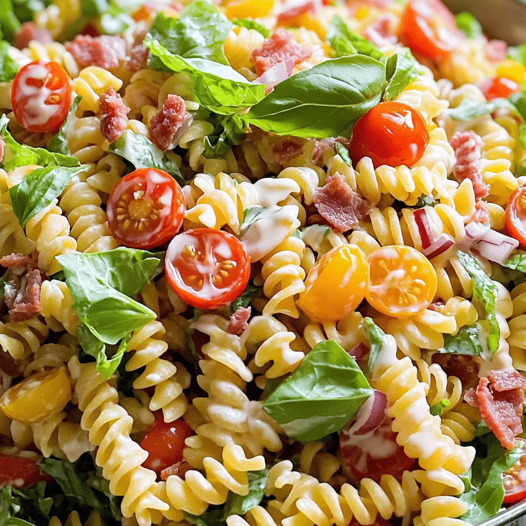 - 8 ounces rotini pasta - 6 strips turkey bacon - 1 cup cherry tomatoes - 1 cup romaine lettuce - 1/2 cup red onion - Dressing components: - 1/2 cup mayonnaise - 2 tablespoons apple cider vinegar - 1 teaspoon Dijon mustard - Salt and pepper to taste Choosing fresh ingredients makes a big difference. Look for bright, firm tomatoes. For lettuce, select crisp romaine. Fresh herbs add flavor, too. For mayonnaise, I recommend brands like Hellmann's or Duke's. They create a rich and creamy dressing. Always check for freshness dates on all products. Start by boiling a large pot of salted water. Once it boils, add 8 ounces of rotini pasta. Cook the pasta until it is al dente, following the package instructions. Usually, this takes about 8 to 10 minutes. After cooking, drain the pasta well. Rinse it under cold water to stop the cooking process. This helps the pasta stay firm and not gummy. In a large mixing bowl, combine the cooled pasta with the other ingredients. Add 6 strips of crumbled turkey bacon, 1 cup of halved cherry tomatoes, 1 cup of chopped romaine lettuce, and 1/2 cup of finely chopped red onion. Mix gently with a spatula or wooden spoon. This ensures all the ingredients blend well without crushing them. For the dressing, take a separate bowl and whisk together 1/2 cup of mayonnaise, 2 tablespoons of apple cider vinegar, and 1 teaspoon of Dijon mustard. Mix until the dressing is smooth and creamy. It should not be too thick. Season it with salt and pepper to taste. Pour the dressing over the pasta mixture and toss gently to coat everything evenly. For full details, check the Full Recipe. To make your BLT pasta salad shine, adjust the seasoning. Start with salt and pepper. Taste your salad after mixing in the dressing. Add more salt or pepper if needed. You can also try adding garlic powder or smoked paprika for a twist. These small changes can make a big difference in flavor. Garnishing makes your salad look great. Use fresh basil leaves on top for color. You can also add more halved cherry tomatoes around the edges. This adds visual appeal. A sprinkle of black pepper can finish the look nicely. Serve it in a clear bowl to show off the colors. Timing is key for the best taste. Prepare the salad at least 30 minutes before serving. This helps the flavors blend well. If you can, let it chill longer in the fridge. This extra time makes the salad even better. If you want to serve it later, keep the dressing separate until just before eating. This keeps everything fresh and crunchy. For the full recipe, see the [Full Recipe]. {{image_2}} For your BLT Pasta Salad, you can switch up the pasta. Try penne or farfalle for fun shapes. They will still hold the dressing well. For a gluten-free option, use chickpea or quinoa pasta. Changing the protein is also easy. You can swap turkey bacon for regular bacon. If you want a vegetarian dish, use chickpeas or lentils instead. They add protein and a nice texture. The dressing is key for flavor. You can try ranch or vinaigrette for a twist. A zesty Italian dressing gives a nice kick too. Adding fresh herbs can change the taste. Try parsley, dill, or even chives. A sprinkle of garlic powder or smoked paprika can add depth. Experiment with what you like. In summer, add fresh corn or diced cucumbers. They bring a refreshing crunch. You can also use ripe avocado for creaminess. For fall or winter, think about roasted vegetables. Roasted red peppers or butternut squash will warm the dish. You can even add nuts for extra crunch and flavor. For the full recipe, check out the [Full Recipe]. To keep your BLT pasta salad fresh, use an airtight container. Glass or plastic containers work well. Make sure to store it in the fridge. This will help keep the flavors strong and the texture intact. If you want to keep the lettuce crisp, store it separately. Mix it in just before serving. Pasta salad is best cold, but you can serve it at room temp too. If you heat it, do so gently. Use a microwave and heat for short bursts. Stir it often to avoid hot spots. You can also add a splash of dressing to refresh the flavors. Your BLT pasta salad lasts about 3 to 5 days in the fridge. Always check for changes in smell or texture. If it looks or smells off, it's best to toss it. To enjoy the best taste, eat it within the first few days. For the full recipe, you can refer back to the earlier section. Yes, you can make BLT Pasta Salad ahead of time. This is great for events. Just prepare the salad and store it in the fridge. Let the flavors mix for a few hours. For best taste, serve it cold after chilling. You can make it a day ahead. This saves time on busy days. Absolutely, this recipe works well for meal prep. You can batch cook the pasta and bacon. Store them in separate containers. Mix the salad just before serving. This keeps everything fresh. To store, use airtight containers. The salad stays good in the fridge for up to four days. Just remember to add fresh lettuce right before eating. If you want a different option, try regular bacon or leave it out. You can also use veggie bacon for a meatless version. Another option is diced ham or chicken for added protein. If you prefer a lighter choice, use smoked tofu. Each of these gives a unique flavor to the salad. Experiment with what you like best! This blog post covered making a tasty BLT Pasta Salad. You learned about key ingredients like rotini pasta and turkey bacon, along with how to mix them correctly. I shared storage tips to keep your salad fresh and variations to try based on seasons or personal taste. In the end, making this salad offers fun and flavor. Enjoy experimenting with different ingredients and watching your loved ones enjoy it!