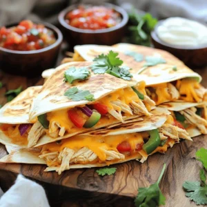 - 2 cups cooked chicken, shredded - 1 cup shredded cheddar cheese - 1 cup shredded mozzarella cheese - 1/2 cup bell pepper, finely chopped (any color) - 1/2 cup red onion, finely chopped - 1 tablespoon taco seasoning - 1 tablespoon olive oil - 4 large flour tortillas - 1/4 cup fresh cilantro, chopped (for garnish) - Salsa and sour cream (for dipping) - For a vegetarian option, use black beans or mushrooms instead of chicken. - Try pepper jack cheese for a spicy kick or goat cheese for creaminess. - Add cumin or smoked paprika for unique flavors. You can also mix in fresh herbs like basil or parsley. Using these ideas, you can make your quesadillas just how you like them. Enjoy the fun of mixing flavors! For a full recipe with step-by-step instructions, check out the [Full Recipe]. - Start with 2 cups of cooked chicken. Shred it into bite-sized pieces. - Chop 1/2 cup of bell pepper and 1/2 cup of red onion into small bits. - Gather these ingredients: shredded cheddar, mozzarella, taco seasoning, tortillas, and olive oil. - Heat 1 tablespoon of olive oil in a large skillet over medium heat. - Add the chopped bell pepper and onion. Sauté for 3–4 minutes until soft. - Mix in the shredded chicken and 1 tablespoon of taco seasoning. Stir for 2–3 minutes to heat. - Remove from heat and add 1 cup of shredded cheddar and 1 cup of mozzarella. Stir until melted. - In a separate skillet, place one large tortilla over medium heat. - Put a quarter of the chicken mixture on one half of the tortilla. - Fold the tortilla over the filling and press down gently. - Cook for 3–4 minutes until golden brown. Flip and cook for another 3–4 minutes until crispy. - Take out the quesadilla and let it cool for a minute. Slice it into wedges. - Repeat for the rest of the tortillas and filling. - For a perfect golden crust, keep the heat at medium. - To make many quesadillas at once, use a large griddle. - To melt cheese evenly, use a lid on the skillet for a minute. For the full recipe, check out the Cheesy Fiesta Chicken Quesadillas. To make your quesadillas pop, use spices like cumin and chili powder. These spices add depth and warmth. You can also sprinkle some garlic powder for a nice twist. Fresh herbs like cilantro brighten the dish. Add toppings such as sliced avocado or jalapeños for heat. You can even try a squeeze of lime juice to enhance the flavors. Use a non-stick skillet or a well-seasoned cast-iron pan for cooking. These surfaces help prevent sticking. If you use a griddle, make sure it is heated evenly. To flip the quesadillas easily, use a wide spatula. Slide it under the quesadilla gently and lift. This method keeps the filling intact. Pair your quesadillas with fresh salsa or creamy sour cream for dipping. You can also serve them with guacamole for a tasty treat. To make your dish look fancy, cut the quesadillas into wedges and arrange them on a plate. Add a sprinkle of fresh cilantro on top for color. This simple touch makes your meal feel special. For the full recipe, check out the complete guide. {{image_2}} You can switch up the chicken for many meats. Try beef, pork, or shrimp. Each adds a new taste. If you want a meatless option, use beans or tofu. You can also mix veggies like mushrooms or corn. For a twist, try BBQ chicken. The smoky flavor brings excitement to your meal. Cheese is key to a great quesadilla. You can use pepper jack for spice or feta for a tangy taste. Mixing cheeses creates depth. If you're gluten-free, look for rice or corn tortillas. They work well and taste great. Kids may prefer simpler flavors. Use just cheese or chicken without extra spices. You can cut quesadillas into fun shapes. Use cookie cutters for stars or hearts. Serving them with fruity dips can make them more appealing. Kids love to eat with their eyes! For more ideas, check the Full Recipe and explore new flavors! To keep your quesadillas fresh, store them right. First, let them cool to room temperature. Then, wrap each quesadilla in plastic wrap or foil. This helps keep moisture in and prevents them from drying out. Use airtight containers for extra protection. They work well to avoid spills in the fridge. Reheat quesadillas in a skillet for the best texture. Heat on medium-low for about 3-4 minutes on each side. This method keeps them crispy. You can also use an oven. Preheat it to 350°F and bake for 10-15 minutes. For added flavor, cover them with a damp paper towel while reheating in the microwave. To freeze quesadillas, follow these steps. First, let them cool completely. Then, wrap each one in plastic wrap. Place them in a freezer bag or container. Label with the date to track freshness. For reheating, remove them from the freezer and thaw overnight in the fridge. Reheat as mentioned above for the best taste. To make Easy Chicken Quesadillas, start by gathering your ingredients. You need cooked chicken, cheese, bell pepper, onion, and tortillas. First, heat olive oil in a skillet. Sauté the chopped bell pepper and onion for about 3–4 minutes. Then, add the shredded chicken and taco seasoning. Cook for another 2–3 minutes until it heats fully. Mix in the cheese until it melts. Next, place a tortilla in a separate skillet, fill it with the mixture, and fold it. Cook for 3–4 minutes on each side. Slice, garnish, and enjoy your delicious meal. For the full recipe, check out the section above. Yes, you can use rotisserie chicken. It saves time and adds great flavor. Rotisserie chicken is already cooked and seasoned. This makes your prep even easier and quicker. Just shred the chicken and mix it with the other ingredients. You will still get that great taste without all the work. It’s perfect for busy nights when you want a tasty meal fast. For dipping sauces, you have plenty of tasty options. Salsa is a classic choice, offering a fresh kick. Sour cream adds creaminess and balances the flavors. Guacamole pairs well, bringing a rich texture. If you like heat, try hot sauce or a spicy salsa. You can even mix yogurt with herbs for a cool dip. These sauces will make your quesadillas even more enjoyable. To make quesadillas in an air fryer, follow the same filling steps. Prepare your chicken and cheese mixture as usual. Then, assemble your quesadilla. Lightly spray the air fryer basket with oil. Place the quesadilla in the basket in a single layer. Cook at 375°F for about 5–7 minutes. Check for a golden brown color and melted cheese. Flip halfway through for even cooking. This method gives you a crispy texture with less oil. To reheat quesadillas, use a skillet for the best results. Heat the skillet over medium-low heat. Place the quesadilla in the pan and cover it with a lid. This keeps the moisture in and helps the cheese melt. Heat for about 3–5 minutes on each side. You can also use an oven at 350°F. Bake for about 10 minutes, flipping halfway. Avoid the microwave, as it can make them soggy. Enjoy your reheated quesadillas crisp and tasty! In this blog post, we explored making delicious chicken quesadillas from scratch. We covered ingredients, step-by-step instructions, and helpful tips to ensure great flavor and texture. You now have multiple options to customize your quesadillas, whether you prefer a classic style or something unique. Remember, storing leftovers properly keeps them tasty for later. Enjoy your cooking, and don’t be afraid to experiment with flavors!