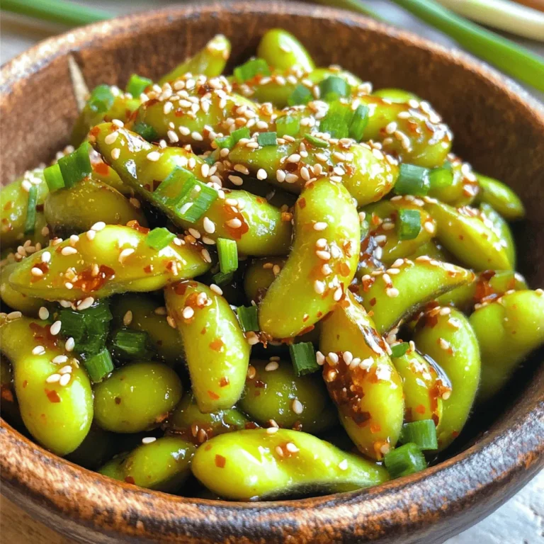 Essential Ingredients for Spicy Sriracha Edamame To make this tasty snack, gather these key items: - 2 cups edamame in pods (fresh or frozen) - 1 tablespoon olive oil - 1 tablespoon Sriracha sauce (adjust to taste) - 1 teaspoon soy sauce - 1 teaspoon sesame oil - 1 teaspoon honey or agave syrup - 1 clove garlic, minced - 1 teaspoon fresh ginger, grated These ingredients work together to create a bold flavor. The Sriracha adds heat, while the honey balances it with sweetness. The garlic and ginger bring freshness and depth. Optional Ingredients for Customization You can make Spicy Sriracha Edamame your own by adding: - 1 tablespoon sesame seeds (optional) - Chopped green onions for garnish Sesame seeds add a nice crunch. Green onions give a pop of color and flavor. Feel free to get creative! You can adjust spice levels or add extra toppings based on your taste. For the complete recipe, check the [Full Recipe]. To start, you need to choose your edamame. You can use fresh or frozen. Fresh edamame tastes great, but frozen is often easier to find. If you choose frozen, bring a pot of salted water to a boil. Add the frozen edamame pods and cook for 5-6 minutes. This timing gives you tender edamame. If using fresh edamame, cook them for about the same time. Now, let's make the spicy sauce. In a small bowl, mix these ingredients: - 1 tablespoon Sriracha sauce (you can adjust this) - 1 teaspoon soy sauce - 1 teaspoon sesame oil - 1 teaspoon honey or agave syrup This mix gives a great balance of heat and sweetness. If you want more spice, just add more Sriracha. Taste it, and make it your own! Next, we'll combine everything. Heat 1 tablespoon of olive oil in a large skillet over medium heat. Add 1 clove of minced garlic and 1 teaspoon of grated ginger. Sauté them for 1-2 minutes. This step makes your kitchen smell amazing! Now, add the cooked edamame to the skillet. Then, pour the spicy sauce over them. Stir-fry for 2-3 minutes. Make sure the edamame is evenly coated with the sauce. If you like, sprinkle 1 tablespoon of sesame seeds on top. Toss gently to mix. Once done, transfer your spicy Sriracha edamame to a serving dish. Garnish with chopped green onions for a fresh touch. Enjoy this quick snack! You can find the complete recipe in the Full Recipe section. Enhancing the Spiciness To boost the heat in your Spicy Sriracha Edamame, try adding more Sriracha sauce. Start with a little more than one tablespoon and taste as you go. You can also mix in a pinch of red pepper flakes for an extra kick. If you like it really hot, consider using chili oil in place of olive oil. Adding Fresh Ingredients for Extra Flavor Fresh ingredients add depth to your dish. Chopped cilantro or basil can brighten the flavors. You can also squeeze fresh lime juice over the top just before serving. This adds a nice zing and balances the heat. Overcooking the Edamame Be careful not to overcook your edamame. If you cook it too long, it can become mushy. Aim for a tender bite. Remember, cooking time is about 5-6 minutes for fresh or frozen pods. Wrong Sauce Ratios Getting the sauce ratios right is key. Too much Sriracha can overpower the taste. Too little can make it bland. Follow the recipe closely, and feel free to tweak as you gain confidence. Always taste as you go to find your perfect mix. {{image_2}} I love to mix things up with my Spicy Sriracha Edamame. Adding citrus can give it a fresh kick. Try squeezing some lime or lemon juice over the top. This zesty twist brightens the dish and balances the heat from the Sriracha. You can also zest the citrus peels for an extra burst of flavor. Incorporating other sauces can also change the taste. For example, a splash of teriyaki sauce can bring a sweet note. If you like it tangy, mixing in some rice vinegar adds depth. You can even sprinkle in some chili flakes for added spice. The options are endless! Making this dish vegan and gluten-free is simple. The base ingredients are already plant-based. Just make sure to use gluten-free soy sauce or tamari instead of regular soy sauce. This way, everyone can enjoy it without worry. If you want to lower the sugar, swap honey with a sugar-free sweetener. Agave syrup is a great choice, but you can skip it altogether if you prefer. The dish will still taste great with just the Sriracha and soy sauce. Feel free to experiment with these variations to find your perfect flavor! For the complete recipe, check out the Full Recipe section. To store leftover spicy Sriracha edamame, first, let it cool down. Place it in an airtight container. You can keep it in the fridge for up to three days. If you want to store it longer, freezing is a great option. For freezing, use a freezer-safe bag or container. Squeeze out as much air as possible to avoid freezer burn. You can store it for up to three months. When you are ready to eat it again, take it out of the freezer. Let it thaw overnight in the fridge. Reheating edamame is easy. You can use a microwave or a skillet. If you use a microwave, heat it in short bursts. Stir after each burst to avoid hot spots. If you prefer a skillet, heat a little olive oil over medium heat. Add the edamame and stir until it's warm. This method also brings back some of its crunch. Fresh edamame lasts about a week in the fridge. Keep it in its pods for the best taste. Frozen edamame can stay good for six months or more. For the spicy sauce, store it in a small jar. It lasts about a week in the fridge. You can use it for other dishes too! If you want to keep it longer, consider freezing it in small portions. Edamame are young soybeans. They are often found in pods and are green in color. Edamame is a great source of protein, fiber, and healthy fats. A 1-cup serving of cooked edamame has: - 189 calories - 17 grams of protein - 8 grams of fat - 16 grams of carbohydrates - 8 grams of fiber These numbers show how healthy edamame is. It gives you energy and keeps you full. Eating edamame can help heart health. It may lower bad cholesterol levels. Edamame is also rich in antioxidants, which fight free radicals. Plus, it supports strong bones due to its calcium and magnesium content. Yes, you can prep edamame in advance. Cook it, cool it, and store it in the fridge. You can mix the spicy sauce ahead too. Just combine the sauce ingredients and keep them in a sealed container. To make meal prep easy: - Cook extra edamame for snacks or meals. - Store it in small containers for quick access. - Reheat in the microwave for a tasty treat. You can find spicy Sriracha edamame in many places. Some restaurants serve it as an appetizer. Look for Asian or sushi restaurants. They often have this dish on the menu. Ask for it next time you eat out. Most grocery stores stock frozen edamame. Check the freezer section. You can find Sriracha sauce in the condiment aisle. For the complete step-by-step instructions, check out the Full Recipe. In this post, I covered how to make Spicy Sriracha Edamame. We explored essential and optional ingredients to enhance flavor. I shared step-by-step instructions for prepping edamame and making a spicy sauce. I also included tips to avoid common mistakes and suggested variations for different tastes. Lastly, I discussed storage tips and answered common questions. With these insights, you can create a tasty snack that fits your style. Enjoy experimenting!