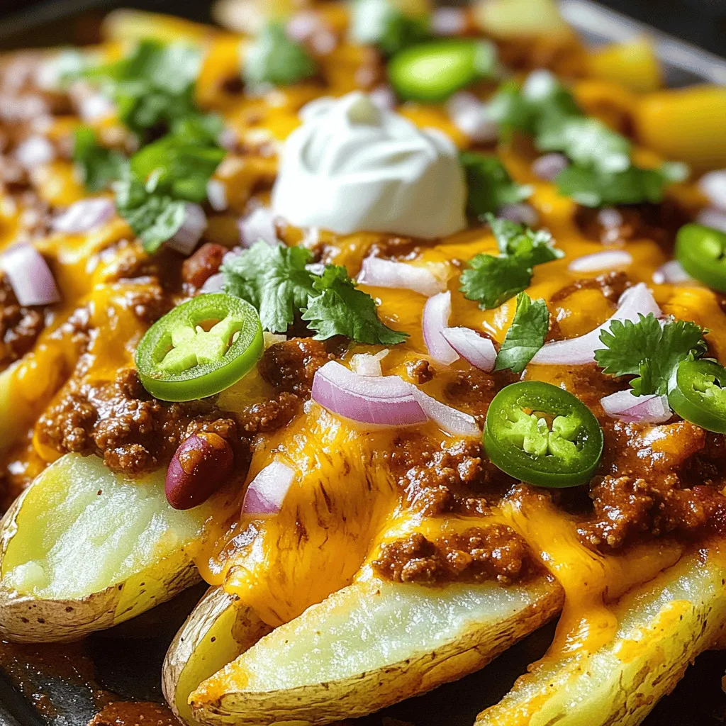 When making homemade chili cheese fries, you need some great ingredients. Here’s what you will use: - 4 large russet potatoes - 1 tablespoon olive oil - Salt and pepper, to taste - 2 cups shredded cheddar cheese - 1 cup canned chili (or homemade chili) - 1/2 cup diced onions (red or white) - 1/4 cup sliced jalapeños (optional) - 1/4 cup sour cream (for topping) - Fresh cilantro, chopped (for garnish) Each ingredient plays a big part in your dish. The russet potatoes create a perfect base. Olive oil helps them get crispy. Salt and pepper bring out all the flavors. Cheddar cheese melts beautifully on top. The chili adds warmth and richness. Onions and jalapeños give it a nice crunch. Sour cream cools it down, while cilantro adds freshness. For the complete process, check out the Full Recipe. It guides you step by step. Enjoy your cooking! - Preheat your oven to 425°F (220°C). - Wash, peel, and cut the potatoes into wedges or fries. To start, get your oven nice and hot. This helps the fries crisp up well. I like to use russet potatoes because they are starchy and perfect for fries. After washing and peeling, cut them into thick wedges or classic fry shapes. This way, they will bake evenly and become golden brown. - Drizzle olive oil and season with salt and pepper. - Bake for 25-30 minutes, turning halfway through. Next, toss the potato pieces in a big bowl. Drizzle with olive oil and sprinkle in salt and pepper. Make sure each piece gets coated. Spread them out on a baking sheet lined with parchment paper. Bake them for 25 to 30 minutes. Turn them halfway, so they cook evenly and turn crispy. - Warm the canned or homemade chili. - Sprinkle cheese over fries and return to oven. While the fries bake, it’s time for the chili. Heat your chili in a small pot. If you made your own, ensure it’s warm. When the fries are ready, take them out and sprinkle shredded cheddar cheese on top. Put them back in the oven for 5 to 7 minutes. This melts the cheese and makes it gooey and delicious. - Drizzle chili over cheesy fries. - Add garnishes like onions, jalapeños, and sour cream. Once the cheese is melted, take the fries out of the oven. Now, drizzle warm chili over the cheesy fries. You can get creative with toppings. Add diced onions, sliced jalapeños, and a dollop of sour cream. Fresh cilantro on top adds a nice touch too. Enjoy your tasty creation! For the complete process, check the Full Recipe. To make great fries, cut your russet potatoes into even wedges. This helps them cook evenly. Aim for pieces about half an inch thick. Seasoning matters. Use olive oil, salt, and pepper. This adds flavor and helps them crisp up. Toss the fries well to coat them fully. For the best flavor, use sharp cheddar cheese. It melts well and adds a nice taste. If you want a creamier texture, mix in some Monterey Jack cheese. To avoid greasy fries, do not use too much oil. A light drizzle is all you need. It keeps the fries crispy without making them soggy. To enhance your chili, add spices like cumin or chili powder. This adds depth and warmth to the flavor. You can also mix in diced tomatoes or beans for extra texture. Using canned chili is quick and easy. It saves time but may lack freshness. Homemade chili tastes better but takes longer to prepare. Both options can be delicious, so choose based on your needs. For the full recipe, check out the complete list and instructions. Enjoy your cooking! {{image_2}} You can make your chili cheese fries a bit healthier! Try using sweet potatoes instead of russet potatoes. They add a nice sweetness and are packed with nutrients. If you want to cut down on oil, use a spray or brush instead of pouring it. For cheese lovers, there are many vegan cheese options. Look for brands that melt well. They can add creamy flavor without dairy. Want to kick up the flavor? Add spices or seasonings to the chili. A pinch of cumin or smoked paprika can make a big difference. You can also try adding toppings that go beyond cheese and onions. Guacamole, bacon bits, or even diced tomatoes can take your dish to the next level. These extras boost flavor and add texture. Serving chili cheese fries can be fun! Pair them with a cold drink like soda or iced tea for a tasty combo. You can also serve them in a bowl for a cozy feel. For a twist, present them nacho-style! Layer chili and cheese on tortilla chips instead of fries. These creative ideas make your meal more exciting. To keep your chili cheese fries fresh, use airtight containers. Glass or plastic containers work well. Make sure they seal tightly. Store your chili cheese fries in the fridge for up to three days. This way, they stay tasty and safe to eat. When reheating, aim for the oven. Preheat it to 350°F (175°C). Spread the fries on a baking sheet. This method helps keep the fries crispy. Avoid the microwave, as it can make the fries soggy. If you must use a microwave, heat them on a plate for a short time. To avoid sogginess, place a paper towel under the fries when microwaving. This will soak up extra moisture. Reheat your chili in a saucepan on low heat. Stir it often to keep it smooth. Enjoy your chili cheese fries just like they were fresh from the oven! For the full recipe, check out the complete chili cheese fries instructions. You can use sweet potatoes for a sweeter taste. They add a nice color too. Yukon Gold potatoes are a great choice. They are creamy and buttery. For a crunchier texture, try using frozen fries. These are quick and easy. Yes, you can prepare some parts in advance. First, bake the fries and let them cool. Store them in the fridge for up to two days. When ready, reheat them in the oven. Heat the chili separately, then assemble when you are ready to eat. You can add sliced jalapeños for heat. If you like, try hot sauce on top. You can mix in some chili powder or cayenne pepper into the chili. This adds a nice kick without changing the flavor too much. For the complete guide to making chili cheese fries, check the full recipe. It has all the steps and tips you need to make this tasty dish. In this blog post, we explored the fun of making chili cheese fries. You learned how to prepare crispy fries, layer with cheese and chili, and add tasty toppings. We discussed tips for perfect fries and flavor variations to suit your taste. Remember, this dish is all about creativity and personal flair. Use fresh ingredients and enjoy experimenting with flavors. Now, gather your ingredients and start cooking these delicious chili cheese fries! They’ll surely be a hit.