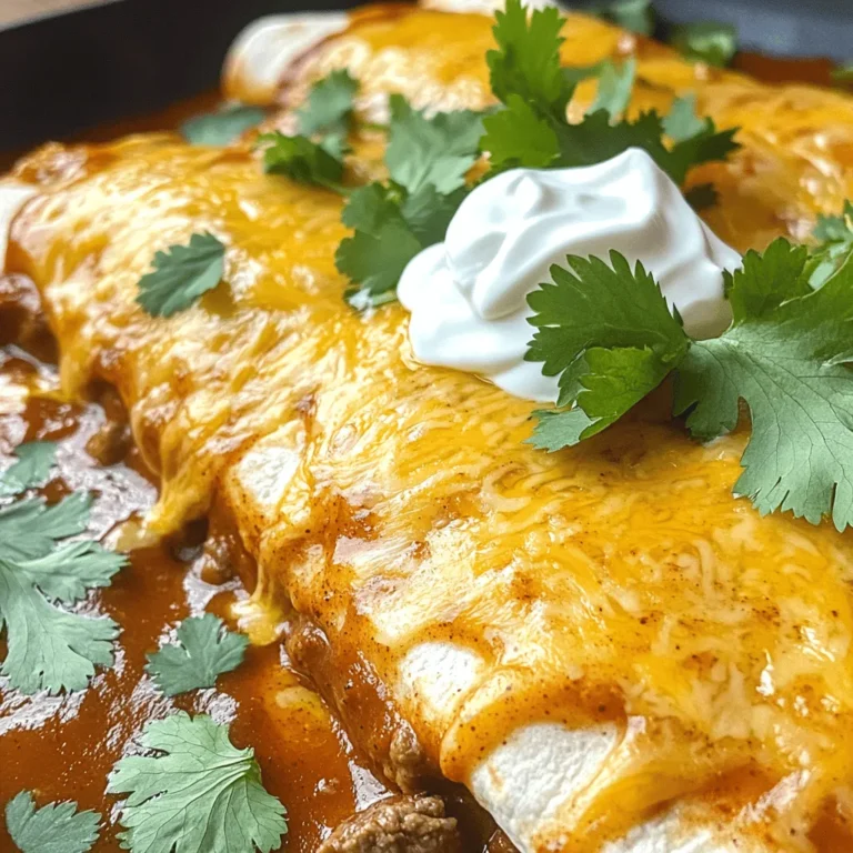 To make tasty beef enchiladas, you need some simple ingredients. Here’s what you'll gather: - 1 pound ground beef - 1 small onion, diced - 2 cloves garlic, minced - 1 teaspoon chili powder - 1 teaspoon cumin - 1 can (15 oz) black beans, rinsed and drained - 1 cup corn kernels (fresh or frozen) - 1 cup shredded cheese (cheddar or Mexican blend) - 8 medium flour tortillas - 2 cups enchilada sauce (store-bought or homemade) - 1/2 cup sour cream - Fresh cilantro, for garnish - Salt and pepper, to taste These ingredients create a rich flavor in every bite. The beef, beans, and corn combine nicely to give a hearty filling. The spices add warmth without being too spicy. You can make your enchiladas even better with a few toppings. Here are some ideas: - Avocado slices - Sliced jalapeños - Diced tomatoes - Shredded lettuce - Extra cheese - Lime wedges These toppings will add freshness and crunch. Customize your dish to match your taste! You’ll need some basic tools to prepare your enchiladas. Here’s what I recommend: - Large skillet - 9x13 inch baking dish - Cutting board - Knife - Spoon or spatula - Aluminum foil Having the right equipment makes cooking easier. This setup helps you cook the beef and bake the enchiladas perfectly. For the full recipe, be sure to check out the details! To start, gather your ingredients. Heat a large skillet over medium heat. Add the ground beef and cook it until it turns brown. This takes about 5-7 minutes. Drain any fat from the pan. Next, add the diced onion and minced garlic. Sauté them until the onion is soft and clear, which takes about 3-4 minutes. Now, it's time to add flavor. Stir in the chili powder, cumin, salt, and pepper. Cook this mix for about 2 minutes. This allows the spices to release their flavors. Add the black beans and corn to the skillet. Stir well and cook for another 2-3 minutes until everything is warm. Once your beef filling is ready, it’s time to assemble. Spread about 1/2 cup of enchilada sauce on the bottom of a 9x13 inch baking dish. Lay out your flour tortillas on a clean surface. Spoon around 1/4 cup of the beef filling onto each tortilla. Sprinkle some cheese on top. Now, roll each tortilla tightly and place them seam-side down in the baking dish. Repeat this until all the tortillas are filled. Next, pour the remaining enchilada sauce over the rolled enchiladas. Make sure they are well covered. Finally, sprinkle the remaining cheese on top. Preheat your oven to 375°F (190°C). Cover the baking dish with foil. Bake for 20 minutes. After that, remove the foil and bake for another 10 minutes. The cheese should be bubbling and golden. Let the enchiladas cool for a few minutes before serving. Top each plate with a dollop of sour cream and some fresh cilantro for a nice touch. Enjoy your tasty meal! For the complete recipe, check out the Full Recipe. To make the best beef enchiladas, focus on fresh ingredients. Use good-quality ground beef and fresh veggies. Sauté onions and garlic well to bring out their flavors. Season the meat mix well with spices. This builds depth in taste. Make sure to roll the tortillas tightly. This keeps the filling inside during baking. Use a good amount of enchilada sauce to keep things moist. This will prevent dry spots in your dish. If you're short on time, consider these tips. You can use store-bought enchilada sauce and tortillas. This saves prep time. You can also prepare the beef filling a day ahead. Just store it in the fridge. When you're ready to cook, assemble and bake. Another shortcut is to use a slow cooker. Cook the beef filling on low for a few hours. This gives you tender meat without much fuss. Avoid overcooking the beef. It should be browned but not dry. Don't skip the garlic and onion; they add much-needed flavor. If you don't use enough sauce, your enchiladas may turn out dry. Don't forget to cover the baking dish with foil at first. This helps the cheese melt and keeps the dish moist. Lastly, let the enchiladas cool a bit before serving. This allows the flavors to settle and makes them easier to serve. For the full recipe, check out the section above. {{image_2}} You can make beef enchiladas vegetarian by swapping the beef for veggies. Use mushrooms, zucchini, or bell peppers for great flavor. You can also add beans for protein. Black beans or pinto beans work well. Don’t forget to use your favorite cheese to keep it cheesy and delicious! If you want to try different proteins, ground turkey or chicken are great options. You can also use shredded rotisserie chicken for a quick meal. For a twist, try shredded pork or even fish. Each protein brings its own flavor, so pick what you love most. To change the spice level, add more chili powder or jalapeños. If you want it milder, use less chili powder. You can also use green enchilada sauce for a different taste. Remember, the heat builds up as you cook, so start small and taste as you go. To store leftover enchiladas, let them cool first. Place them in an airtight container. You can keep them in the fridge for up to three days. Be sure to cover them well to prevent drying out. If you want to keep them longer, freezing is a great option. To freeze enchiladas, wrap each one tightly in plastic wrap. Then, place them in a freezer-safe bag or container. They can last up to three months in the freezer. When you're ready to eat them, just thaw them in the fridge overnight before reheating. To reheat enchiladas, preheat the oven to 350°F (175°C). Place the enchiladas in a baking dish. Add a little extra enchilada sauce on top to keep them moist. Cover with foil and bake for about 20 minutes. Remove the foil for the last five minutes to warm the cheese. Enjoy your easy beef enchiladas just as if they were fresh! For the full recipe, check out the instructions above. Beef enchiladas stand out due to their rich filling made with seasoned ground beef. The choice of meat adds depth and flavor. Other enchiladas might use chicken, cheese, or beans. The beef also pairs well with the spices used in the dish. This combination creates a hearty meal that feels filling and satisfying. Using tortilla chips will change the dish significantly. Chips won't hold the beef filling well like tortillas do. If you want a crispy texture, consider making a layered dish instead. Simply layer chips, beef, sauce, and cheese in a baking dish. Then bake it until it's warm and bubbly. Making enchilada sauce at home is simple and rewarding. You will need: - 2 tablespoons olive oil - 2 tablespoons chili powder - 1 teaspoon cumin - 1 teaspoon garlic powder - 1 can (15 oz) tomato sauce - 1 cup vegetable broth - Salt and pepper to taste 1. Heat the olive oil in a saucepan over medium heat. 2. Add chili powder, cumin, and garlic powder. Stir for about 30 seconds. 3. Pour in the tomato sauce and broth, mixing well. 4. Simmer for 10-15 minutes until the sauce thickens. 5. Season to taste with salt and pepper. This sauce is perfect for your beef enchiladas. You can also find a full recipe for beef enchiladas in our earlier section. Enjoy! Beef enchiladas are simple and tasty. We explored the main and optional ingredients, the tools you need, and easy steps to cook them. I shared tips to improve your enchiladas and avoid common mistakes. You also saw variations for different diets and how to store leftovers. With all this, you can create great enchiladas that everyone will love. Enjoy your cooking and take your time. Good meals bring good times!