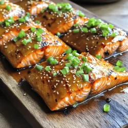 - 4 salmon fillets (6 oz each) - 1/4 cup soy sauce - 1/4 cup honey - 2 tablespoons fresh ginger, grated - 2 cloves garlic, minced - 1 tablespoon sesame oil - 1 tablespoon rice vinegar - 1 tablespoon green onions, finely chopped - 1 tablespoon sesame seeds - Salt and pepper, to taste Gather these simple ingredients to make honey soy glazed salmon. The main ingredients are salmon, soy sauce, and honey. Each adds flavor and moisture. The soy sauce gives a salty kick, while honey brings sweetness. Together, they create a tasty glaze. Next, we add ginger and garlic for depth. Ginger adds warmth and a slight spice. Garlic gives a savory note. Sesame oil adds a nutty touch that enhances the dish. For the finishing touches, use rice vinegar. It adds a nice tang to balance the sweetness. Green onions and sesame seeds make great garnishes. They add color and texture to your dish. With these ingredients, you're ready to create a delicious meal. Check out the Full Recipe for complete details on cooking honey soy glazed salmon. Start by whisking together the following ingredients in a bowl: - 1/4 cup soy sauce - 1/4 cup honey - 2 tablespoons fresh ginger, grated - 2 cloves garlic, minced - 1 tablespoon sesame oil - 1 tablespoon rice vinegar Make sure your mixture is smooth and well blended. This is key for great flavor. Next, take your salmon fillets and place them in a shallow dish. Pour the marinade over the salmon. Make sure each fillet is fully coated. This step is crucial for flavor. Cover the dish and refrigerate for at least 30 minutes. This allows the salmon to soak up all those tasty flavors. Now, it’s time to cook! Preheat your grill or broiler to medium-high heat. If you are grilling, lightly oil the grill grates to keep the salmon from sticking. Remove the salmon from the marinade, and save it for later. Season the fillets with a pinch of salt and pepper. Grill or broil the salmon for about 5-6 minutes per side. You’ll know it’s ready when it easily flakes with a fork. To add extra flavor, baste the salmon with the reserved marinade halfway through cooking. Once cooked, place the salmon on a serving platter. Drizzle any remaining marinade over the top. Garnish with chopped green onions and sesame seeds for texture and taste. This recipe is simple yet packed with flavor. For the full recipe, check out the details above! Basting is key to a great glaze. It adds flavor and shine. When you baste, the glaze sticks better. Use a brush to coat the salmon halfway through cooking. This simple step makes a big difference. Cooking times depend on salmon thickness. Thicker fillets need more time. Thin fillets cook faster. To check doneness, use a fork. If it flakes easily, it’s ready. You can add spices or herbs to boost flavor. Consider using cayenne for heat or dill for freshness. These small changes can make your dish unique. Pair your salmon with sides for a full meal. Rice or veggies work well. You can also serve it with a light salad. This balance makes your dinner exciting. For grilling, a good grill is a must. If you broil, use a sturdy baking sheet. Both methods work well for this recipe. To maximize salmon's flavor, use a non-stick surface. This keeps the fish juicy. A meat thermometer is also useful. It ensures your salmon is cooked perfectly. For the full recipe, check out the detailed steps. Happy cooking! {{image_2}} You can cook honey soy glazed salmon in different ways. The oven and grill both work well. When using the oven, preheat it to 400°F. Place the salmon on a baking sheet and bake for about 12-15 minutes. This method keeps the fish moist. Grilling gives the salmon a nice smoky flavor. Heat your grill to medium-high. Grill the salmon for about 5-6 minutes on each side. This creates a delicious char while keeping the inside tender. You can also pan-sear the salmon for a crispy crust. Heat a non-stick pan over medium heat. Add a little oil and place the salmon skin-side down. Cook for 4-5 minutes, then flip and cook for another 3-4 minutes. This method adds a nice golden color to the fish. Want to change up the taste? Add citrus like lemon or lime to your marinade. The bright acidity balances the sweetness of honey. Squeeze some juice over the salmon after cooking for extra zing. For those who love heat, try adding chili flakes or sriracha to the marinade. This gives your dish a spicy kick that pairs well with the sweet glaze. You can adjust the heat level based on your taste. If you need gluten-free options, use tamari instead of regular soy sauce. Tamari has a similar flavor and works perfectly in this recipe. If you want a low-sugar version, try using a sugar substitute in the marinade. You can also reduce the amount of honey to keep the dish healthier. These options still keep the flavors vibrant and delicious. For the full recipe, check out the detailed steps to make this meal at home. To keep honey soy glazed salmon fresh, store leftovers in an airtight container. This helps lock in flavor and moisture. Place the salmon in the fridge right after serving. It will stay fresh for up to three days. Always check for signs of spoilage before eating. If it smells off or looks discolored, it’s best to toss it. You can freeze marinated salmon for later use. Wrap each fillet tightly in plastic wrap and then place it in a freezer bag. Try to remove as much air as possible to prevent freezer burn. This salmon can stay good frozen for up to three months. When you're ready to cook, thaw it in the fridge overnight. This slow thaw keeps the texture nice. For reheating, you can use a microwave or an oven. If using the microwave, place the salmon on a microwave-safe plate. Heat it in short bursts, checking often to avoid drying it out. The oven works well too. Preheat it to 350°F (175°C) and place the salmon on a baking sheet. Cover it with foil to keep it moist. Heat for about 10-15 minutes, or until warm. Always aim for a tender bite. Enjoy your meal! For the full recipe, check out Honey Soy Glazed Salmon. You should marinate honey soy glazed salmon for at least 30 minutes. This time allows the salmon to soak up the flavors. For best results, marinate for 1 to 2 hours. If you have more time, try overnight. The longer it sits, the more tasty it becomes. Yes, you can use other types of fish like trout or tilapia. These fish will change the flavor a bit. Trout has a richer taste, while tilapia is milder. Both options will still pair well with the honey soy glaze. Honey soy glazed salmon pairs well with many sides. Here are a few tasty options: - Steamed rice - Roasted vegetables - Spinach salad - Quinoa These sides will balance the sweet and salty flavors of the salmon. Honey soy glazed salmon is a healthy choice. Salmon is high in omega-3 fatty acids, which are good for your heart. The honey adds some natural sweetness, while the soy sauce gives you protein. In moderation, this dish can fit into a balanced diet. In this blog post, we explored how to make honey soy glazed salmon. We covered the key ingredients, from fresh salmon to flavorful marinades. I shared step-by-step instructions for marinating and cooking, along with tips for the perfect glaze. You also learned about variations, storage, and answers to common questions. With these insights, you can create a delicious meal that fits various diets. Enjoy experimenting with flavors, and impress your family and friends with your cooking skills!
