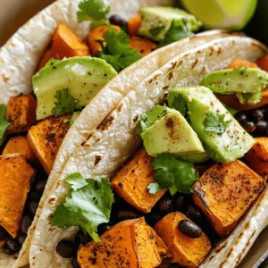 - 2 medium sweet potatoes, peeled and diced - 1 can (15 oz) black beans, drained and rinsed - 1 tablespoon olive oil - 1 teaspoon cumin - 1 teaspoon smoked paprika - ½ teaspoon chili powder - Salt and pepper to taste - 8 small corn tortillas - 1 avocado, sliced - ½ cup fresh cilantro, chopped - 1 lime, cut into wedges - Optional toppings: diced red onion, sour cream, or hot sauce Sweet potatoes are the star of this dish. They bring a sweet, earthy flavor. Their texture is creamy when roasted, making them delightful in tacos. Black beans add protein and fiber. They make the meal hearty and satisfying. The spices—cumin, smoked paprika, and chili powder—bring warmth and depth. Olive oil helps the sweet potatoes roast nicely, giving them a crispy outside. Fresh cilantro and lime brighten the dish. The creamy avocado adds richness and balances the spices. You can find quality sweet potatoes at local farmers' markets or grocery stores. Look for firm, smooth skin without blemishes. Canned black beans are available in most supermarkets. Choose low-sodium options for a healthier choice. For spices, visit a specialty store for fresh, fragrant options. Fresh cilantro and ripe avocados are best at local markets. Lastly, corn tortillas can be found in the refrigerated section or in the ethnic foods aisle. For a full recipe, you can check the Sweet Potato Black Bean Tacos section. To start, preheat your oven to 400°F (200°C). This ensures the sweet potatoes roast nicely. Next, take your two medium sweet potatoes, peel them, and dice them into small cubes. Then, spread the diced sweet potatoes on a baking sheet. Drizzle with one tablespoon of olive oil. Sprinkle one teaspoon of cumin, one teaspoon of smoked paprika, and half a teaspoon of chili powder over the top. Add salt and pepper to taste. Toss everything together to coat the sweet potatoes evenly. This mix of spices gives the sweet potatoes a warm flavor. Roast them in the oven for about 25-30 minutes. You’ll want them to be tender and slightly caramelized. Toss them halfway through to ensure they cook evenly. While the sweet potatoes roast, you can prepare the black beans. Open a can of black beans (15 ounces) and drain them. Rinse them under cold water to remove any excess salt. Heat a skillet over medium heat and add the rinsed black beans. Cook for 3-5 minutes until they are warmed through. Season with salt and pepper to taste. This step adds protein and fiber to your tacos. Black beans pair perfectly with the sweet potatoes in flavor and texture. Now it’s time to assemble your tacos! First, heat the corn tortillas in a dry skillet over medium heat. Warm each tortilla for about 30 seconds on each side. This makes them soft and easy to fold. Once warmed, take a tortilla and add a spoonful of roasted sweet potatoes. Follow that with a few spoonfuls of black beans. Top it all off with sliced avocado and chopped cilantro. If you like, you can squeeze fresh lime over the top for a bright flavor. Serve your tacos with lime wedges and any optional toppings you want, like diced red onion or sour cream. Enjoy your delicious creation! For the complete recipe, check out the Full Recipe. To get the best flavor from sweet potatoes, roasting is key. Roasting brings out their natural sweetness and gives them a nice texture. Start by peeling and dicing the sweet potatoes into small cubes. This helps them cook evenly. Toss them with olive oil and spices for added flavor before roasting. I like to use cumin, smoked paprika, and chili powder. Bake them at 400°F (200°C) for about 25-30 minutes. Check them halfway through and toss for even cooking. Warming tortillas is simple but crucial for tasty tacos. I use a dry skillet over medium heat for this. Place the corn tortillas in the skillet for about 30 seconds on each side. You want them soft and pliable. If you have a larger batch, stack them in a clean kitchen towel to keep them warm. This way, they stay soft while you build your tacos. When serving your sweet potato black bean tacos, add fresh toppings for a burst of flavor. Sliced avocado and chopped cilantro pair well with the sweet potatoes. Lime wedges are a must for squeezing over the tacos. For extra zing, consider adding diced red onion, a dollop of sour cream, or a splash of hot sauce. These small touches make a big difference in taste. For the full recipe, check out the detailed steps provided earlier. {{image_2}} To make your sweet potato black bean tacos even more exciting, you can add fun toppings. Try diced red onion for a crunchy bite. A dollop of sour cream adds creaminess. Hot sauce can give a nice kick. You can also top with shredded cheese or jalapeños for extra flavor. Each addition can bring a new twist to your meal. You can switch up how you cook the sweet potatoes. Instead of roasting, try grilling them. Cut the sweet potatoes into thick slices and grill them until soft. This method adds a smoky taste. Another option is to steam the sweet potatoes. Steaming keeps them tender and moist. You can also microwave them for a quick method. Just poke holes in the potatoes and cook until soft. These tacos are easy to adapt for different diets. They are naturally vegan and gluten-free. If you want to add protein, consider grilled chicken or shrimp. For a lower-carb option, use lettuce wraps instead of tortillas. You can also swap black beans for lentils or chickpeas. This gives a different flavor while keeping the meal healthy. To store leftover tacos, first, separate the filling from the tortillas. Place the sweet potato and black bean mixture in an airtight container. Keep the corn tortillas in a separate bag or container. This helps keep them from getting soggy. Store everything in the fridge. It will be good for up to three days. When you're ready to eat, reheat the filling in a skillet. Heat it over medium heat until warm. This keeps the flavors fresh. For tortillas, warm them in a dry skillet. Heat each side for about 30 seconds. This way, they stay soft and tasty. If you want to save tacos for later, freeze the filling. Place the sweet potato and black bean mix in a freezer bag. Remove as much air as possible before sealing. You can freeze it for up to three months. When you're ready to eat, thaw it overnight in the fridge. Then, reheat it on the stove. Enjoy your tasty meal again! For the full recipe, check out the complete guide for making these delicious tacos. Each taco has about 200-250 calories. The exact count depends on the toppings you choose. Sweet potatoes add healthy carbs, while black beans offer protein and fiber. If you use avocado or sour cream, that will change the total. This meal is filling but still light, perfect for lunch or dinner. Yes, you can prepare the sweet potatoes and black beans ahead of time. Store them in separate containers in the fridge. When you are ready to eat, just warm them up and assemble the tacos. The tortillas can also be warmed in a pan right before serving. This way, you save time and still enjoy a fresh meal. There are many tasty toppings you can try! Here are some great options: - Sliced avocado - Chopped fresh cilantro - Diced red onion - Lime wedges - Sour cream - Hot sauce Feel free to mix and match based on what you like. Each topping adds a new flavor and texture to your tacos. For a full list of ingredients and how to make these tacos, check the Full Recipe. In this post, we explored how to make sweet potato black bean tacos. We covered key ingredients and where to find them. You learned how to prepare sweet potatoes and cook black beans. Assembling the tacos was made simple with step-by-step instructions. I shared tips for cooking techniques and warming tortillas. We discussed variations to suit different diets and flavors. Finally, I provided storage info to keep leftovers fresh. Enjoy these tasty tacos for many meals!
