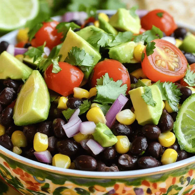 - 1 can (15 oz) black beans, rinsed and drained - 1 can (15 oz) corn, drained - 1 red bell pepper, diced - 1 green bell pepper, diced Black beans bring protein and fiber, making this salad filling. Corn adds a sweet crunch. Using both red and green bell peppers adds color and taste. Each bite bursts with flavor. - 1 small red onion, finely chopped - 1 cup cherry tomatoes, halved - 1 avocado, diced Red onion gives a sharp taste that balances the salad. Cherry tomatoes add juicy sweetness. Avocado contributes creaminess and healthy fats. Together, these ingredients create a vibrant mix. - 2 tablespoons lime juice - 1 tablespoon olive oil - 1 teaspoon ground cumin - 1 teaspoon chili powder - Salt and pepper to taste The dressing ties everything together. Lime juice brings brightness, while olive oil adds richness. Cumin and chili powder add a warm spice. Season with salt and pepper for the perfect blend. For the full recipe, click [Full Recipe]. First, grab a large mixing bowl. In this bowl, combine the rinsed black beans and drained corn. These two ingredients start our salad with great flavor and texture. Next, add the diced red bell pepper and green bell pepper. They bring a nice crunch and bright color. Then, toss in the finely chopped red onion and halved cherry tomatoes. These veggies add sweetness and depth to the dish. Finally, gently fold in the diced avocado and chopped cilantro. Be careful not to mash the avocado; you want nice chunks for a creamy bite. Now, let’s make the dressing. In a small bowl, whisk together the lime juice and olive oil. This adds zest and richness. Next, add ground cumin and chili powder. These spices give our salad that Southwest kick. Whisk until the mixture is smooth and well combined. Taste it and adjust if needed. You may want a little more lime juice or salt. This dressing is key to bringing all the flavors together. Pour the dressing over the salad mixture. Use a large spoon to toss everything gently. You want all the ingredients coated but not broken apart. After mixing, taste the salad. Adjust the seasoning with more salt, pepper, or lime juice as desired. For the best flavor, chill the salad in the refrigerator for at least 30 minutes. This allows the tastes to meld together. Serve it in a colorful bowl for a beautiful presentation. Enjoy your fresh and flavorful Southwest Black Bean Salad! For the full recipe, check out the [Full Recipe]. To make your Southwest Black Bean Salad shine, think bright colors. Serve it in a large bowl. A colorful bowl adds to the fun. You can also layer it in a glass dish for a neat look. Garnishing makes a big difference. Add fresh cilantro leaves on top. You might squeeze some lime wedges around the bowl, too. This adds a fresh touch and a pop of color. For extra flavor, consider spices. Ground cumin and chili powder are great choices. They add warmth and depth. You can also try smoked paprika for a smoky twist. Fresh herbs can lift the dish. Cilantro is a must, but don’t forget about fresh parsley or green onions. They add brightness and flavor. Be careful not to over-mix the salad. Gentle folding keeps the avocado intact. It makes the salad look pretty, too. Also, don't skip chilling it. Letting the salad sit for 30 minutes helps the flavors blend. It makes every bite tasty. Enjoy your Southwest Black Bean Salad with these tips in mind! {{image_2}} You can add protein to your Southwest black bean salad in several ways. Grilled chicken or shrimp makes a great addition. Just cook the meat, let it cool, and chop it up. Toss it in with the salad for a hearty meal. If you prefer vegetarian options, try adding diced tofu or roasted chickpeas. They will give you the protein boost you need without meat. Don't be afraid to swap ingredients in this salad. You can use different beans if you want. Navy beans or pinto beans work well too! They add their own flavor and texture. Try using a different dressing to change the taste. A tangy vinaigrette or a creamy avocado dressing can make it special. Experiment with what you have and find your favorites! This salad shines with Southwestern flavors, but you can give it a global twist. Add some fresh mango for a tropical vibe or sprinkle in feta cheese for a Mediterranean touch. You could even mix in some Asian flavors by adding sesame oil and chopped peanuts. The possibilities are endless! Your salad can tell a story through its ingredients. For the full recipe, check out the link above! To keep your Southwest Black Bean Salad fresh, store it in an airtight container. This method helps keep moisture in and air out. It stays good for about 3 to 5 days in the fridge. Always check for any signs of spoilage before eating. Yes, you can freeze this salad! However, I recommend freezing only the beans and corn mix. The fresh veggies may lose their crunch. To freeze, place the mix in a freezer-safe bag. For reheating, let it thaw overnight in the fridge. Heat in the microwave for a minute or two before serving. You can easily repurpose leftovers. Use them as a filling for tacos or burritos. Toss them with cooked quinoa for a hearty bowl meal. You can also make meal prep a breeze by packing portions in containers. This way, you have a quick lunch or snack ready to go! A Southwest Black Bean Salad is a fresh dish packed with flavor. It often includes black beans, corn, and bell peppers. You can also find red onion, cherry tomatoes, and avocado in it. Each ingredient adds a tasty touch. This salad is colorful and nutritious. It's perfect as a side or a light meal. You can make it even better by adding lime juice and spices. Check out the Full Recipe for all the details. If you love heat, there are many ways to spice up your salad. You can add diced jalapeños or serrano peppers for a kick. Another option is to sprinkle in some cayenne pepper or hot sauce. You might also try using chipotle powder for a smoky flavor. Remember to start small. You can always add more heat if needed. Taste as you go to find the right balance that suits you. Yes, you can easily make this salad ahead of time. It holds up well in the fridge. Just keep in mind a few tips for best results. Prepare the salad and let it chill for about 30 minutes. This helps the flavors blend. If you want to make it a day early, store the dressing separately. Mix it in right before serving. This way, the veggies stay fresh and crisp. Enjoy your meal prep! This blog post explored how to make a delicious Southwest Black Bean Salad. You learned about the key ingredients like black beans, corn, and fresh vegetables. We covered simple steps for preparation, mixing, and assembling. You also discovered helpful tips for serving, enhancing flavors, and avoiding common mistakes. Lastly, we discussed storage options and variations for a unique twist. Try this salad to enjoy fresh flavors, and feel free to experiment with new ingredients. Happy cooking!