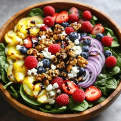 To make a delicious Summer Berry Spinach Salad, gather these key items: - 6 cups fresh baby spinach - 1 cup strawberries, hulled and sliced - 1 cup blueberries - 1 cup raspberries - 1/2 cup crumbled feta cheese - 1/2 cup candied walnuts - 1/4 red onion, thinly sliced These ingredients give the salad its fresh taste and vibrant look. The spinach acts as a healthy base, while the berries add sweetness and color. Feta cheese brings a creamy, salty kick, and walnuts add crunch. Feel free to customize this salad based on your taste. Here are some ideas: - Swap feta cheese for goat cheese for a tangy twist. - Use pecans instead of walnuts for a different nutty flavor. - Add avocado for creaminess, or toss in some grilled chicken for protein. - Try adding cucumber for extra crunch or a splash of citrus for brightness. These changes can make the salad unique and suit your palate better. The dressing ties everything together. Here are the simple ingredients you need: - 1/4 cup balsamic glaze - 2 tablespoons olive oil - Salt and pepper to taste Mix these together for a quick and tasty vinaigrette. The balsamic glaze adds sweetness, while olive oil gives smoothness. Adjust the salt and pepper to get the flavor just right. For the full recipe, check out the Summer Berry Spinach Salad section! Start by washing your fresh baby spinach. Use cold water and pat it dry. You can also use a salad spinner for this. This step is key to keeping the spinach crisp. Next, hull and slice your strawberries. Measure out your blueberries and raspberries too. Keep everything ready in front of you. In a large salad bowl, combine the baby spinach, sliced strawberries, blueberries, and raspberries. Gently toss these ingredients together. You want them to mix well without bruising the fruit. Now, add in the crumbled feta cheese and candied walnuts. Make sure they spread evenly throughout the salad for the best flavor. In a small bowl, whisk together the balsamic glaze and olive oil. Add salt and pepper to taste. This dressing is simple but packs a punch. Drizzle it generously over your salad. Toss the salad again to coat all the ingredients. Lastly, scatter the thinly sliced red onion on top. This adds a pop of color and flavor. For the full recipe, check out the [Full Recipe]. To keep your salad fresh, choose the best ingredients. Look for crisp spinach with vibrant green leaves. Select berries that are plump and firm. Wash all produce just before use. Do not wash spinach until you are ready to serve. This helps prevent wilting. Store any leftovers in an airtight container in the fridge. Serve this salad chilled for the best flavor. You can place it on a large platter for sharing or divide it into individual bowls. For a fun twist, add a sprinkle of extra feta and whole berries on top. This adds color and texture. If you want a crunch, serve with pita chips on the side. This salad pairs well with many proteins. Grilled chicken adds heartiness and flavor. You could also use shrimp for a seafood touch. For a meatless option, try adding chickpeas or grilled tofu. Each of these proteins boosts the salad's nutrition and taste. Experiment with different options to find your favorite match. For the full recipe, check out the Summer Berry Spinach Salad section. {{image_2}} You can swap fruits based on what is fresh. Use peaches, cherries, or blackberries. Each fruit adds a new flavor. For a tropical twist, try mango or pineapple. They pair well with the spinach and dressing. The key is to keep it colorful and vibrant. If you want to change the greens, use kale or arugula. These options bring a different taste and texture. Baby kale is tender and works great. Arugula adds a peppery kick. You can also mix spinach with other greens for more taste. To make this salad vegan, skip the feta cheese. Instead, use avocado or tofu for creaminess. Nuts can add protein and crunch. You can also try a vegan cheese alternative. Just make sure it melts well if you want a tasty topping. To store leftovers, place the salad in an airtight container. If you have dressing left, store it separately. This will keep the salad fresh and crisp for later. Use glass containers for the best results. They do not absorb odors. You can also use plastic containers that seal tightly. Make sure they are clean and dry before use. You don’t need to heat this salad. It tastes great cold. For best flavor, serve it straight from the fridge. If you prefer, drizzle extra dressing on top just before serving. Enjoy your Summer Berry Spinach Salad fresh! For the full recipe, check out the details above. Yes, you can make this salad ahead. Just prepare the spinach and berries. But wait to add the dressing until you are ready to serve. This keeps the salad fresh and crunchy. If you don’t have feta cheese, try goat cheese or cottage cheese. Both add a nice creaminess. You can also skip the cheese for a dairy-free option. This salad is already gluten-free! Just be sure to check the balsamic glaze label. Some brands may add gluten, so look for the gluten-free seal. This salad pairs well with grilled chicken or fish. You can also serve it with a warm quiche or a light soup. It makes a great side dish for summer meals. Yes, you can easily double or triple the recipe. Just keep the same ratios for the ingredients. This works great for parties or family gatherings. For the Full Recipe, check out the main article. This blog post covered the key ingredients and steps for making a delicious salad. I shared tips for freshness, serving, and pairing with proteins. You learned about variations for fruits and greens and how to store leftovers properly. Remember, using fresh ingredients makes a big difference in taste. Feel free to get creative with ingredients and enjoy your salad-making journey! Your unique flair will bring this dish to life.