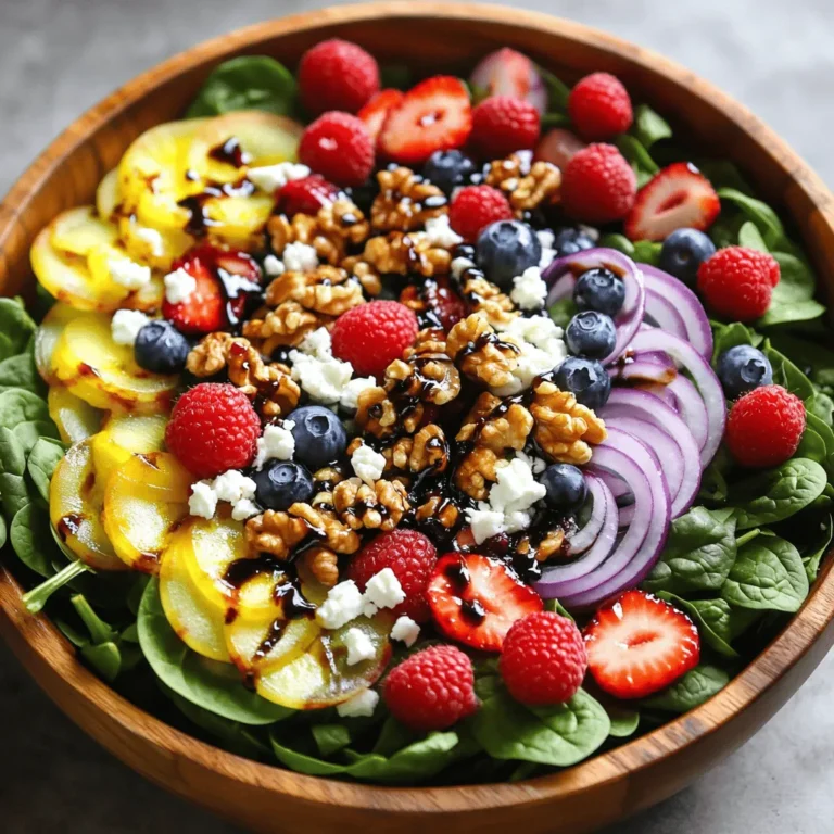 To make a delicious Summer Berry Spinach Salad, gather these key items: - 6 cups fresh baby spinach - 1 cup strawberries, hulled and sliced - 1 cup blueberries - 1 cup raspberries - 1/2 cup crumbled feta cheese - 1/2 cup candied walnuts - 1/4 red onion, thinly sliced These ingredients give the salad its fresh taste and vibrant look. The spinach acts as a healthy base, while the berries add sweetness and color. Feta cheese brings a creamy, salty kick, and walnuts add crunch. Feel free to customize this salad based on your taste. Here are some ideas: - Swap feta cheese for goat cheese for a tangy twist. - Use pecans instead of walnuts for a different nutty flavor. - Add avocado for creaminess, or toss in some grilled chicken for protein. - Try adding cucumber for extra crunch or a splash of citrus for brightness. These changes can make the salad unique and suit your palate better. The dressing ties everything together. Here are the simple ingredients you need: - 1/4 cup balsamic glaze - 2 tablespoons olive oil - Salt and pepper to taste Mix these together for a quick and tasty vinaigrette. The balsamic glaze adds sweetness, while olive oil gives smoothness. Adjust the salt and pepper to get the flavor just right. For the full recipe, check out the Summer Berry Spinach Salad section! Start by washing your fresh baby spinach. Use cold water and pat it dry. You can also use a salad spinner for this. This step is key to keeping the spinach crisp. Next, hull and slice your strawberries. Measure out your blueberries and raspberries too. Keep everything ready in front of you. In a large salad bowl, combine the baby spinach, sliced strawberries, blueberries, and raspberries. Gently toss these ingredients together. You want them to mix well without bruising the fruit. Now, add in the crumbled feta cheese and candied walnuts. Make sure they spread evenly throughout the salad for the best flavor. In a small bowl, whisk together the balsamic glaze and olive oil. Add salt and pepper to taste. This dressing is simple but packs a punch. Drizzle it generously over your salad. Toss the salad again to coat all the ingredients. Lastly, scatter the thinly sliced red onion on top. This adds a pop of color and flavor. For the full recipe, check out the [Full Recipe]. To keep your salad fresh, choose the best ingredients. Look for crisp spinach with vibrant green leaves. Select berries that are plump and firm. Wash all produce just before use. Do not wash spinach until you are ready to serve. This helps prevent wilting. Store any leftovers in an airtight container in the fridge. Serve this salad chilled for the best flavor. You can place it on a large platter for sharing or divide it into individual bowls. For a fun twist, add a sprinkle of extra feta and whole berries on top. This adds color and texture. If you want a crunch, serve with pita chips on the side. This salad pairs well with many proteins. Grilled chicken adds heartiness and flavor. You could also use shrimp for a seafood touch. For a meatless option, try adding chickpeas or grilled tofu. Each of these proteins boosts the salad's nutrition and taste. Experiment with different options to find your favorite match. For the full recipe, check out the Summer Berry Spinach Salad section. {{image_2}} You can swap fruits based on what is fresh. Use peaches, cherries, or blackberries. Each fruit adds a new flavor. For a tropical twist, try mango or pineapple. They pair well with the spinach and dressing. The key is to keep it colorful and vibrant. If you want to change the greens, use kale or arugula. These options bring a different taste and texture. Baby kale is tender and works great. Arugula adds a peppery kick. You can also mix spinach with other greens for more taste. To make this salad vegan, skip the feta cheese. Instead, use avocado or tofu for creaminess. Nuts can add protein and crunch. You can also try a vegan cheese alternative. Just make sure it melts well if you want a tasty topping. To store leftovers, place the salad in an airtight container. If you have dressing left, store it separately. This will keep the salad fresh and crisp for later. Use glass containers for the best results. They do not absorb odors. You can also use plastic containers that seal tightly. Make sure they are clean and dry before use. You don’t need to heat this salad. It tastes great cold. For best flavor, serve it straight from the fridge. If you prefer, drizzle extra dressing on top just before serving. Enjoy your Summer Berry Spinach Salad fresh! For the full recipe, check out the details above. Yes, you can make this salad ahead. Just prepare the spinach and berries. But wait to add the dressing until you are ready to serve. This keeps the salad fresh and crunchy. If you don’t have feta cheese, try goat cheese or cottage cheese. Both add a nice creaminess. You can also skip the cheese for a dairy-free option. This salad is already gluten-free! Just be sure to check the balsamic glaze label. Some brands may add gluten, so look for the gluten-free seal. This salad pairs well with grilled chicken or fish. You can also serve it with a warm quiche or a light soup. It makes a great side dish for summer meals. Yes, you can easily double or triple the recipe. Just keep the same ratios for the ingredients. This works great for parties or family gatherings. For the Full Recipe, check out the main article. This blog post covered the key ingredients and steps for making a delicious salad. I shared tips for freshness, serving, and pairing with proteins. You learned about variations for fruits and greens and how to store leftovers properly. Remember, using fresh ingredients makes a big difference in taste. Feel free to get creative with ingredients and enjoy your salad-making journey! Your unique flair will bring this dish to life.