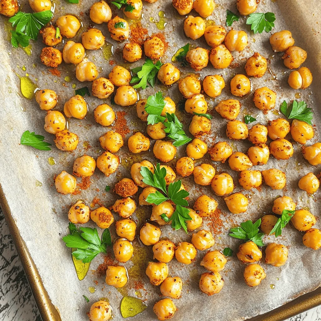 For this spicy roasted chickpeas recipe, you will need: - 1 can (15 oz) chickpeas, drained and rinsed - 2 tablespoons olive oil - 1 teaspoon smoked paprika - 1 teaspoon ground cumin - 1 teaspoon garlic powder - 1/2 teaspoon cayenne pepper (adjust for spice level) - Salt, to taste - Fresh parsley, chopped (for garnish) You can easily adjust the spice to fit your taste. If you want a milder snack, use less cayenne pepper. You can also swap olive oil with avocado oil for a different flavor. If you don't have smoked paprika, regular paprika works too. Each change can create a new twist on the recipe. Chickpeas are great for you! They are high in protein and fiber. This makes them filling and helps keep your energy up. Eating chickpeas can support heart health too. They contain vitamins and minerals, like iron and magnesium, that our bodies need. Plus, they are low in fat, which is a bonus for healthy snacking. With this recipe, you can enjoy a tasty treat and a healthy one at that! To make the best spicy roasted chickpeas, start with canned chickpeas. Drain and rinse them well. This removes the salty liquid. Next, dry them with a clean towel. Removing moisture is key. It helps the chickpeas get nice and crunchy. If you use dried chickpeas, soak them overnight before cooking. Preheat your oven to 400°F (200°C). This ensures even cooking. Line a baking sheet with parchment paper. It prevents sticking and makes cleanup easier. Toss the dried chickpeas in a bowl with olive oil and spices. The spices add flavor and kick. Spread them out in a single layer on the sheet. Roast for 20-25 minutes. Stir them halfway through to cook evenly. Keep an eye on them to avoid burning. After roasting, take them out of the oven. Let them cool for a few minutes. They will become crispier as they cool. To check for crunchiness, taste one. If it’s not crunchy enough, you can roast them a bit longer. Adjust the salt and spices to your liking before serving. For the full recipe, check the section above. Enjoy your delicious snack! To get your chickpeas super crispy, start by drying them well. After rinsing, use a clean towel to pat them dry. Removing all moisture is key. If you skip this step, they may come out soft. Spread them out on the baking sheet in a single layer. This helps hot air circulate around each chickpea, making them crispier. Roasting them at 400°F (200°C) also helps. Stir them halfway through to ensure even cooking. Finally, let them cool a bit after roasting. They will get even crunchier as they cool. If you love spice, feel free to add more cayenne pepper. If you prefer milder snacks, cut the amount down. You can also experiment with other spices. Try adding a dash of chili powder or some black pepper for a different kick. Taste the mixture before roasting to find your perfect spice level. Remember, you can always add more spice later, but it’s hard to take it out! When mixing the ingredients, use a large bowl. This gives you room to coat all the chickpeas evenly. Pour in the olive oil first, and then add your spices. Toss the chickpeas well until every one is covered. Don't be shy! If needed, use your hands to ensure even coating. This will help the spices stick during roasting. For extra flavor, consider adding a squeeze of lemon juice or a sprinkle of nutritional yeast before roasting. This will enhance the taste and make your snack even more delicious. For the full recipe, check out the cooking instructions above. {{image_2}} You can boost the flavor of your spicy roasted chickpeas with fun herbs and spices. Try adding a teaspoon of onion powder for depth. If you want a zesty kick, lemon zest works great. You can also use a dash of curry powder for a unique twist. Fresh herbs like thyme or rosemary can add a nice touch as well. Mix and match to find your favorite blend! If you don't have an oven, you can still enjoy crunchy chickpeas. An air fryer cooks them quickly and gives a great crunch. Set your air fryer to 400°F (200°C) and cook for about 15-20 minutes. Shake the basket halfway through for even cooking. You can also try stovetop cooking. Heat a skillet over medium heat, add the chickpeas, and stir frequently until they are crispy. Just make sure to watch them closely! You can serve spicy roasted chickpeas in many fun ways. Sprinkle them over salads for added crunch and flavor. Toss them into wraps or grain bowls for a protein boost. They make a great topping for soups too. You can even serve them as a snack with yogurt dip or your favorite hummus. The options are endless, so get creative and enjoy! After making spicy roasted chickpeas, let them cool completely. This helps keep them crunchy. Store them in an airtight container. Keep them at room temperature for a few days. If you want to enjoy them longer, store in the fridge. Just make sure the container is sealed well. When your chickpeas lose their crunch, don't worry! You can easily fix this. Preheat your oven to 400°F (200°C). Spread the chickpeas on a baking sheet. Bake for about 10 minutes. Keep an eye on them to avoid burning. This will bring back their crispy texture. Spicy roasted chickpeas last about 3 to 5 days at room temperature. If you store them in the fridge, they can last up to a week. For longer storage, you can freeze them. Place the cooled chickpeas in a freezer-safe bag. They can last up to 3 months in the freezer. Just thaw and re-crisp when you're ready to enjoy them again. For the full recipe, refer to the earlier section. Yes, you can use dried chickpeas. First, soak them overnight in water. Then, cook them until soft. This takes about 1-2 hours. After that, drain and rinse them. Then, follow the same steps as in the Full Recipe. Just remember to dry them well before roasting. This helps them get crispy. To make them less spicy, reduce the cayenne pepper. You can also leave it out entirely. Adding a bit more smoked paprika or garlic powder can balance the flavor. Another option is to mix in some honey or maple syrup for a sweet touch. This will help tone down the heat. Yes, roasted chickpeas are a healthy snack. They are high in protein and fiber, which keeps you full. They also have good fats from olive oil. This makes them a great alternative to chips or cookies. Enjoy them guilt-free! Healthy roasted chickpeas are packed with flavor and nutrients. We explored ingredients, cooking methods, and tips to get them crispy. Roasting transforms humble chickpeas into a crunchy snack with endless spice options. You can make them your own with herbs or by using an air fryer. Always store leftovers properly, so they stay fresh and delicious. Enjoy your snack, knowing it’s both tasty and healthy!