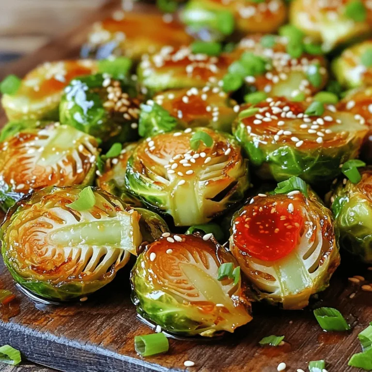 - 1 lb Brussels sprouts, trimmed and halved - 3 tablespoons honey - 2 tablespoons Sriracha sauce (adjust to taste) Brussels sprouts are the star of this dish. Their natural flavor pairs well with the sweet and spicy notes. Honey adds sweetness, while Sriracha brings the heat. You can adjust the Sriracha to fit your taste. - 2 tablespoons olive oil - 1 teaspoon garlic powder - 2 tablespoons sesame seeds (optional) Olive oil helps the sprouts roast evenly. Garlic powder adds a nice depth of flavor. Sesame seeds are optional but give a great crunch and nutty taste. - Chopped green onions - Salt and pepper Chopped green onions add freshness and color. A sprinkle of salt and pepper enhances the flavors. You can mix and match these garnishes to your liking. For the full recipe, check out the detailed steps! 1. Preheat the oven to 400°F (200°C). This heat will help our Brussels sprouts roast nicely. 2. Mix the honey Sriracha sauce. In a large bowl, combine: - 3 tablespoons honey - 2 tablespoons Sriracha sauce - 2 tablespoons olive oil - 1 teaspoon garlic powder - Salt and pepper to taste Stir until all the ingredients blend well. This sauce adds a sweet and spicy kick to your dish. 1. Coat the Brussels sprouts. Take 1 lb of trimmed and halved Brussels sprouts. Add them to the bowl with the sauce. Toss well until every sprout is coated. 2. Bake. Spread the coated Brussels sprouts on a baking sheet lined with parchment paper. Roast them for 20 to 25 minutes. Stir halfway through to ensure even cooking. Look for tender, caramelized sprouts. 1. Garnish the dish. If you like, sprinkle 2 tablespoons of sesame seeds on top during the last five minutes of roasting. This adds great texture. 2. Serve. Once done, move the Brussels sprouts to a serving dish. Top with chopped green onions for a fresh finish. Enjoy your Honey Sriracha Brussels Sprouts as a side or a light main dish. For the full recipe, check out the [Full Recipe]. Roasting Brussels sprouts can change their taste and texture. First, make sure to preheat your oven to 400°F. This high heat caramelizes the sprouts, making them sweet and crispy. Spread them out on the baking sheet in a single layer. This way, they roast evenly. Stir them halfway through cooking to avoid any burnt spots. To check for doneness, pierce a sprout with a fork. They should be tender and slightly browned. If they look golden and smell great, they are ready! You can adjust the spice level of your Honey Sriracha Brussels sprouts to fit your taste. If you want more heat, add more Sriracha. For a milder flavor, reduce the amount. You can also mix in some lime juice for a fresh twist. Consider adding extra toppings for fun textures and flavors. Chopped nuts, like almonds or peanuts, add a nice crunch. Sesame seeds also work well, giving a nutty flavor and a pretty finish. One common mistake is overcooking Brussels sprouts. They can turn mushy and lose their flavor. Keep an eye on them during roasting. Another issue is incorrect seasoning. Make sure to add enough salt and pepper before cooking. This step is key to enhancing the dish's overall taste. If you follow these tips, you will enjoy a delicious plate of Honey Sriracha Brussels sprouts. For the complete recipe, check out the Full Recipe section. {{image_2}} You can change up the sauces in this dish. If you want less heat, try a sweet chili sauce instead of Sriracha. For a smoky flavor, use chipotle sauce. Both options keep the dish tasty and fun. You can also swap out the Brussels sprouts. Broccoli, cauliflower, or green beans all work great. Just adjust the cooking time since different veggies roast at different speeds. If you want to make this dish vegan, just use maple syrup instead of honey. It gives a nice sweetness while keeping with the vegan theme. For gluten-free options, check your Sriracha brand. Some may contain gluten. Most brands are gluten-free, but it's always good to double-check. To add a bright twist, try adding citrus zest. Lemon or lime zest brings a fresh note that brightens every bite. For a bit of crunch, mix in some nuts or seeds. Toasted peanuts, almonds, or sunflower seeds add texture and flavor. They make the dish even more exciting. For the full recipe, check out the complete instructions to create this delicious dish. To keep your Honey Sriracha Brussels sprouts fresh, place them in a container. Make sure it is airtight. Store them in the fridge for up to three days. If you want to save some for later, freezing is an option. Use a freezer-safe bag or container. They can last up to three months in the freezer. The best way to reheat these sprouts is in the oven. Preheat it to 350°F (175°C). Spread the sprouts on a baking sheet. Heat them for about 10-15 minutes. This helps keep their crispy texture. You can also use a microwave. Just heat them for 1-2 minutes. However, the oven will give you better results. Fresh Honey Sriracha Brussels sprouts last about three days in the fridge. If frozen, they can last up to three months. Look for signs of spoilage. If they smell bad or feel slimy, it’s best to throw them away. Proper storage helps keep your dish tasty and safe to eat. Try the Full Recipe to enjoy these delightful sprouts! You can pair these Brussels sprouts with many main dishes. They go well with grilled chicken or shrimp. Try them alongside pork chops for a tasty combo. If you want a vegetarian option, serve them with quinoa or rice. For side dishes, consider a fresh salad or roasted sweet potatoes. Both balance the spice well. You can also serve them with a creamy dip to cool down the heat. Yes, you can prepare these Brussels sprouts in advance. You can mix the honey Sriracha sauce and coat the sprouts a day ahead. Just store them in the fridge until you’re ready to roast. For best storage, keep them in an airtight container. They will stay fresh for 1-2 days. If you have leftovers, you can store them too. To reduce the heat, use less Sriracha sauce. Start with one tablespoon and taste as you go. You can also mix in some soy sauce for a savory kick without extra spice. If you want a different flavor, try using barbecue sauce or teriyaki sauce instead. Both will give you a sweet, tangy taste without the heat. For the full recipe, check out the Honey Sriracha Brussels Sprouts section. In this post, we explored how to make delicious Honey Sriracha Brussels sprouts. We covered key ingredients like Brussels sprouts, honey, and Sriracha. You learned to prepare, roast, and garnish this tasty dish. I also shared tips to enhance flavors and avoid common mistakes. Remember, you can make tasty swaps and adjust the spice level. Enjoy creating a fun meal with these simple steps. Your flavorful Brussels sprouts await!