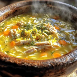 To make Greek lemon chicken soup, gather these key ingredients: - 1 pound boneless, skinless chicken breast - 1 tablespoon olive oil - 1 medium onion, finely chopped - 2 garlic cloves, minced - 4 cups chicken broth - 1 cup water - 1 cup carrots, diced - 1 cup celery, diced - 1 cup orzo pasta - 3 large eggs - Juice of 2 lemons - Zest of 1 lemon - Salt and pepper to taste - Fresh dill, for garnish Each of these ingredients plays a vital role. The chicken gives the soup its main protein. The broth adds a rich base, while the lemon juice brings brightness. To boost the flavor of your soup, consider adding: - Crushed red pepper flakes (for heat) - Fresh herbs like parsley or thyme These optional ingredients can add extra layers of taste. A sprinkle of herbs can brighten the dish, while red pepper flakes give it a nice kick. If you need to swap an ingredient, try these options: - Use turkey instead of chicken for a different protein. - Substitute quinoa for orzo if you want a gluten-free choice. - Replace olive oil with avocado oil for a different flavor. Substitutions can help you adapt the recipe to what you have on hand. Don’t hesitate to get creative; cooking is all about personal taste. For the full recipe, check the detailed instructions provided above. To make Greek lemon chicken soup, start by gathering your ingredients. You need chicken, broth, veggies, and orzo. Chop the onion, garlic, carrots, and celery. This makes cooking easier and faster. 1. Heat the olive oil in a large pot over medium heat. 2. Add the chopped onion and sauté until it turns soft and clear, about 5 minutes. 3. Next, stir in the minced garlic and cook for 1-2 more minutes. 4. Add the chicken breasts, pouring in both chicken broth and water. 5. Bring the mix to a gentle boil. Then, lower the heat and let it simmer for 15-20 minutes. The chicken should be cooked through. 6. Once done, remove the chicken from the pot. Set it aside on a cutting board to cool. 7. Add the diced carrots and celery to the pot. Let them cook for about 10 minutes until they soften. 8. While the veggies cook, shred the cooled chicken into bite-sized pieces. 9. Stir the shredded chicken and orzo into the pot. Cook for another 8-10 minutes, or until the orzo is al dente. 1. In a bowl, whisk the eggs, lemon juice, and lemon zest until mixed well. 2. Slowly add a ladle of hot broth to the egg mix while whisking. This step helps the eggs warm up without cooking too fast. 3. Pour the tempered egg mixture back into the pot, stirring continuously. Cook for another 2-3 minutes to thicken the soup slightly. 4. Season with salt and pepper to taste. If you like heat, add crushed red pepper flakes. 5. For the best taste, serve hot, topped with fresh dill and lemon zest. Don’t forget the warm pita bread or a salad on the side for a full meal. You can find the full recipe above for more details. To get the best flavor, start with fresh ingredients. Use quality chicken and fresh herbs. Adding lemon juice enhances the soup's brightness. Don't skip the lemon zest; it adds a nice punch. You can also add crushed red pepper for a bit of heat. For a deeper taste, simmer the broth longer. This way, all the flavors blend well together. If your soup is too thick, add more broth or water. Stir it in slowly until you reach the right thickness. If you want a thicker soup, cook it longer after adding the eggs. The orzo helps create a nice texture but can soak up liquid. Always keep an eye on the consistency as it cooks. Serve the soup hot in bowls. Garnish each bowl with fresh dill and lemon zest. A drizzle of olive oil on top can add richness. Pair it with warm pita bread for a hearty meal. A simple side salad complements the soup nicely. For a twist, add olives or feta cheese on the side. Enjoy every bite of this delightful dish! {{image_2}} You can switch the chicken for other proteins. Turkey works well if you want a leaner choice. Shredded rotisserie chicken saves time too. For a richer flavor, try using duck. Each protein brings its own taste and texture. To make this soup vegetarian, skip the chicken. Use firm tofu instead for protein. You can also add beans like chickpeas or white beans. For broth, use vegetable stock instead of chicken broth. This keeps the soup hearty and flavorful. Add unique spices to change the flavor of your soup. Try cumin or coriander for a warm, earthy taste. A pinch of smoked paprika adds depth. Fresh herbs like mint or parsley give a fresh twist. You can also experiment with adding a splash of white wine for acidity. Just remember, balance is key! For the full recipe, check out the recipe above. Enjoy your cooking journey! You can store Greek Lemon Chicken Soup in an airtight container. Let the soup cool first. Place it in the fridge for up to three days. Make sure to keep it sealed to avoid spills and keep the flavors fresh. If you want to save the soup for later, freezing is a great option. Pour the cooled soup into freezer-safe bags or containers. Leave some space at the top for expansion. It can last in the freezer for about two months. When you're ready to eat, simply thaw it in the fridge overnight. To reheat the soup, pour it into a pot over low heat. Stir it often to avoid sticking. If it looks too thick, add a splash of water or broth to loosen it. You can also use the microwave for quick reheating. Just use a microwave-safe bowl and heat it in short bursts, stirring in between. This will keep it warm and tasty! For more details, check the Full Recipe. Greek Lemon Chicken Soup, known as Avgolemono, is a warm, comforting dish. It blends chicken, broth, and orzo pasta with a tangy lemon flavor. The creamy texture comes from whisked eggs mixed with lemon juice. This soup is both light and filling. It’s perfect for chilly days or when you feel under the weather. Making Greek Lemon Chicken Soup takes about 50 minutes in total. You can prep the ingredients in about 15 minutes. The cooking time is around 35 minutes. This includes simmering the chicken, cooking the veggies, and adding the orzo. It all comes together quickly, making it a great weeknight meal. Yes, you can make Greek Lemon Chicken Soup in advance. It stores well in the fridge for up to three days. Just cool it completely before putting it in an airtight container. When you're ready to eat, reheat it gently on the stove. You may want to add a little water to thin it out if it thickens too much. Greek Lemon Chicken Soup pairs well with warm pita bread or a light salad. You can also serve it with a side of roasted vegetables. For a complete meal, consider adding a Greek salad with olives and feta cheese. This makes a great combo that enhances the lemony flavors of the soup. If you want the full recipe, check out the Full Recipe section above! In this post, we explored Greek Lemon Chicken Soup. We discussed key ingredients and flavors. You learned about substitutions for sticking to your taste. I detailed the steps to prepare and cook the soup. I shared tips to perfect the flavor and adjust the texture. You learned about variations for dietary needs and how to store leftovers. Making this soup is rewarding. It brings warmth and joy to any meal. Enjoy your cooking!