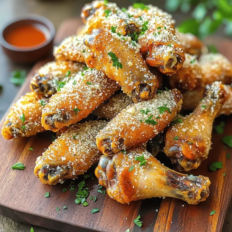 - 2 lbs chicken wings - 2 tablespoons olive oil - 1 teaspoon garlic powder - 1 teaspoon onion powder - 1 teaspoon smoked paprika - 1 teaspoon dried oregano - Salt and pepper to taste The main stars of this recipe are the chicken wings. They give you that perfect bite. Olive oil helps the spices stick and makes them crispy. The garlic powder brings a nice kick. Onion powder adds extra depth. Smoked paprika gives a hint of smokiness. Oregano adds a fresh note. Don’t forget the salt and pepper for balance. - 1/2 cup freshly grated Parmesan cheese - 2 tablespoons chopped fresh parsley (for garnish) - Optional: Hot sauce for serving After cooking, we top the wings with grated Parmesan cheese. This adds a rich, cheesy flavor. The fresh parsley gives a pop of color and freshness. If you like heat, add hot sauce for a spicy kick. You can find the full recipe above to see how to combine these ingredients for the best wings ever! To start, you need to pat the chicken wings dry. Use paper towels to soak up any moisture. This step is key for crispy wings. If they are wet, they won’t crisp up well in the air fryer. Next, let’s create the seasoning mix. In a large bowl, add olive oil, garlic powder, onion powder, smoked paprika, dried oregano, salt, and pepper. Stir the mix until it is well combined. This blend gives your wings that amazing garlic and Parmesan flavor. Now it’s time to air fry the wings. Preheat your air fryer to 400°F (200°C). Lay the chicken wings in a single layer in the basket. You may need to cook them in batches if your fryer is small. Cook for 25 to 30 minutes. Shake the basket halfway through. This helps cook the wings evenly and makes them nice and crispy. To check for doneness, look for a golden-brown color. You can also use a meat thermometer. The internal temperature should reach 165°F (74°C). After the wings are cooked, move them to a large mixing bowl. It’s time to add the cheese! Sprinkle the grated Parmesan cheese over the hot wings. Toss them well to coat all the wings with the cheese. For the final crisping step, put the wings back in the air fryer for an extra 2 to 3 minutes at 400°F. This melts the cheese a bit and helps it stick to the wings. Now, they are ready to serve! To get crispy wings, start by drying them well. Water on the wings leads to sogginess. Use paper towels to pat them dry. This helps create a nice crust when air frying. Next, arrange the wings in the air fryer. Lay them in a single layer. Do not overcrowd the basket. If needed, cook in batches. This allows hot air to circulate around each wing. It ensures even cooking and crispiness. Adjusting seasoning is key to great flavor. Taste as you go. Add more garlic powder or paprika if you want a bolder flavor. You can also play with salt and pepper levels. Consider brining or marinating the wings for extra flavor. A simple brine of salt and water can help. Let them soak for a few hours. This adds moisture and taste to the wings. You can also marinate them in olive oil and herbs overnight. This will deepen the flavor even more. For the full recipe, check the recipe section. {{image_2}} You can change the flavor of your wings to keep things exciting. If you love heat, try a buffalo wing adaptation. Just add some cayenne pepper or your favorite hot sauce to the seasoning mix. This will give your wings a nice kick that many enjoy. For a fresh twist, try herb-infused options. Mix in dried basil, thyme, or rosemary. These herbs will add depth and a lovely aroma to your wings. You can even use fresh herbs if you have them on hand. Just chop them finely and add them to your seasoning mix. If you want to explore cooking methods beyond the air fryer, consider traditional oven baking. Preheat your oven to 425°F (220°C). Spread the seasoned wings on a baking sheet lined with parchment paper. Bake for about 30-35 minutes, flipping halfway through. This method still yields crispy wings, but it takes a bit longer. Grilling is another great option. Preheat your grill and set it to medium-high heat. Place the wings on the grill grates. Cook for 20-25 minutes, turning often. The grill adds a nice smoky flavor that pairs well with garlic and Parmesan. For the full recipe, check out the delicious details provided. After enjoying your crispy air fryer garlic Parmesan wings, let them cool. Place the cooled wings in an airtight container. This helps keep them fresh. If you do not have an airtight container, a resealable plastic bag works too. Make sure to remove as much air as possible from the bag. You can store the wings in the fridge for about 3 to 4 days. When you're ready to eat the leftovers, you want them to be crispy again. The best way to reheat wings is in the air fryer. Preheat your air fryer to 375°F (190°C). Place the wings in a single layer in the basket. Heat them for about 5 to 7 minutes. This method keeps them crunchy. If you don’t have an air fryer, you can use the oven. Preheat your oven to 400°F (200°C). Spread the wings on a baking sheet and heat for about 10-15 minutes. Once reheated, serve with your favorite dipping sauce or extra Parmesan cheese. Enjoy your wings like they're fresh from the fryer again! If you want the full recipe, check it out for more tips. To add heat to your wings, you can mix in spices like cayenne pepper or chili powder. Start with a small amount, about 1/4 teaspoon, and taste as you go. Another option is to toss the wings in your favorite hot sauce after air frying. You can also use a spicy seasoning blend. If you love bold flavors, try adding a splash of hot sauce to the seasoning mix. Yes, you can cook frozen chicken wings in the air fryer. Just adjust the cooking time. I recommend adding about 5-10 extra minutes to the cooking time. Make sure to check that the wings reach an internal temperature of 165°F (75°C). For even cooking, shake the basket halfway through. This method ensures you still get crispy wings without thawing them first. A few great dipping sauces go well with garlic parmesan wings. Classic choices are ranch dressing and blue cheese dip. You can also try a spicy buffalo sauce for an extra kick. For something different, a honey mustard dip adds a nice sweet touch. Feel free to mix your favorite sauces to find the perfect match. You’ve learned how to make tasty Air Fryer Garlic Parmesan Wings. We covered the ingredients, cooking steps, and tips for getting them crispy. You also saw how to store and reheat leftovers properly. Feel free to mix in new flavors or try different cooking methods. With a few simple changes, you can make these wings your own. Enjoy this easy and fun recipe next time you want a delicious snack.