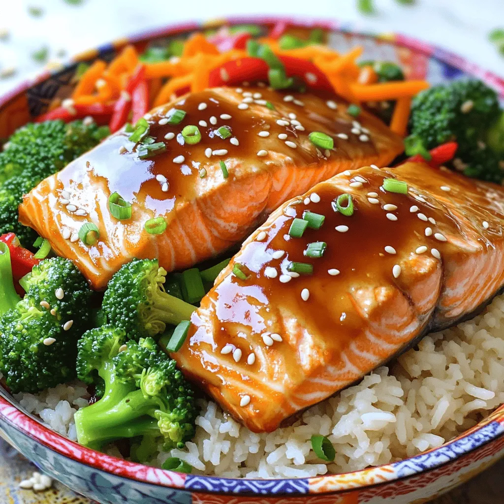To make teriyaki salmon bowls, you need: - 2 salmon fillets - 1/4 cup soy sauce (low sodium) - 2 tablespoons honey - 1 tablespoon rice vinegar - 1 teaspoon grated fresh ginger - 1 clove garlic, minced - 1 tablespoon sesame oil - 2 cups cooked jasmine rice - 1 cup broccoli florets - 1 red bell pepper, julienned - 1/2 cup carrots, julienned - 2 green onions, chopped - Sesame seeds for garnish Each serving of teriyaki salmon bowls is packed with nutrients. Salmon is high in omega-3 fatty acids, which are good for your heart. The veggies add fiber and vitamins, making this meal healthy. One serving contains about: - Calories: 450 - Protein: 30g - Carbs: 60g - Fat: 15g You can swap ingredients to fit your taste. If you don’t like salmon, try chicken or tofu. Use quinoa or brown rice instead of jasmine rice. For veggies, feel free to add snap peas or zucchini. If you want less sugar, replace honey with maple syrup. Each change can make the dish your own. First, gather all your ingredients. This makes cooking easier and faster. Here’s what you need: - 2 salmon fillets - 1/4 cup soy sauce (low sodium) - 2 tablespoons honey - 1 tablespoon rice vinegar - 1 teaspoon grated fresh ginger - 1 clove garlic, minced - 1 tablespoon sesame oil - 2 cups cooked jasmine rice - 1 cup broccoli florets - 1 red bell pepper, julienned - 1/2 cup carrots, julienned - 2 green onions, chopped - Sesame seeds for garnish Next, whisk the soy sauce, honey, rice vinegar, ginger, garlic, and sesame oil in a small bowl. This is your teriyaki glaze. It adds sweet and savory flavor to the salmon. Now, preheat your oven to 400°F (200°C). Line a baking sheet with parchment paper. Place the salmon fillets on the sheet. Brush them well with the teriyaki glaze. Make sure every bit of salmon is covered. Bake the salmon for about 12-15 minutes. It should flake easily when done. Keep an eye on it to avoid overcooking. While the salmon bakes, steam the broccoli for 5-7 minutes. You want it bright green and tender but still crisp. In a skillet, sauté the red bell pepper and carrots over medium heat for 3-4 minutes. They should be soft but crunchy. Now it’s time to build your bowls! Start with a scoop of jasmine rice at the bottom. Add the steamed broccoli, sautéed veggies, and a piece of salmon on top. Drizzle any leftover teriyaki glaze over everything. Finish with chopped green onions and a sprinkle of sesame seeds. For extra flair, use colorful bowls and arrange the toppings neatly. This makes your meal look as good as it tastes! Check out the Full Recipe for more details. To get the best flavor from your teriyaki salmon bowls, use fresh, quality ingredients. Fresh salmon enhances the taste. Make sure your soy sauce is low sodium for a balanced flavor. Mixing the teriyaki glaze well is key. Let the salmon sit in the glaze for a few minutes before baking. This step helps the flavors soak in. For vibrant vegetables, steaming is your best friend. Steam broccoli until it's bright green but still crisp. This keeps it nutritious and tasty. When sautéing bell peppers and carrots, use a medium heat. A quick sauté, just a few minutes, helps them stay crunchy. Don't overcook them; you want a nice bite. Presentation makes a big difference. Use colorful bowls to catch the eye. Layer your ingredients neatly, starting with rice, then vegetables, and finally the salmon. Drizzle some teriyaki glaze around the edges for extra flair. Sprinkle sesame seeds and green onions on top for a gourmet finish. For more details, check the Full Recipe. {{image_2}} You can switch the salmon for other proteins. Chicken works well. Just use the same glaze. Tofu is a great plant-based choice. It absorbs the teriyaki flavor nicely. Shrimp is another tasty option. Cook it until it turns pink for a quick meal. Feel free to mix up the veggies. Snap peas add a nice crunch. Zucchini is another great choice. You can even use mushrooms for a rich flavor. If you want more color, add some corn or peas. Use what you love or have on hand. Want some heat? Add chili paste to the glaze. Sriracha can give it a nice kick. You can also sprinkle red pepper flakes on top. This spicy twist pairs well with the sweet teriyaki. It will make your taste buds dance! After you prepare your teriyaki salmon bowls, let them cool down. Store them in an airtight container. They will stay fresh in the fridge for up to three days. Make sure to keep the salmon and veggies together with the rice. This helps keep the flavors nice and bold. If you want to save some for later, you can freeze the bowls. Use freezer-safe containers. Store them for up to one month. Just remember, rice can get mushy when thawed. To avoid this, you might want to freeze the salmon and veggies separately from the rice. When it's time to eat your leftovers, reheat carefully. You can use a microwave or an oven. If using a microwave, heat in short bursts. Stir in between to warm evenly. If using an oven, preheat it to 350°F (175°C) and bake until warm, about 10 minutes. Add a drizzle of teriyaki sauce for extra flavor. Enjoy your meal! Yes, you can use frozen salmon. Just thaw it in the fridge overnight. After thawing, pat it dry. This helps the glaze stick better. Cook the salmon as you normally would. The taste will still be delicious. You can use brown rice, quinoa, or even farro. Each grain adds a unique flavor. Brown rice gives a nuttier taste. Quinoa is light and fluffy, while farro has a chewy texture. Choose what you like best! Most store-bought teriyaki sauces contain soy sauce, which has gluten. However, you can find gluten-free options. Look for tamari, which is a gluten-free soy sauce. Always check labels to be sure. To make teriyaki sauce at home, mix together: - 1/4 cup soy sauce (or tamari for gluten-free) - 2 tablespoons honey - 1 tablespoon rice vinegar - 1 teaspoon grated fresh ginger - 1 clove garlic, minced - 1 tablespoon sesame oil Whisk these ingredients together. Heat in a small pan, and let it simmer for a few minutes. This sauce is great for glazing salmon or as a dipping sauce. For the full recipe, check out the Teriyaki Glazed Salmon Bowls. This blog post covered the key steps to make Teriyaki Salmon Bowls. We explored the ingredients and their nutrition. You learned how to prepare, bake, and assemble the dish. I shared tips for the best flavor and perfect cooking techniques. You also discovered easy variations and storage options. In closing, you can create a tasty meal that suits your taste. Experiment with different ingredients and enjoy. Happy cooking!