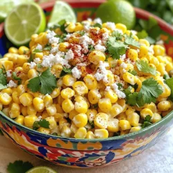 - 4 ears of fresh corn, husked - 1/2 cup mayonnaise - 1/4 cup sour cream - 1/2 cup crumbled cotija cheese - 1/4 cup fresh cilantro, chopped - 1 lime, juiced - 1 teaspoon chili powder - 1/2 teaspoon cumin - Salt and pepper to taste - 1 jalapeño, finely chopped (optional, for extra heat) This salad shines with fresh corn. I love using sweet, juicy ears of corn. When grilling, the char gives a smoky taste. You want fresh corn for the best flavor. Mayonnaise and sour cream mix for a creamy dressing. They balance the sweet corn well. Cotija cheese adds a salty kick. You can find cotija at most grocery stores. Cilantro brings freshness to the dish. Spices like chili powder and cumin add warmth. Adjust these to your taste. If you love spice, add jalapeño for some heat. If not, skip it for a milder dish. For great results, ensure all ingredients are fresh. Each element plays a role in making this salad vibrant and tasty. You can find the complete recipe for this delightful dish in the Full Recipe section. First, you need to grill the corn. Preheat your grill or grill pan to medium-high heat. Place the husked corn on the grill. Grill the corn for about 10 minutes. Turn the corn a few times. Look for nice char marks. This gives the corn great flavor. Once the corn is charred, remove it from the grill. Let it cool for a few minutes. When it is cool enough to touch, cut the kernels off the cob. Use a sharp knife and cut carefully. Place the kernels in a large mixing bowl. This is the base for your salad. Now, let’s make the dressing. In a separate bowl, mix together 1/2 cup of mayonnaise and 1/4 cup of sour cream. Add the juice of one lime for that zesty kick. Next, sprinkle in 1 teaspoon of chili powder and 1/2 teaspoon of cumin. Don’t forget to add salt and pepper to taste. Mix everything well until smooth. This dressing will bring all the flavors together. It’s time to combine the ingredients! Pour the dressing over the bowl of corn. Add in 1/2 cup of crumbled cotija cheese and 1/4 cup of chopped fresh cilantro. If you like heat, toss in a finely chopped jalapeño. Gently toss the corn and dressing until the corn is well coated. Taste the salad and adjust the seasoning as needed. For the best flavor, let the salad chill in the refrigerator for at least 30 minutes. This helps all the flavors mix well. Enjoy your fresh, vibrant Mexican street corn salad! For the complete recipe, check out the Full Recipe. To boost the flavor of your Mexican street corn salad, I recommend a few spices. Chili powder adds heat and depth. Cumin brings a warm, earthy note. You can use salt and pepper to enhance the other flavors. If you like heat, add finely chopped jalapeño. This will make the dish lively and exciting. Letting the salad sit is key. After mixing, place it in the fridge for at least 30 minutes. This allows the flavors to blend well. The corn absorbs the dressing, creating a tasty dish. The longer it sits, the better it gets! For a beautiful presentation, serve in a colorful bowl. Top it with extra crumbled cotija cheese. A sprinkle of chili powder adds a nice touch. Add lime wedges on the side for extra zing. This makes for a vibrant and inviting dish. Pair your salad with grilled meats or tacos. It also goes great with cold drinks like lemonade or beer. This makes your meal complete and enjoyable. You can find the full recipe [here](#). {{image_2}} Cotija cheese adds a great flavor to Mexican street corn salad. But if you can't find it, don't worry! You can try other cheeses. Feta cheese works well. It has a similar salty taste. Parmesan is another good choice. It's hard and adds a nice bite. If you prefer vegan options, there are many ways to go. Nutritional yeast gives a cheesy flavor without dairy. You can also use vegan feta cheese. It melts nicely and gives that creamy texture we love. You can change up your salad with fresh veggies or fruits. Diced bell peppers add crunch and color. Cherry tomatoes can bring a sweet touch. Avocado chunks make it creamy and rich. Don't forget to adjust the spice levels! If you like it hot, add more jalapeño. If you want a milder flavor, skip it or use less. Each addition can change the taste, so feel free to explore. To keep your Mexican Street Corn Salad fresh, store it in the fridge. Place leftovers in an airtight container. Make sure the salad is completely cool before you seal it. This helps keep it safe and tasty. It will last about three to four days in the fridge. When you are ready to eat, you can give it a quick stir. If needed, add a splash of lime juice to freshen it up. If you want to save the salad for later, you can freeze it. However, the texture may change after thawing. To freeze, place the salad in a freezer-safe container. Leave a little space at the top for expansion. It can last up to three months in the freezer. When you are ready to eat it, thaw it in the fridge overnight. Reheat gently in a pan or microwave, adding a bit of lime juice to boost the flavor. For the Full Recipe, refer back to the ingredients and steps to enjoy this salad again. Mexican Street Corn Salad, or "Esquites," comes from Mexico. It features grilled corn, mixed with creamy dressing and spices. This dish is often served in cups at street stands. The flavors are bold and bright, making it a hit at parties and barbecues. You can enjoy it warm or chilled. I love how this salad captures the essence of street food while being easy to make at home. Yes, you can make this salad ahead of time. Prepare the salad and store it in the fridge. This allows the flavors to blend and deepen. I suggest letting it sit for at least 30 minutes. If you want to make it even earlier, mix everything except the dressing. Keep the dressing separate until you are ready to serve. This keeps the salad fresh and crunchy. If you can’t find cotija cheese, don't worry! You can use feta or queso fresco as great substitutes. They both have similar textures and flavors. For a dairy-free option, try nutritional yeast or a vegan cheese. Each of these options will still bring a creamy touch to your salad. Feel free to experiment and find what works best for you! For the full recipe, refer to the section above. This article explored how to make a delicious Mexican Street Corn Salad. You learned about key ingredients like fresh corn, mayo, and spices. I detailed step-by-step preparation, including grilling corn and making the dressing. Tips for enhancing flavor and serving options were shared. We also discussed variations and storage methods to keep the salad fresh. This dish is simple to make and full of flavor. Enjoy making it your own!