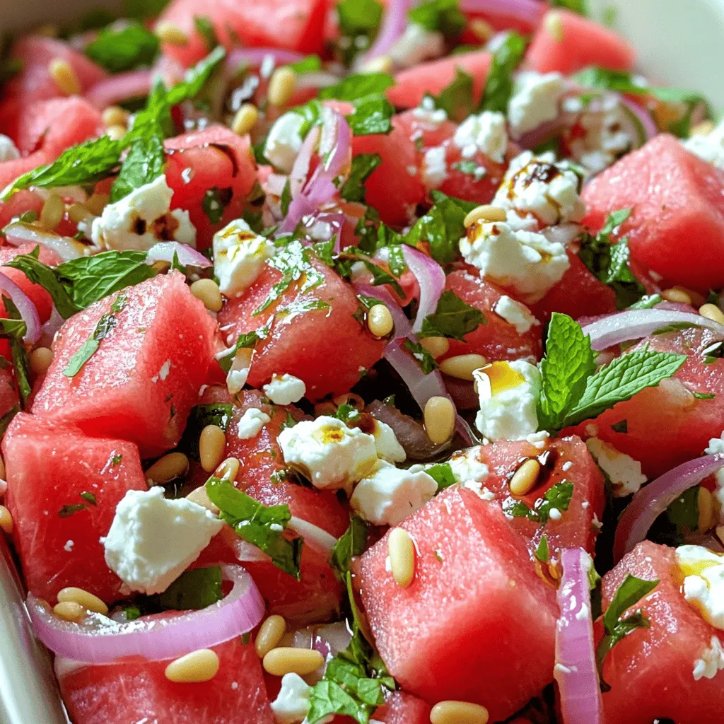 - 4 cups watermelon, cubed - 1 cup feta cheese, crumbled - 1/2 red onion, thinly sliced - 1/4 cup fresh mint leaves, chopped - 2 tablespoons olive oil - 2 tablespoons balsamic vinegar - Salt and pepper to taste - 1/4 cup toasted pine nuts or walnuts for crunch When you make Watermelon Feta Salad, you start with fresh and juicy watermelon. The sweetness of the watermelon pairs well with the salty feta. I find that using a firm watermelon works best for clean cuts. Choose feta that crumbles easily; it adds creaminess to your dish. Next, red onion adds a nice bite. Slice it thin to keep the flavor mild. Fresh mint leaves brighten up the salad. They add a refreshing touch that makes this dish stand out. For the dressing, mix olive oil and balsamic vinegar. This combination gives a rich flavor. Don’t forget to season with salt and pepper. Adjust to your taste. If you want more crunch, sprinkle toasted pine nuts or walnuts on top. These add a delightful texture. This recipe is simple and quick, taking just ten minutes to prep. You can find the Full Recipe above. Enjoy crafting this delightful salad! To cube watermelon efficiently, start by slicing off both ends. This gives you a flat surface. Stand it upright and slice down the sides to remove the rind. Cut the fruit into thick slabs, then into cubes. Aim for 1-inch pieces for uniformity. When crumbling feta cheese, use your fingers for the best results. This method gives you nice, even pieces. If the cheese is too soft, chill it first. A chilled block crumbles better and holds its shape. In a large bowl, mix the cubed watermelon and crumbled feta cheese. The sweet watermelon pairs perfectly with the salty feta. Next, add the thinly sliced red onion. This adds a nice crunch and sharp flavor. Finally, sprinkle in the chopped mint leaves. The mint gives the salad a refreshing touch. To prepare the dressing, take a small bowl and whisk together olive oil and balsamic vinegar. Aim for a smooth mixture. You want the oil and vinegar to blend well. This dressing complements the salad's flavors nicely. Drizzle the dressing over the salad mixture. Be sure to cover the ingredients evenly. Gently toss everything together. This keeps the watermelon intact while mixing flavors. Finally, season with salt and pepper to taste. If you want a crunch, sprinkle toasted pine nuts or walnuts on top. For the full recipe, check [Full Recipe]. The right feta cheese makes a big difference. Choose a creamy, high-quality feta. This cheese adds a rich flavor that pairs well with sweet watermelon. Freshness is key. Try to find feta made from sheep's milk for a creamy texture. Make the dressing ahead of time. This lets the flavors blend well. Mix the olive oil and balsamic vinegar in a jar. Shake it well and let it sit for at least 30 minutes. This simple step packs a punch in flavor. Serve the salad in a large, shallow dish. This allows the colors to shine. For a more elegant touch, use individual bowls. Drizzle extra balsamic on top for a beautiful finish. The contrast of colors makes the dish pop. Garnish with fresh mint leaves. This will enhance both flavor and look. You can also sprinkle some toasted pine nuts or walnuts on top for crunch. This adds texture and makes the salad even more appealing. To keep your salad fresh, store it in an airtight container. This helps maintain crispness and flavor. Place it in the fridge right after serving to avoid wilting. Use glass or plastic containers with tight lids. These are great for keeping the salad fresh. Try to eat leftovers within two days for the best taste. If you have leftover watermelon, use it in smoothies or fruit salads for another tasty treat. {{image_2}} You can make your Watermelon Feta Salad even more fun by adding fruits. Mixing in cucumber gives a nice crispness. The coolness of cucumber pairs well with sweet watermelon. You can also try adding berries like strawberries or blueberries for a pop of color. Using different herbs like basil or parsley changes the flavor too. Basil adds a sweet note, while parsley gives a fresh bite. These small changes can make your salad feel new each time you make it. If you want to switch things up, try using lemon juice instead of balsamic vinegar. Lemon juice adds a bright, zesty flavor. It helps balance the sweetness of the watermelon. You can also create a creamy dressing option. Mix yogurt with some olive oil and lemon juice for a smooth texture. This dressing makes the salad richer and more filling. You can adapt this salad to fit many diets. To make it vegan, swap the feta cheese for plant-based feta. There are great options made from nuts that taste amazing. For those who need gluten-free options, you can add ingredients like nuts or seeds. These add crunch and make the salad more satisfying. With these simple tweaks, everyone can enjoy this fresh and flavorful delight. To keep your Watermelon Feta Salad fresh, store it in the fridge. Use an airtight container to prevent moisture loss. This salad stays good for about three days. After that, the watermelon may get mushy. I do not recommend freezing Watermelon Feta Salad. Freezing changes the texture of both watermelon and feta. If you must freeze it, separate the ingredients first. Freeze the watermelon and feta in different bags. This way, you can use them in other dishes later. If you have extra watermelon, try using it in smoothies or salsas. You can blend it with yogurt for a refreshing drink. For leftover feta, crumble it over pasta or mix it in omelets. Both ingredients can add flavor to many meals! To cut watermelon for a salad, start by washing the fruit. Next, slice off both ends to create a flat base. Then, stand the watermelon upright. Use a sharp knife to slice down the sides, removing the rind. Once peeled, lay it on its side and cut it into even slices. From there, stack a few slices and cut them into cubes. This method makes for neat, easy cubing. Yes, you can prep Watermelon Feta Salad ahead of time. Cut the watermelon and store it in the fridge. Keep the feta cheese separate until you are ready to serve. Mixing them too early can make the salad watery. Combine all the ingredients just before serving. This way, you keep the flavors fresh and vibrant. To enhance the taste of Watermelon Feta Salad, consider adding spices like black pepper or a sprinkle of chili flakes. You can also mix in cucumber for a crunch or avocado for creaminess. Fresh herbs like basil or cilantro can give a unique twist. Toasted nuts, such as pine nuts or walnuts, add nice texture and flavor too. Serve Watermelon Feta Salad in a large, shallow dish or in individual bowls. Garnish with extra mint leaves for a fresh look. A drizzle of balsamic vinegar on top adds a nice touch. You can also serve it alongside grilled meats for a delightful meal. This salad is colorful and eye-catching, making it perfect for summer gatherings. This blog post covered how to make a delicious Watermelon Feta Salad. We discussed fresh ingredients, a simple dressing, and tips for great flavor and presentation. Remember, using quality feta and fresh mint makes a big difference. You can also try variations like adding cucumber or using a creamy dressing. This salad is perfect for warm days or gatherings. Enjoy experimenting and creating your own tasty versions. A good salad should be fun and easy!