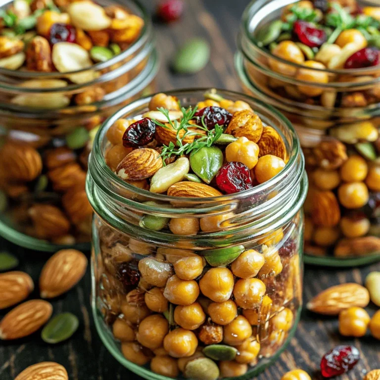 To make a great crispy roasted chickpea snack mix, you need a few key ingredients. These ingredients come together to create a flavor-packed treat. Here’s what you need: - 1 can (15 oz) chickpeas, drained and rinsed - 2 tablespoons olive oil - 1 teaspoon smoked paprika - 1 teaspoon garlic powder - 1/2 teaspoon cayenne pepper (adjust for spice level) - 1 teaspoon ground cumin - Salt to taste - 1/2 cup mixed nuts (almonds, cashews, walnuts) - 1/4 cup pumpkin seeds - 1/4 cup dried cranberries or raisins - Optional: 1/4 teaspoon cinnamon for a sweet twist These core ingredients ensure your snack mix has a great crunchy texture and bold flavors. You can easily customize your snack mix with optional additions. Here are some ideas to enhance your flavor: - Different spices like chili powder or curry powder - Other nuts like pecans or hazelnuts - Seeds like sunflower seeds or chia seeds - Dried fruits such as apricots or figs Feel free to mix and match these optional ingredients to make the snack mix your own. The ingredients in this snack mix not only taste good but also offer nutrition. Here’s a quick look at the benefits: - Chickpeas: High in fiber, protein, and minerals. - Olive oil: Rich in healthy fats and antioxidants. - Nuts and seeds: Provide healthy fats, protein, and vitamins. - Dried fruits: Add natural sweetness and vitamins. This snack mix is a great option for a healthy snack, keeping you energized and satisfied. For the full recipe, check out [Full Recipe]. Start by draining and rinsing the chickpeas. This step is key. It removes excess salt and makes them crispier. Pat them dry with a kitchen towel. Moisture can make them soggy. You want to ensure they are completely dry before you season them. Preheat your oven to 400°F (200°C). Line a baking sheet with parchment paper. This helps with easy cleanup. In a bowl, combine the chickpeas with olive oil and spices. Toss them well until they are fully coated. Spread them out on the baking sheet. Roast for 25-30 minutes. Stir them every 10 minutes to ensure even cooking. Keep an eye on them. They should turn golden and crunchy. While the chickpeas roast, mix the nuts, pumpkin seeds, and dried cranberries in another bowl. You can add cinnamon if you like a sweet touch. Once the chickpeas are done, let them cool for a few minutes. Then, combine them with the nut mix. Toss everything well, and taste for seasoning. Adjust if needed. Let the mix cool completely before serving. Store any leftovers in an airtight container. Check out the Full Recipe for more details! To get your chickpeas crispy, start by drying them well. After rinsing, pat them dry with a towel. This step helps remove excess moisture. You want them as dry as possible before adding oil and spices. Roasting at 400°F (200°C) is key. Stir the chickpeas every ten minutes for even cooking. Watch them closely in the last few minutes to avoid burning. They should turn golden brown and crunchy. Adjust the spice level to suit your taste. If you like it mild, cut back on cayenne pepper. If you love heat, add more! You can also try other spices, like chili powder or curry powder. Want a sweet twist? Add a pinch of cinnamon to the mix. Experiment with flavors that you enjoy. This snack mix is versatile, so let your taste buds guide you. Serve this crunchy delight in small bowls or mason jars. It looks fun and casual that way. You can add some fresh herbs on top for color. Consider pairing it with dips like hummus or yogurt. This makes it a great snack for parties or movie nights. For a more festive look, add colorful dried fruits. The contrast in colors makes the dish more appealing. Try to mix it up and enjoy the process! {{image_2}} You can change up the flavors in your snack mix. For a sweet twist, add cinnamon and a bit of honey. This makes the chickpeas taste like a treat. If you prefer savory, keep the spices like smoked paprika and garlic powder. You can also add some cheese powder for extra flavor. Both versions are tasty and fun to eat. Try using different nuts and seeds for your mix. Almonds and cashews work well, but you can also use peanuts or pecans. Sunflower seeds add a nice crunch too. Each nut brings its own flavor. Mix and match to find your favorite combo. This way, you can make the snack fit your taste. Get creative with your add-ins to make your snack unique. Dried fruits like apricots or mango add sweetness. You can use other spices like curry powder for a kick. If you want a bit of heat, try adding chili flakes. These little changes make your snack mix special. You can make it your own every time you prepare it. For the full recipe, check out the Crispy Roasted Chickpea Snack Mix. To keep your crispy roasted chickpea snack mix fresh, use an airtight container. Glass jars or plastic containers with tight lids work great. Store it in a cool, dry place. Avoid areas with heat or sunlight that can make it soggy. If you want it to last longer, you can freeze it. Just remember to let it cool completely before storing. Your snack mix will stay fresh for about one week at room temperature. If stored in the fridge, it can last up to two weeks. To recrisp the chickpeas, you can place the mix back in the oven for 5-10 minutes at 350°F (175°C). This helps restore that nice crunch you love. When serving after storage, check the mix for freshness. If it feels a bit soft, recrisp it first. You can serve it in small bowls or snack bags. This makes it easy to grab while on the go. Pair it with your favorite dips or drinks for a fun snack experience. For more details, check the Full Recipe. Yes, you can use dried chickpeas. First, soak them overnight. Then, boil them until soft. This process takes longer than using canned chickpeas, but the taste is worth it. Just remember to drain and dry them well before roasting. This helps achieve that perfect crunch you want in your snack mix. This snack mix is already vegan! The main ingredients, chickpeas and nuts, are plant-based. Just make sure any added items like dried cranberries are not processed with animal products. You can enjoy this snack mix without any worries. It's a healthy, tasty choice for everyone. You can get creative! Here are some ideas: - Seeds: Add sunflower seeds or chia seeds for extra crunch. - Spices: Try adding curry powder or chili powder for a zing. - Dried fruit: Mix in chopped apricots or mango for sweetness. - Grains: Add some puffed quinoa or rice for a fun texture. Feel free to mix and match to find your favorite flavor combinations. This snack mix is all about your taste! For the full recipe, check out the Crispy Roasted Chickpea Snack Mix. In this blog post, we explored how to make a tasty roasted chickpea snack mix. We covered key ingredients, step-by-step roasting methods, and helpful tips for crispiness. You can adjust flavors with optional spices and try sweet or savory variations. Remember to store your mix properly for the best taste. Enjoy creating your own perfect snack! Whether you share it or keep it for yourself, it’s sure to please.