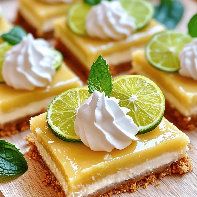 - 1 cup graham cracker crumbs - 1/4 cup granulated sugar - 1/2 teaspoon ground cinnamon - 1/2 cup unsalted butter, melted - 2 (14-ounce) cans sweetened condensed milk - 1/2 cup fresh key lime juice - 1 tablespoon lime zest - 4 large egg yolks - 1 cup heavy whipping cream - 2 tablespoons powdered sugar - Lime slices, for garnish - Fresh mint leaves, for garnish To make key lime pie bars, you need simple and fresh ingredients. The graham cracker crumbs form a crunchy base. They mix with sugar and cinnamon for added flavor. The melted butter helps bind the crust together. Sweetened condensed milk gives the pie its creamy texture. Fresh key lime juice adds that bright, tangy taste. Lime zest enhances the flavor, making it more vibrant. The egg yolks help set the filling as it bakes. For the topping, whipped cream provides a light finish. Just whip heavy cream with powdered sugar. It’s easy and makes each bite special. Garnish with lime slices and mint leaves for a pop of color. When you gather these ingredients, you're ready to create a delightful dessert. For the complete steps, check out the Full Recipe. - Preheat the oven: Set your oven to 350°F (175°C). - Combine crust ingredients: In a bowl, mix 1 cup of graham cracker crumbs, 1/4 cup of granulated sugar, and 1/2 teaspoon of ground cinnamon. Pour in 1/2 cup of melted unsalted butter. Mix until it looks like wet sand. - Bake the crust: Press the mixture into a 9x9 inch baking pan. Bake for 8-10 minutes until golden. Let it cool while you make the filling. - Whisk together filling ingredients: In a large bowl, whisk together 2 cans of sweetened condensed milk, 1/2 cup of fresh key lime juice, 1 tablespoon of lime zest, and 4 large egg yolks until smooth. - Pour filling over crust: Carefully pour the filling over the cooled crust. Spread it evenly with a spatula. - Bake until filling is set: Bake for 15-20 minutes. The filling should be set but still jiggly in the center. - Cool and refrigerate: Let the bars cool at room temperature. Chill them in the fridge for at least 3 hours before serving. For the complete recipe, check out the Full Recipe section. Enjoy making these tasty key lime pie bars! To get the best taste, use fresh key lime juice. It brightens the bars. The flavor shines through every bite. Next, make sure the crust is evenly pressed. This helps it hold together well. A firm crust gives a nice base. One mistake is overbaking the filling. This can make the bars tough. The filling should be set but still jiggle a bit. Another common error is under-chilling the bars. They need time in the fridge to firm up. Three hours is the minimum for great results. These bars shine when paired with whipped cream. A dollop on top makes them even better. For garnish, lime slices add a fresh touch. Fresh mint leaves bring color and flavor. Enjoy the mix of sweet and tart in every bite. Check out the Full Recipe for more tips! {{image_2}} You can make key lime pie bars even more fun! Add shredded coconut for a tropical twist. This gives your bars a chewy texture and a hint of sweetness. You can also mix in some berries. Blueberries or raspberries add a fruity bite. They look pretty too! If you need a gluten-free option, don't worry. You can swap out graham crackers for gluten-free cookies. Look for cookies made from almond flour or coconut. This way, everyone can enjoy the tasty pie bars! Want to make these bars vegan? It's simple! Use coconut cream instead of dairy. For the eggs, try aquafaba. Aquafaba is the liquid from canned chickpeas. It whips up nicely and works great in baking. These changes keep the flavor while making it plant-based. Discover the [Full Recipe] to try these tasty variations at home! To keep your key lime pie bars fresh, refrigerate any leftovers. Place them in an airtight container. This helps to prevent them from drying out and keeps them tasty. You should serve your key lime pie bars within one week. They taste best during this time. After that, they may lose some flavor and texture. If you want to freeze your key lime pie bars, follow these simple steps: 1. Cut and Cool: First, cut the bars into squares. Let them cool completely. 2. Wrap: Wrap each bar in plastic wrap. This keeps them safe from freezer burn. 3. Store: Place the wrapped bars in a freezer-safe bag or container. 4. Label: Don’t forget to label it with the date! 5. Thaw: When you’re ready to eat them, take the bars out of the freezer. Let them thaw in the fridge for a few hours. This keeps them tasty and fresh. For the full recipe, check the main section of the article. Yes, you can use regular limes. However, key limes have a unique tartness. They offer a bright, floral flavor that regular limes do not match. If you use regular limes, expect a slightly different taste. The result may be less tangy but still enjoyable. You can add a bit more zest to mimic the flavor of key limes. If you lack graham crackers, don’t worry. You can use other ingredients for the crust. Here are some alternatives: - Digestive biscuits - Vanilla wafers - Shortbread cookies - Oatmeal cookies Simply crush your chosen option and mix it with sugar and butter. This will keep your crust tasty and crunchy. Testing the filling is easy. After baking, look for a slight jiggle in the center. It should not be liquidy or wobbly. A good sign is if the edges appear firm and the center looks set. You can also insert a toothpick; it should come out clean. Let the filling cool completely before chilling it. This will help it firm up as it cools. Key Lime Pie Bars are easy and fun to make. We covered the key ingredients, step-by-step instructions, and useful tips. Fresh key lime juice makes the best bars, and every little detail counts. Remember to avoid common mistakes, like overbaking. You can even try fun variations, like adding coconut or going gluten-free. Store them properly for the best flavor. Enjoy your delicious bars, and share them with friends and family. Making this treat will impress everyone!