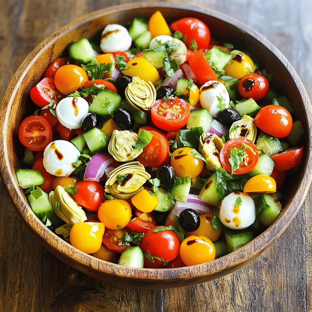 To create a tasty Italian chopped salad, you need fresh and vibrant ingredients. Here’s what you should gather for the perfect mix: - 1 cup cherry tomatoes, halved - 1 cucumber, diced - 1 red bell pepper, diced - 1 medium red onion, finely chopped - 1 cup artichoke hearts, chopped (canned or jarred) - 1 cup mozzarella balls (bocconcini), halved - 1/2 cup black olives, pitted and sliced - 1/2 cup fresh basil, chopped - 1/4 cup balsamic vinegar - 1/4 cup extra-virgin olive oil - 1 teaspoon dried oregano - Salt and pepper to taste These ingredients blend together to create a colorful, crunchy, and tasty salad that is hard to resist. When making this salad, freshness is key. Use ripe cherry tomatoes for a sweet burst of flavor. Choose a cucumber that is firm and crisp. Look for a bright red bell pepper that feels heavy for its size. The red onion should be firm with no soft spots. Fresh basil adds a fragrant note, so try to use it right before serving. Fresh ingredients not only taste better, but they also look great on your plate. If you want to change things up, there are plenty of alternatives. Instead of cherry tomatoes, you can use diced tomatoes. Swap out the cucumber for radishes for a spicy kick. You might prefer feta cheese over mozzarella for a tangy twist. If you can't find artichoke hearts, roasted red peppers are a great substitute. Feel free to adjust the salad to match your tastes. The recipe is flexible, so make it your own! For the full recipe, check out the details above. Start with fresh vegetables. Wash and dry them well. First, halve the cherry tomatoes. This step makes them sweet and juicy. Next, dice the cucumber and red bell pepper into small pieces. A medium red onion should be chopped finely. This way, the onion flavor spreads easily. Lastly, chop the artichoke hearts if you use whole ones. In a large mixing bowl, combine all your chopped veggies. Add the halved mozzarella balls and sliced black olives. Toss in the fresh basil for a fragrant touch. Mix everything gently to keep the veggies intact. This salad is all about balance and color. Each ingredient brings its own flavor, making every bite enjoyable. For the dressing, grab a small bowl or jar. Whisk together balsamic vinegar and extra-virgin olive oil. Add dried oregano, salt, and pepper. Whisk until everything is well mixed. The dressing should be smooth and flavorful. Once ready, drizzle it over your salad. Toss gently to coat everything evenly. Let the salad sit for 10 minutes before serving. This wait helps the flavors blend beautifully. For the full recipe, check out the full recipe section above. Chopping ingredients well makes your salad look great and taste better. Start with a sharp knife for easy cutting. Cut cherry tomatoes in half to release their juice. Dice the cucumber and red bell pepper into small, even pieces. This helps each bite be full of flavor. For the onion, chop it finely to avoid large bites. Finally, chop the basil gently to keep its bright color and flavor intact. Store your Italian chopped salad in an airtight container. If you have leftovers, keep the dressing separate. This keeps the salad fresh and crunchy. Use it within two days for the best taste. If you want to save the veggies, chop them in advance. Keep them in the fridge in water to keep them crisp. This salad pairs well with many dishes. Try it with grilled chicken or fish for a full meal. You could also serve it with crusty bread for a light lunch. For a fun twist, add it as a topping on pizza. The bright flavors enhance any dinner. For the full recipe, check out the Vibrant Italian Chopped Salad. {{image_2}} You can easily add proteins to your Italian chopped salad. Consider grilled chicken, shrimp, or chickpeas. These will make the salad hearty. For chicken, use about 1 cup of diced grilled chicken. For shrimp, 1 cup of cooked shrimp works well. If you prefer plant-based options, chickpeas add great protein. Use 1 cup of canned chickpeas, rinsed and drained. This salad fits well into a vegetarian or vegan diet. To keep it vegetarian, simply avoid meat proteins. Substitute mozzarella balls with vegan cheese or avocado for creaminess. If you want it vegan, skip the cheese and focus on fresh veggies and beans. You can also add nuts or seeds for a crunch. Try sunflower seeds or pumpkin seeds for a nice touch. You can change your ingredients based on the seasons. In summer, add fresh corn, zucchini, or radishes. In fall, consider roasted squash or apples for sweetness. In winter, try adding hearty greens like kale or cooked beets. These seasonal changes keep your salad fresh and exciting. Feel free to mix and match to suit your taste. For the full recipe, click here. To keep your Italian chopped salad fresh, store it in an airtight container. Use a bowl with a tight lid or a resealable bag. Make sure to separate the dressing if you have any left. This keeps the salad crisp and tasty. If you mix in the dressing, the salad can get soggy. When stored correctly, your salad can last in the fridge for about 3 days. After that, the veggies may lose their crunch. I recommend checking for freshness before eating. If it smells off or looks dull, it’s time to toss it. Freezing this salad is not a great idea. The fresh veggies don’t freeze well. They become mushy and lose flavor. If you want to save extras, try freezing the dressing instead. Just store it in ice cube trays. This way, you can easily add it to future salads. For the best taste, enjoy the salad fresh. Check out the Full Recipe for more details on making this dish! Italian Chopped Salad has roots in Italy. This salad is a mix of fresh and bright flavors. It often includes vegetables that are common in Italian cuisine. These ingredients reflect the sunny climate of Italy. Many families make this salad during the summer. They enjoy it with meals or as a light dish. Each region of Italy adds its twist, making it unique. You can find various styles across Italy. It celebrates the joy of fresh produce and simple flavors. To make Italian Chopped Salad gluten-free, focus on your dressing. Use gluten-free balsamic vinegar. Check labels to avoid hidden gluten in store-bought dressings. All the main ingredients in this salad are naturally gluten-free. Fresh vegetables, mozzarella, and olives fit perfectly. If you want to add grains, choose quinoa or rice. This way, you keep it gluten-free while adding texture. Yes, you can substitute balsamic vinegar easily. Red wine vinegar or apple cider vinegar work well. Both add a nice tangy flavor. If you prefer a sweeter taste, try white wine vinegar. Adjust the amount to suit your taste. Each vinegar gives a different flavor, so be creative. Just remember, the goal is a balanced dressing. Italian Chopped Salad is packed with nutrients. The fresh vegetables offer vitamins and minerals. Cherry tomatoes are rich in vitamin C. Cucumbers provide hydration and fiber. Bell peppers add antioxidants. Olives and mozzarella give healthy fats and protein. This salad is low in calories but high in flavor. It’s a great way to enjoy a light meal. Incorporating it into your diet helps with healthy eating habits. Enjoy this salad as a tasty side or a satisfying meal. For the full recipe, check the recipe section above. This blog post shared everything about Italian Chopped Salad. We covered essential ingredients and how to pick fresh vegetables. You learned how to prepare the salad, make the dressing, and perfect your chopping skills. We explored variations, from adding proteins to seasonal twists. Proper storage tips help keep leftovers fresh. Italian Chopped Salad is tasty, healthy, and easy to customize. Enjoy making it your own!