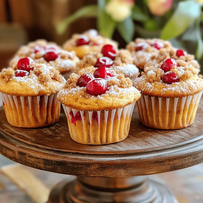 - 1 cup fresh or frozen cherries, pitted and halved - 2 cups all-purpose flour - 1 cup granulated sugar - 1/2 cup unsalted butter, softened - 2 large eggs - 1 cup milk - 1 tablespoon baking powder - 1 teaspoon vanilla extract - 1/2 teaspoon salt - 1/2 teaspoon almond extract (optional) - 1/2 cup brown sugar - 1 teaspoon cinnamon - 1/2 cup chopped walnuts or pecans (optional) To make these Cherry Coffee Cake Muffins, you need just the right mix of ingredients. The cherries bring a sweet and tart flavor. You can use fresh or frozen cherries, but make sure they are pitted and halved. The base of the muffins is all-purpose flour, which gives a nice texture. Granulated sugar adds sweetness, while unsalted butter gives richness. Eggs help bind everything together and add moisture. Milk keeps the muffins soft and fluffy. Baking powder is key for making the muffins rise. Vanilla extract adds warmth, and a pinch of salt balances the sweetness. If you want, you can add almond extract for a nutty flavor. For the crumb topping, use brown sugar and cinnamon mixed together. This topping adds a sweet, crunchy finish. If you like nuts, adding chopped walnuts or pecans gives extra crunch and flavor. You can find the full recipe in the article. Enjoy creating these tasty muffins! - Preheat the oven to 375°F (190°C) and prepare muffin tin with liners. - Combine flour, baking powder, and salt in a medium bowl and set aside. This mix is key for the muffins' rise. - Cream butter and granulated sugar until light and fluffy. This step adds air and sweetness. - Incorporate eggs, vanilla, and almond extracts one at a time. Each addition builds flavor and texture. - Gradually mix dry ingredients with wet mixture, alternating with milk. This way, your batter stays smooth and creamy. - Fold in cherries and optional nuts; fill muffin liners and sprinkle topping. This creates a tasty crunch. - Bake for 20-25 minutes or until a toothpick comes out clean. Keep an eye on your muffins as they turn golden brown. For the full recipe and more tips, check out the [Full Recipe]. To make the best Cherry Coffee Cake Muffins, don’t overmix the batter. Overmixing can lead to tough muffins. Mix just until the flour disappears. This keeps your muffins light and fluffy. Also, use room temperature ingredients. This helps the batter blend smoothly and rise evenly. You can add a splash of lemon juice for a bright taste. Lemon pairs well with cherries. It adds a fresh note to the muffins. You might also try different nuts like almonds or pecans. Each nut brings its own flavor and crunch. Toppings like streusel or oats can add texture and fun. Serve your muffins warm with a dusting of powdered sugar. This simple touch makes them look fancy. Arrange your muffins on a cake stand. It shows off their bright colors and makes them more inviting. Your guests will be impressed by how beautiful they look! {{image_2}} You can swap cherries for other fruits. Blueberries, strawberries, or raspberries work well. Mixing different berries gives you a tasty berry medley muffin. This change adds a new flavor and keeps things fun. If you need a gluten-free option, use gluten-free flour. It works just as well in the recipe. For a dairy-free treat, replace butter with unsweetened applesauce. You’ll still get a moist muffin that everyone will love. Want to make it extra special? Add chocolate chips for a rich touch. You can also swirl in cream cheese for a creamy, dreamy muffin experience. These small changes can turn your muffins into a delightful surprise. For the full recipe, check out the Cherry Coffee Cake Muffins section. Keep your cherry coffee cake muffins in an airtight container. They stay fresh at room temperature for up to 3 days. This way, you can enjoy them throughout the week. If you want to save some for later, freeze the muffins in a single layer first. Then, transfer them into a freezer bag. They can last for up to 3 months. Just remember to label the bag with the date. To enjoy your muffins warm again, reheat them in the microwave or oven. This brings back that freshly baked taste. Simply microwave for about 15-20 seconds or warm them in the oven at 350°F (175°C) for about 5-10 minutes. Enjoy every bite with a cup of coffee! For the full recipe, check the earlier section. Yes, ensure they are thawed and pitted before use. Frozen cherries work well and save prep time. They will still give your muffins a lovely flavor. A toothpick inserted in the center should come out clean; they should also be golden brown. This test helps you avoid underbaking or overbaking. Keep an eye on them during the last few minutes. Yes, simply pour the batter into a greased cake pan and adjust the baking time accordingly. A cake may need more time in the oven, so check it often. This option is great for a gathering or special occasion. Great options include coffee, tea, or a fruit-infused herbal tea. These drinks enhance the flavors of the muffins. Try different pairings to find your favorite! For the full recipe, check out the detailed instructions above. This blog covers everything you need to make cherry muffins. We walked through ingredients, step-by-step instructions, and tips for perfect results. You can even try variations like adding berries or using gluten-free flour. Storing them is easy, whether for three days or three months. With these methods, you’ll bake delicious muffins every time. Enjoy experimenting with flavors and share your tasty treats with others!