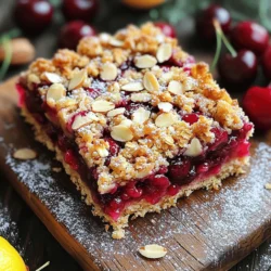 To make Cherry Almond Crumble Bars, you need the following ingredients: - 2 cups fresh or frozen cherries, pitted and halved - 1 tablespoon lemon juice - 1/2 cup granulated sugar (adjust based on cherry sweetness) - 1/2 teaspoon almond extract - 1 cup rolled oats - 1 cup all-purpose flour - 1/2 cup brown sugar, packed - 1/2 teaspoon baking powder - 1/4 teaspoon salt - 1/2 cup unsalted butter, melted (plus extra for greasing) - 1/2 cup sliced almonds - 1/4 teaspoon cinnamon You can change some ingredients if you don’t have them. For example, use coconut sugar instead of brown sugar for a different taste. If you lack sliced almonds, try chopped walnuts or pecans. You can also swap almond extract for vanilla extract if needed. Using fresh cherries gives a bright taste. They add a juicy texture and vibrant color. However, frozen cherries work well too. They are often picked at peak ripeness, so they taste great. If you use frozen cherries, let them thaw and drain excess juice. This keeps your bars from getting soggy. Enjoy making these Cherry Almond Crumble Bars! For the full recipe, check out the instructions above. Start by washing your cherries well. If you use fresh cherries, pit them and cut them in half. If you have frozen cherries, let them thaw first. Place the cherries in a bowl. Add the lemon juice, granulated sugar, and almond extract. Mix gently to coat each cherry. Let it sit for a few minutes. This helps the cherries soak up the flavors. In a different bowl, combine rolled oats, all-purpose flour, brown sugar, baking powder, salt, and cinnamon. Stir these dry ingredients until they mix well. Pour the melted butter into this mix. Use a fork to blend until it looks like coarse crumbs. Take half of this mixture and press it firmly into the bottom of your greased baking dish. This will be your crust. Spread the cherry mix evenly on top of the crust. Make sure the cherries cover the crust well. Next, sprinkle the rest of the crumble mixture over the cherries. Add a generous handful of sliced almonds on top. Bake in your preheated oven at 350°F for 25 to 30 minutes. Check for a golden brown top and bubbling cherries. Once done, remove from the oven and let it cool for at least 15 minutes. This helps the bars set before you slice them. Enjoy your Cherry Almond Crumble Bars! For the complete recipe, check out the Full Recipe. If your crumble bars come out soggy, check the cherry mixture. Too much juice can make it wet. Try adding a tablespoon of cornstarch to thicken the filling. If your topping is too dry, add a bit more melted butter to the crumble mix. This helps it bind better. Also, make sure to press the crust firmly into the dish. This keeps it from falling apart. Serve the Cherry Almond Crumble Bars warm or at room temperature. They taste great with vanilla ice cream or a dollop of whipped cream. For a fun twist, drizzle some chocolate sauce over the top. Fresh mint leaves can add a nice touch too. Arrange the bars on a pretty plate to impress your guests. To boost the flavor, try adding a pinch of nutmeg or cardamom with the cinnamon. You can also swap the almond extract for vanilla for a different taste. Adding a handful of chopped dark chocolate to the filling will make it rich and decadent. Don't forget to adjust the sugar if you change the ingredients! {{image_2}} If you have dietary needs, you can easily change some ingredients. For a vegan option, replace the butter with coconut oil or vegan butter. Use maple syrup instead of granulated sugar for a natural sweetener. If you need gluten-free bars, swap all-purpose flour with almond flour or a gluten-free blend. You can boost the taste with fun add-ins. Try adding a pinch of nutmeg for warmth. A teaspoon of vanilla extract can enhance the sweetness. You can also mix in some lemon zest for brightness. If you love chocolate, add some mini chocolate chips to the crumble topping for a rich flavor. Toppings can change the whole feel of your bars. Instead of sliced almonds, use chopped walnuts or pecans for a different crunch. You can sprinkle shredded coconut on top for a tropical twist. For a sweet touch, drizzle melted chocolate or caramel over the baked bars before serving. Check out the Full Recipe to explore all the options you have! To keep your Cherry Almond Crumble Bars fresh, store them in an airtight container. Make sure they are completely cool before you seal them up. If you leave them out, they can become soggy. Store them at room temperature for up to three days. If you want them to last longer, consider freezing. You can freeze these bars for later. Cut the bars into pieces and wrap them tightly in plastic wrap. Place the wrapped bars in a freezer-safe bag or container. They can stay in the freezer for up to three months. When you want to enjoy them, just take out the amount you wish to eat. To reheat your bars, you can use the oven or microwave. If using the oven, preheat it to 350°F (175°C). Place the bars on a baking sheet and warm them for about 10 minutes. In the microwave, heat them for about 15-20 seconds. This will help bring back their soft texture. Enjoy them warm for the best taste. For the complete recipe, check out the Full Recipe. Yes, you can use many fruits. Blueberries, raspberries, or peaches work well. Just adjust the sugar to match the fruit's sweetness. Each fruit adds a unique taste. This flexibility lets you enjoy these bars all year. Absolutely! You can swap all-purpose flour for gluten-free flour. Use oats labeled gluten-free too. These changes keep the bars tasty and safe for gluten-free diets. Enjoy your cherry almond crumble bars without worry! These bars last about five days at room temperature. Store them in an airtight container. For longer storage, freeze them for up to three months. Just thaw and enjoy! For the complete recipe, check out the Full Recipe. This blog post detailed how to make Cherry Almond Crumble Bars, starting from the ingredients to storage tips. We covered the best types of cherries to use and how to prep them. You learned how to make a crust and a crumble topping, along with baking tips and serving ideas. In the end, these bars are simple to make and delicious. They can fit different diets, and you have many ways to store leftovers. Dive in and enjoy making these tasty treats!