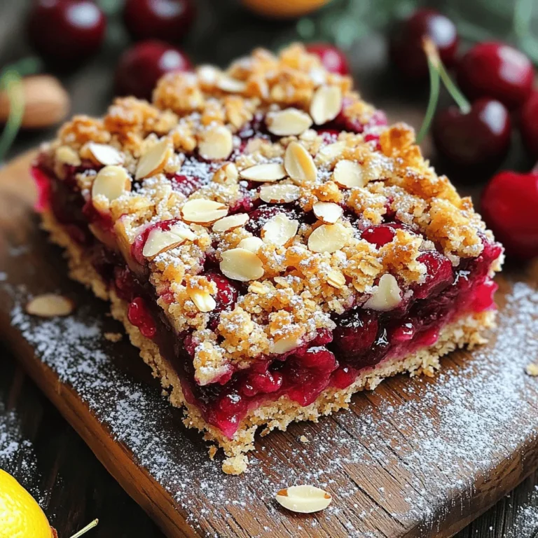 To make Cherry Almond Crumble Bars, you need the following ingredients: - 2 cups fresh or frozen cherries, pitted and halved - 1 tablespoon lemon juice - 1/2 cup granulated sugar (adjust based on cherry sweetness) - 1/2 teaspoon almond extract - 1 cup rolled oats - 1 cup all-purpose flour - 1/2 cup brown sugar, packed - 1/2 teaspoon baking powder - 1/4 teaspoon salt - 1/2 cup unsalted butter, melted (plus extra for greasing) - 1/2 cup sliced almonds - 1/4 teaspoon cinnamon You can change some ingredients if you don’t have them. For example, use coconut sugar instead of brown sugar for a different taste. If you lack sliced almonds, try chopped walnuts or pecans. You can also swap almond extract for vanilla extract if needed. Using fresh cherries gives a bright taste. They add a juicy texture and vibrant color. However, frozen cherries work well too. They are often picked at peak ripeness, so they taste great. If you use frozen cherries, let them thaw and drain excess juice. This keeps your bars from getting soggy. Enjoy making these Cherry Almond Crumble Bars! For the full recipe, check out the instructions above. Start by washing your cherries well. If you use fresh cherries, pit them and cut them in half. If you have frozen cherries, let them thaw first. Place the cherries in a bowl. Add the lemon juice, granulated sugar, and almond extract. Mix gently to coat each cherry. Let it sit for a few minutes. This helps the cherries soak up the flavors. In a different bowl, combine rolled oats, all-purpose flour, brown sugar, baking powder, salt, and cinnamon. Stir these dry ingredients until they mix well. Pour the melted butter into this mix. Use a fork to blend until it looks like coarse crumbs. Take half of this mixture and press it firmly into the bottom of your greased baking dish. This will be your crust. Spread the cherry mix evenly on top of the crust. Make sure the cherries cover the crust well. Next, sprinkle the rest of the crumble mixture over the cherries. Add a generous handful of sliced almonds on top. Bake in your preheated oven at 350°F for 25 to 30 minutes. Check for a golden brown top and bubbling cherries. Once done, remove from the oven and let it cool for at least 15 minutes. This helps the bars set before you slice them. Enjoy your Cherry Almond Crumble Bars! For the complete recipe, check out the Full Recipe. If your crumble bars come out soggy, check the cherry mixture. Too much juice can make it wet. Try adding a tablespoon of cornstarch to thicken the filling. If your topping is too dry, add a bit more melted butter to the crumble mix. This helps it bind better. Also, make sure to press the crust firmly into the dish. This keeps it from falling apart. Serve the Cherry Almond Crumble Bars warm or at room temperature. They taste great with vanilla ice cream or a dollop of whipped cream. For a fun twist, drizzle some chocolate sauce over the top. Fresh mint leaves can add a nice touch too. Arrange the bars on a pretty plate to impress your guests. To boost the flavor, try adding a pinch of nutmeg or cardamom with the cinnamon. You can also swap the almond extract for vanilla for a different taste. Adding a handful of chopped dark chocolate to the filling will make it rich and decadent. Don't forget to adjust the sugar if you change the ingredients! {{image_2}} If you have dietary needs, you can easily change some ingredients. For a vegan option, replace the butter with coconut oil or vegan butter. Use maple syrup instead of granulated sugar for a natural sweetener. If you need gluten-free bars, swap all-purpose flour with almond flour or a gluten-free blend. You can boost the taste with fun add-ins. Try adding a pinch of nutmeg for warmth. A teaspoon of vanilla extract can enhance the sweetness. You can also mix in some lemon zest for brightness. If you love chocolate, add some mini chocolate chips to the crumble topping for a rich flavor. Toppings can change the whole feel of your bars. Instead of sliced almonds, use chopped walnuts or pecans for a different crunch. You can sprinkle shredded coconut on top for a tropical twist. For a sweet touch, drizzle melted chocolate or caramel over the baked bars before serving. Check out the Full Recipe to explore all the options you have! To keep your Cherry Almond Crumble Bars fresh, store them in an airtight container. Make sure they are completely cool before you seal them up. If you leave them out, they can become soggy. Store them at room temperature for up to three days. If you want them to last longer, consider freezing. You can freeze these bars for later. Cut the bars into pieces and wrap them tightly in plastic wrap. Place the wrapped bars in a freezer-safe bag or container. They can stay in the freezer for up to three months. When you want to enjoy them, just take out the amount you wish to eat. To reheat your bars, you can use the oven or microwave. If using the oven, preheat it to 350°F (175°C). Place the bars on a baking sheet and warm them for about 10 minutes. In the microwave, heat them for about 15-20 seconds. This will help bring back their soft texture. Enjoy them warm for the best taste. For the complete recipe, check out the Full Recipe. Yes, you can use many fruits. Blueberries, raspberries, or peaches work well. Just adjust the sugar to match the fruit's sweetness. Each fruit adds a unique taste. This flexibility lets you enjoy these bars all year. Absolutely! You can swap all-purpose flour for gluten-free flour. Use oats labeled gluten-free too. These changes keep the bars tasty and safe for gluten-free diets. Enjoy your cherry almond crumble bars without worry! These bars last about five days at room temperature. Store them in an airtight container. For longer storage, freeze them for up to three months. Just thaw and enjoy! For the complete recipe, check out the Full Recipe. This blog post detailed how to make Cherry Almond Crumble Bars, starting from the ingredients to storage tips. We covered the best types of cherries to use and how to prep them. You learned how to make a crust and a crumble topping, along with baking tips and serving ideas. In the end, these bars are simple to make and delicious. They can fit different diets, and you have many ways to store leftovers. Dive in and enjoy making these tasty treats!