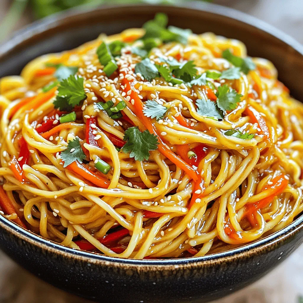- 200g whole wheat spaghetti or noodles of choice - 3 tablespoons sesame oil - 2 tablespoons soy sauce - 1 tablespoon rice vinegar - 1 tablespoon chili paste (adjust for spice level) - Optional: additional chili flakes for more heat - Sesame seeds for garnish - Fresh cilantro for garnish - Green onions (reserve some for garnish) This recipe shines with its main ingredients. The whole wheat spaghetti adds a nutty flavor and a healthy twist. Sesame oil brings a rich, toasty taste. Soy sauce adds umami, while rice vinegar balances all the flavors. For spice, I like to start with one tablespoon of chili paste. If you want it spicier, add more. You can also sprinkle chili flakes for extra heat. Garnishes make your dish pop. Sesame seeds add crunch. Fresh cilantro gives a burst of freshness. Don’t forget to save some green onions for the top. They add color and flavor, making your dish inviting. For the full recipe, check out the instructions above. Experiment with these ingredients, and you will create a tasty dish! Start by boiling a large pot of salted water. When the water is bubbling, add your noodles. Cook them until they are just right, or al dente. This usually takes about 8-10 minutes. Once done, drain the noodles and rinse them under cold water. This stops the cooking and keeps them firm. In a small bowl, whisk together the following ingredients until mixed well: - 3 tablespoons sesame oil - 2 tablespoons soy sauce - 1 tablespoon rice vinegar - 1 tablespoon chili paste (you can adjust this for your spice level) - 1 tablespoon honey or maple syrup - 2 minced garlic cloves - 1-inch piece of grated ginger This sauce will give your noodles a great flavor. Next, heat a bit of sesame oil in a skillet over medium-high heat. Add shredded carrots and red bell pepper to the pan. Sauté them for about 3-4 minutes. You want them to be a little soft but still crunchy. This adds a nice texture to your dish. Add your cooked noodles to the skillet with the sautéed vegetables. Pour the sauce over everything and toss it well. Make sure the noodles are evenly coated with the sauce. This step is key for flavor. Finally, stir in the reserved green onions. Sauté everything for another 2 minutes to heat through. Your spicy sesame noodles are now ready to serve! For a beautiful finish, garnish with sesame seeds and fresh cilantro. You can find the full recipe above to guide you through each step. Enjoy your delicious creation! To balance spicy and sweet flavors, use chili paste wisely. Start with one tablespoon. If it’s too hot, add more honey or maple syrup to tone it down. You can also add just a little more chili paste if you want more heat. Always taste as you go. This way, you find the perfect level for your palate. Crunch adds fun to your dish. Consider adding veggies like bell peppers or snap peas. They give great texture. You can also use a mix of noodles. Try whole wheat spaghetti with rice noodles for a unique bite. This combo keeps your meal interesting and varied. How you serve your noodles matters. Plate them in a deep bowl for a cozy look. Twirl the noodles in the center for a fancy touch. Drizzle a little extra sesame oil on top for shine. Sprinkle sesame seeds and some green onions for color. This makes your dish look as good as it tastes! {{image_2}} You can easily make spicy sesame noodles vegan. Just swap honey for maple syrup. This keeps the sweetness but makes it plant-based. For added protein, include tofu or tempeh. Both options soak up flavors well. If you're avoiding gluten, use gluten-free pasta. Rice noodles work great and keep the dish light. You can also use tamari instead of soy sauce. This keeps the flavor intact while making it gluten-free. To make this dish nut-free, skip the sesame oil. You can use olive oil or sunflower oil instead. These oils add flavor without any nuts. This way, everyone can enjoy your spicy sesame noodles. Check out the Full Recipe for more ideas! To store spicy sesame noodles, place them in an airtight container. Make sure the noodles cool down before sealing. This helps keep the flavors fresh. In the refrigerator, they can last for about 3 to 5 days. Always check for any off smells or changes in texture before eating. Yes, you can freeze spicy sesame noodles. Just pack them tightly in a freezer-safe container. They will stay good for up to 2 months. To thaw, move them to the fridge overnight. For a quicker method, you can use the microwave on low. You can reheat noodles in two ways: microwave or stovetop. If using a microwave, heat in short bursts and stir often. For stovetop, add a splash of water in a pan. This helps steam the noodles. Avoid overcooking to keep them from becoming mushy. Enjoy your leftovers just as much as the first time! To make your spicy sesame noodles less spicy, you can adjust the chili paste. Use less chili paste to lower the heat. You can also add a little more honey or maple syrup. This helps balance the spice with sweetness. Another option is to add more vegetables, like shredded carrots or bell peppers. They will dilute the heat and add crunch. Yes, you can use many types of noodles for this dish. Whole wheat spaghetti works well, but you can also use rice noodles or soba noodles. If you want a gluten-free option, try rice noodles or gluten-free pasta. Each type gives a unique taste and texture, so choose what you like best! Spicy sesame noodles pair well with various side dishes. Try serving them with steamed broccoli or snap peas for a fresh crunch. You can also add a light salad with cucumber and sesame dressing. For protein, consider grilled chicken or tofu. These options complement the noodles nicely. To store leftovers, place them in an airtight container. They will stay fresh in the fridge for about three days. If you want to freeze them, separate the noodles and sauce. This helps maintain their texture. When reheating, use the stovetop for best results. Add a splash of water to keep the noodles moist. Avoid the microwave, as it can make them mushy. You can enjoy a delicious plate of spicy sesame noodles made easily from this guide. We covered key ingredients, simple steps, and tips to boost flavor. Whether you're adjusting spice levels or storing leftovers, these tips ensure a great meal every time. Remember to get creative with your garnishes and variations. Customize your dish to fit your tastes and dietary needs. With practice, you'll make this tasty meal your own. Dive into cooking and explore all the flavors these noodles can bring to your table.