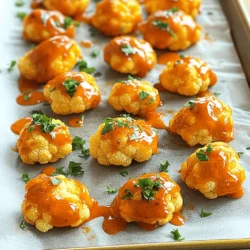 - 1 medium head of cauliflower, cut into bite-sized florets - 1 cup all-purpose flour - 1 cup water - 1 teaspoon garlic powder - 1 teaspoon onion powder - 1 teaspoon paprika - 1/2 teaspoon salt - 1/2 teaspoon black pepper - 1 cup buffalo sauce (store-bought or homemade) - 2 tablespoons olive oil - Fresh parsley, chopped (for garnish) These ingredients create a tasty and healthy snack. Cauliflower is the star here. It has many health benefits. It is low in calories and high in fiber. This makes it a great choice for a snack. The flour, water, and spices mix to form a batter. This batter coats the cauliflower, giving it a crunchy texture. The buffalo sauce adds a spicy kick that many love. You can also add olive oil for richness. Fresh parsley on top makes it look nice and adds flavor. Check out the Full Recipe to see how to bring these ingredients together. - Preheat the oven to 450°F (230°C). - Prepare the baking sheet with parchment paper. To create the batter, mix these items in a large bowl: - 1 cup all-purpose flour - 1 cup water - 1 teaspoon garlic powder - 1 teaspoon onion powder - 1 teaspoon paprika - 1/2 teaspoon salt - 1/2 teaspoon black pepper Whisk them together until the batter is smooth. Next, add the cauliflower florets and toss them. Make sure every piece is well coated. Now, lay the battered cauliflower on the baking sheet. Bake them for 20 minutes, or until they turn golden brown. While they bake, mix up the buffalo sauce. In a small bowl, combine: - 1 cup buffalo sauce (store-bought or homemade) - 2 tablespoons olive oil Stir well to mix. After 20 minutes, take the cauliflower out and toss it in the buffalo sauce. Coat each piece well in the sauce. Return the sauced cauliflower to the baking sheet. Bake for an extra 10 to 15 minutes. You want them crispy and slightly charred. Once done, let them cool for a few minutes. Garnish with fresh parsley before serving. For a complete guide, check the Full Recipe. To make your buffalo cauliflower bites crispy, follow a few key steps. First, bake them at a high temperature. Preheat your oven to 450°F (230°C) for the best results. Use parchment paper on your baking sheet. This helps prevent sticking and gives a nice crisp. Make sure to space out the cauliflower florets. They need room for hot air to circulate. The secret to the perfect batter lies in the consistency. Your batter should not be too thick or too thin. Aim for a smooth texture that coats the florets well. Mixing equal parts flour and water with spices creates a great base. For an extra kick, use homemade buffalo sauce. Making your own sauce allows you to adjust the spice level. You can mix butter, hot sauce, and a dash of garlic powder for a great flavor. Adding spices enhances the taste even more. Consider using cayenne pepper or smoked paprika. These spices add depth and a subtle smokiness. Feel free to experiment with different herbs and spices to find your favorite combination. Buffalo cauliflower bites pair well with several dips. Blue cheese dressing is a classic choice. It balances the heat with creamy goodness. Ranch dressing also works great for those who like a milder flavor. For side dishes, think about serving them with fresh veggies or a green salad. This adds crunch and freshness to your meal. You can also serve them as a fun appetizer at parties. They are sure to impress your guests! {{image_2}} To make vegan Buffalo cauliflower bites, you can change the batter. Instead of all-purpose flour, try using chickpea flour. Mix it with water to create a smooth batter. This gives a nice flavor and keeps it plant-based. You can also use almond milk or oat milk instead of water. This adds a creamy texture while keeping it vegan-friendly. If you love heat, add cayenne pepper to the batter. Just a pinch can make a big difference. You can also mix in your favorite hot sauce with the buffalo sauce. This will give your bites an extra kick. If you want even more spice, try adding a dash of crushed red pepper flakes. Experimenting with different hot sauces can create fun new flavors. You can cook Buffalo cauliflower bites in different ways. An air fryer is a great option. Preheat it to 400°F (200°C). Place the battered cauliflower in a single layer. Cook for about 15 minutes, flipping halfway through. This method makes them crispy with less oil. Grilling is another fun way to cook these bites. Preheat your grill to medium heat. Place the battered cauliflower on skewers or a grill basket. Grill for about 10-12 minutes, turning often. This adds a nice smoky flavor to your bites. For the full recipe, check out the instructions provided earlier. Enjoy experimenting with these variations! To keep your Buffalo Cauliflower Bites fresh, store them in an airtight container. Place a paper towel in the container to absorb extra moisture. This helps maintain crispiness. Store them in the fridge for up to three days. If you want to enjoy them longer, consider freezing. When it’s time to enjoy your leftovers, the oven is the best choice. Preheat it to 400°F (200°C). Spread the bites on a baking sheet for even heating. Bake for about 10 minutes until they’re hot and crispy. If you’re short on time, you can use a microwave. Heat them in short bursts, about 30 seconds at a time. Keep in mind that the microwave may make them softer. Freezing Buffalo Cauliflower Bites is simple. First, let them cool completely after cooking. Then, place them in a single layer on a baking sheet and freeze for about an hour. Once frozen, transfer them to a freezer-safe bag or container. They can last up to two months in the freezer. To reheat, bake directly from frozen. Increase the oven time to about 15-20 minutes. This way, you can enjoy crispy, tasty bites whenever you want. For the full experience, check out the Full Recipe. Buffalo Cauliflower Bites are a tasty snack made from cauliflower. These bites have a crispy coating and are tossed in spicy buffalo sauce. They serve as a great vegan alternative to chicken wings. You can enjoy them as a snack or party food. They pack a punch of flavor and are easy to share. Yes, you can make Buffalo Cauliflower Bites gluten-free. Use gluten-free flour instead of all-purpose flour. You can try almond flour or chickpea flour as good options. Make sure your buffalo sauce is also gluten-free. Many brands offer gluten-free sauces. To make Buffalo Cauliflower Bites less spicy, dilute the buffalo sauce. You can mix it with a little olive oil or butter. This will tone down the heat. Another option is to use BBQ sauce instead of buffalo sauce. BBQ sauce adds sweetness and flavor without the heat. In this article, we explored how to make delicious buffalo cauliflower bites. We covered the ingredients, cooking steps, and tips to achieve crispy results. You learned about storage and variations, including vegan options and different cooking methods. Making these bites is easy and fun. Whether you're a new cook or an expert, enjoy sharing these tasty snacks with friends. Keep experimenting with flavors to make them your own!