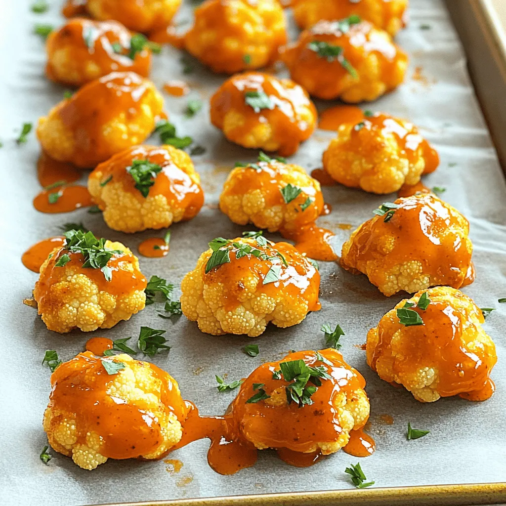 - 1 medium head of cauliflower, cut into bite-sized florets - 1 cup all-purpose flour - 1 cup water - 1 teaspoon garlic powder - 1 teaspoon onion powder - 1 teaspoon paprika - 1/2 teaspoon salt - 1/2 teaspoon black pepper - 1 cup buffalo sauce (store-bought or homemade) - 2 tablespoons olive oil - Fresh parsley, chopped (for garnish) These ingredients create a tasty and healthy snack. Cauliflower is the star here. It has many health benefits. It is low in calories and high in fiber. This makes it a great choice for a snack. The flour, water, and spices mix to form a batter. This batter coats the cauliflower, giving it a crunchy texture. The buffalo sauce adds a spicy kick that many love. You can also add olive oil for richness. Fresh parsley on top makes it look nice and adds flavor. Check out the Full Recipe to see how to bring these ingredients together. - Preheat the oven to 450°F (230°C). - Prepare the baking sheet with parchment paper. To create the batter, mix these items in a large bowl: - 1 cup all-purpose flour - 1 cup water - 1 teaspoon garlic powder - 1 teaspoon onion powder - 1 teaspoon paprika - 1/2 teaspoon salt - 1/2 teaspoon black pepper Whisk them together until the batter is smooth. Next, add the cauliflower florets and toss them. Make sure every piece is well coated. Now, lay the battered cauliflower on the baking sheet. Bake them for 20 minutes, or until they turn golden brown. While they bake, mix up the buffalo sauce. In a small bowl, combine: - 1 cup buffalo sauce (store-bought or homemade) - 2 tablespoons olive oil Stir well to mix. After 20 minutes, take the cauliflower out and toss it in the buffalo sauce. Coat each piece well in the sauce. Return the sauced cauliflower to the baking sheet. Bake for an extra 10 to 15 minutes. You want them crispy and slightly charred. Once done, let them cool for a few minutes. Garnish with fresh parsley before serving. For a complete guide, check the Full Recipe. To make your buffalo cauliflower bites crispy, follow a few key steps. First, bake them at a high temperature. Preheat your oven to 450°F (230°C) for the best results. Use parchment paper on your baking sheet. This helps prevent sticking and gives a nice crisp. Make sure to space out the cauliflower florets. They need room for hot air to circulate. The secret to the perfect batter lies in the consistency. Your batter should not be too thick or too thin. Aim for a smooth texture that coats the florets well. Mixing equal parts flour and water with spices creates a great base. For an extra kick, use homemade buffalo sauce. Making your own sauce allows you to adjust the spice level. You can mix butter, hot sauce, and a dash of garlic powder for a great flavor. Adding spices enhances the taste even more. Consider using cayenne pepper or smoked paprika. These spices add depth and a subtle smokiness. Feel free to experiment with different herbs and spices to find your favorite combination. Buffalo cauliflower bites pair well with several dips. Blue cheese dressing is a classic choice. It balances the heat with creamy goodness. Ranch dressing also works great for those who like a milder flavor. For side dishes, think about serving them with fresh veggies or a green salad. This adds crunch and freshness to your meal. You can also serve them as a fun appetizer at parties. They are sure to impress your guests! {{image_2}} To make vegan Buffalo cauliflower bites, you can change the batter. Instead of all-purpose flour, try using chickpea flour. Mix it with water to create a smooth batter. This gives a nice flavor and keeps it plant-based. You can also use almond milk or oat milk instead of water. This adds a creamy texture while keeping it vegan-friendly. If you love heat, add cayenne pepper to the batter. Just a pinch can make a big difference. You can also mix in your favorite hot sauce with the buffalo sauce. This will give your bites an extra kick. If you want even more spice, try adding a dash of crushed red pepper flakes. Experimenting with different hot sauces can create fun new flavors. You can cook Buffalo cauliflower bites in different ways. An air fryer is a great option. Preheat it to 400°F (200°C). Place the battered cauliflower in a single layer. Cook for about 15 minutes, flipping halfway through. This method makes them crispy with less oil. Grilling is another fun way to cook these bites. Preheat your grill to medium heat. Place the battered cauliflower on skewers or a grill basket. Grill for about 10-12 minutes, turning often. This adds a nice smoky flavor to your bites. For the full recipe, check out the instructions provided earlier. Enjoy experimenting with these variations! To keep your Buffalo Cauliflower Bites fresh, store them in an airtight container. Place a paper towel in the container to absorb extra moisture. This helps maintain crispiness. Store them in the fridge for up to three days. If you want to enjoy them longer, consider freezing. When it’s time to enjoy your leftovers, the oven is the best choice. Preheat it to 400°F (200°C). Spread the bites on a baking sheet for even heating. Bake for about 10 minutes until they’re hot and crispy. If you’re short on time, you can use a microwave. Heat them in short bursts, about 30 seconds at a time. Keep in mind that the microwave may make them softer. Freezing Buffalo Cauliflower Bites is simple. First, let them cool completely after cooking. Then, place them in a single layer on a baking sheet and freeze for about an hour. Once frozen, transfer them to a freezer-safe bag or container. They can last up to two months in the freezer. To reheat, bake directly from frozen. Increase the oven time to about 15-20 minutes. This way, you can enjoy crispy, tasty bites whenever you want. For the full experience, check out the Full Recipe. Buffalo Cauliflower Bites are a tasty snack made from cauliflower. These bites have a crispy coating and are tossed in spicy buffalo sauce. They serve as a great vegan alternative to chicken wings. You can enjoy them as a snack or party food. They pack a punch of flavor and are easy to share. Yes, you can make Buffalo Cauliflower Bites gluten-free. Use gluten-free flour instead of all-purpose flour. You can try almond flour or chickpea flour as good options. Make sure your buffalo sauce is also gluten-free. Many brands offer gluten-free sauces. To make Buffalo Cauliflower Bites less spicy, dilute the buffalo sauce. You can mix it with a little olive oil or butter. This will tone down the heat. Another option is to use BBQ sauce instead of buffalo sauce. BBQ sauce adds sweetness and flavor without the heat. In this article, we explored how to make delicious buffalo cauliflower bites. We covered the ingredients, cooking steps, and tips to achieve crispy results. You learned about storage and variations, including vegan options and different cooking methods. Making these bites is easy and fun. Whether you're a new cook or an expert, enjoy sharing these tasty snacks with friends. Keep experimenting with flavors to make them your own!