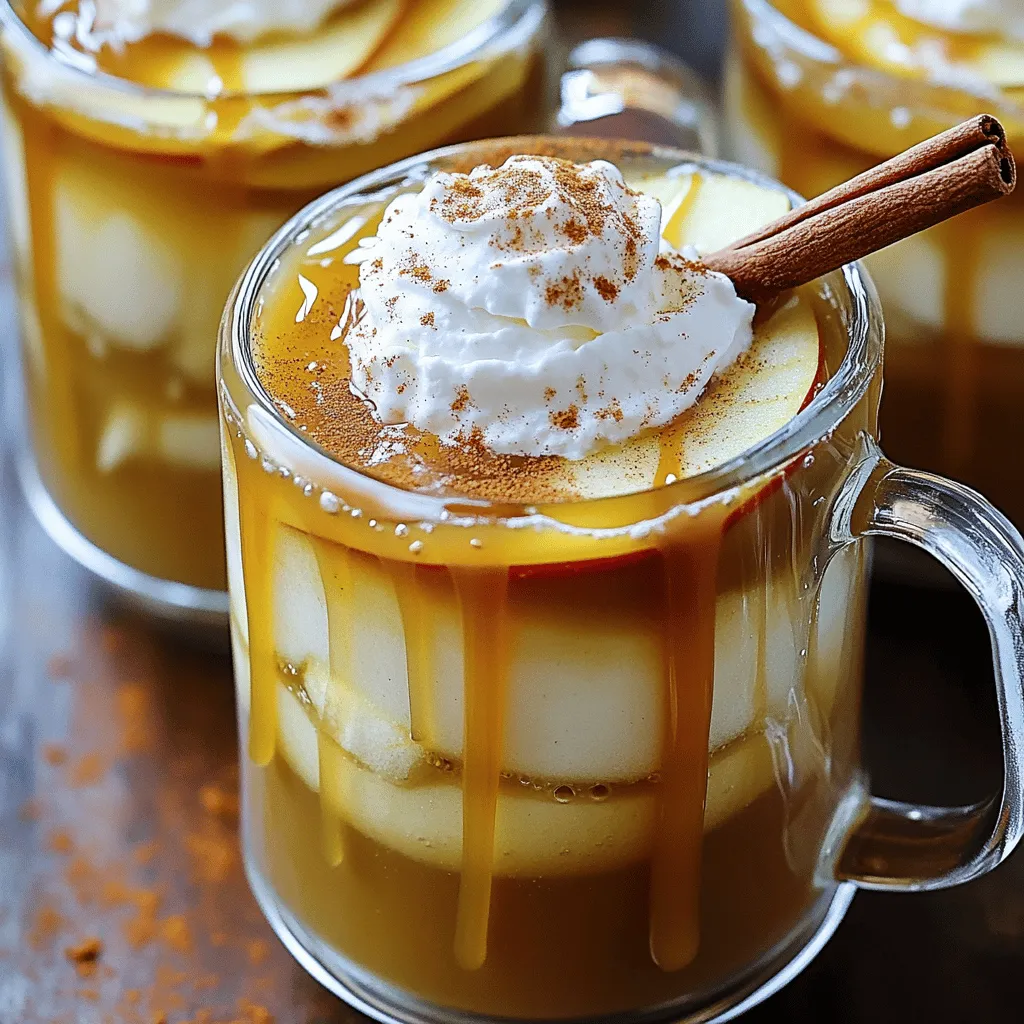 To make this cozy drink, gather these items: - 4 cups apple cider - 1/2 cup caramel sauce, plus extra for drizzling - 1 cinnamon stick - 1 teaspoon vanilla extract - 1/4 teaspoon ground nutmeg - 2 apples, thinly sliced - Whipped cream for topping (optional) - Ground cinnamon for garnish (optional) These ingredients create a warm and tasty blend. The apples add a fresh crunch, while the caramel gives it a sweet touch. You can make this drink unique by adding some extras: - A splash of maple syrup for more sweetness - A pinch of ground ginger for a spicy kick - A dash of clove for a deeper flavor - Different types of apples for varied tastes Feel free to mix and match to find your favorite flavor! Choosing the right apple cider makes a big difference. Look for cider made from fresh apples. It should be clear and have a nice aroma. Avoid ciders with added sugars or preservatives. Fresh, local cider often tastes the best and gives your drink a real apple flavor. To make caramel apple cider, gather your ingredients first. You will need apple cider, caramel sauce, and spices. This drink warms you up and tastes like fall. 1. Take a medium saucepan and pour in 4 cups of apple cider. 2. Add the cinnamon stick to the cider for extra flavor. 3. Heat the cider on medium heat. Stir gently and do not let it boil. 4. After a few minutes, stir in 1/2 cup of caramel sauce, vanilla extract, and nutmeg. Mix until everything is combined. 5. Let the cider warm for about 5 to 10 minutes. Stir it now and then. This helps the caramel dissolve. 6. Remove the cinnamon stick when done heating. Take the pan off the heat. 7. In your mugs, place a few slices of fresh apple at the bottom. 8. Carefully pour the warm cider over the apple slices. 9. If you want, add whipped cream on top. Drizzle some extra caramel sauce on the cream. 10. Finish by sprinkling ground cinnamon for extra flavor. To heat the cider evenly, keep your stove at medium heat. Stir the cider often. This helps the caramel mix well. Avoid high heat, as it may burn the cider. Enjoy your drink warm for the best taste! To make your caramel apple cider shine, focus on quality. Use fresh apple cider. The taste is better than store brands. Add a pinch of sea salt to balance the sweetness. This small touch makes a big difference. Also, try using different spices like allspice or cloves. They add warmth and depth. For an extra touch, swap regular caramel for salted caramel. It gives a fun twist to the flavor. One common mistake is boiling the cider. Boiling can ruin the fresh taste. Always heat it gently. Another mistake is adding too much caramel. It can overpower the apple taste. Start with half a cup and adjust to your liking. Don't skip the cinnamon stick; it infuses a lovely aroma. Lastly, remember to remove the stick before serving. No one wants to bite into it! To make a kid-friendly version, skip the spices that are too strong. Keep the apple cider and caramel sauce as the main stars. Use whipped cream and colorful sprinkles on top. This makes it fun and festive. You can also serve it cold. Just chill the cider and mix in caramel. This way, kids can enjoy a refreshing drink anytime! {{image_2}} You can turn this cozy drink into a fun adult treat. Add bourbon or rum for warmth. Start with 1 to 2 ounces of your choice. Mix it into the warm cider before pouring it into mugs. The rich caramel flavor pairs well with the alcohol. Enjoy it by the fire or at a gathering. Fall is a great time to try new flavors. You can mix in pumpkin spice for a festive twist. Just add 1 teaspoon to the cider as it heats. For a more tart flavor, try adding cranberry juice. Use 1 cup of cranberry juice with the cider. This gives a nice balance to the sweetness of the caramel. You can easily make this drink fit your diet. For a vegan version, swap the caramel sauce for a plant-based option. Check for brands that use coconut or agave. Make sure to use gluten-free cider if needed. Most apple ciders are naturally gluten-free, but always check the label. This way, everyone can enjoy this tasty drink! Find the full recipe to get started on your caramel apple cider adventure. To keep your caramel apple cider fresh, pour any leftovers into a clean jar. Seal it tightly with a lid. Store it in the fridge. This way, it can stay cool and tasty for later. Make sure to consume it within a few days for the best flavor. When you want to enjoy your cider again, pour it into a saucepan. Heat it over low heat. Stir gently until it warms up. Avoid boiling, as this can change the taste. You can also use a microwave. Heat it in a microwave-safe mug for about one minute. Stir halfway through to ensure even warming. The apple cider can last up to a week in the fridge. Caramel sauce also has a long shelf life. If unopened, it can last for months. Once opened, it should stay fresh for about two weeks in the fridge. Apples should be eaten within a week for the best crunch and flavor. Caramel apple cider is a warm drink made with apple cider and caramel sauce. It combines the sweet taste of apples with rich caramel. This drink is perfect for cozy fall days. The spices, like cinnamon and nutmeg, add warmth and depth. You can enjoy it with friends or family by the fire. Yes, you can use store-bought caramel sauce. It saves time and still tastes great. Just make sure to choose a good quality sauce. This way, you keep the flavors rich and smooth. If you want, you can also make your own caramel sauce for a special twist. To make a larger batch, simply multiply the ingredients. For example, use 8 cups of apple cider instead of 4. You can adjust the other ingredients based on your taste. Just keep the same cooking steps. Use a big pot to hold all the cider. This makes it perfect for parties or gatherings. You can find the best caramel apple cider at local farms or apple orchards. Many places make their cider fresh and seasonal. Some coffee shops also serve great versions. If you want to try different flavors, look for local festivals or events. You can even make your own at home with the full recipe! You learned how to make warm, tasty caramel apple cider from scratch. We covered the key ingredients, step-by-step cooking, and tips to enhance flavor. You can customize it with fun variations and store leftovers easily. In conclusion, this recipe brings warmth and joy to your gatherings. Keep exploring flavors and variations to find your perfect mix. Enjoy your cozy drink!