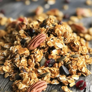 To make your Pumpkin Spice Granola Snack Mix, gather these simple ingredients: - 2 cups rolled oats - 1 cup pumpkin seeds - 1 cup pecans, chopped - 1/2 cup honey or maple syrup - 1/4 cup coconut oil, melted - 1 teaspoon vanilla extract - 1 tablespoon pumpkin spice blend - 1/2 teaspoon salt - 1 cup dried cranberries or raisins - 1/2 cup dark chocolate chips (optional) You can swap some ingredients if needed. Use sunflower seeds instead of pumpkin seeds. Walnuts work well in place of pecans. You can try agave syrup in place of honey or maple syrup. If you want a dairy-free option, use coconut oil for any butter. For a nut-free mix, skip the nuts altogether and add extra seeds. Dried apples or bananas can replace cranberries or raisins. I trust these brands for quality ingredients: - For oats, Bob's Red Mill is a great choice. - For pumpkin seeds, look for Raw Pumpkin Seeds by Terrasoul. - For honey, try Manuka Honey for a rich flavor. - For maple syrup, I recommend Grade A Maple Syrup from Maple Grove Farms. - For dark chocolate chips, enjoy Enjoy Life Foods for a dairy-free option. These choices help ensure your granola is tasty and healthy. For the full recipe, refer back to the instructions provided. Start by gathering your ingredients. You will need rolled oats, pumpkin seeds, chopped pecans, honey (or maple syrup), coconut oil, vanilla extract, pumpkin spice blend, salt, dried cranberries (or raisins), and dark chocolate chips. Measure everything out. This saves time later. Preheat your oven to 325°F (163°C) and line a baking sheet with parchment paper. This step keeps your granola from sticking. In a large bowl, mix the rolled oats, pumpkin seeds, chopped pecans, pumpkin spice, and salt. Stir until all the dry items blend well. In another bowl, whisk together the honey (or maple syrup), melted coconut oil, and vanilla extract. Mix until smooth. Pour this wet mixture over the dry ingredients. Stir them together until every piece is coated. Spread this mix evenly on your prepared baking sheet. Press it down gently to form clumps. Bake in the oven for 20-25 minutes. Stir midway for even cooking. Look for a golden brown color and a sweet smell. Once baked, remove the granola from the oven. Let it cool completely on the baking sheet. Cooling is key for clumping. Once cool, stir in the dried cranberries (or raisins) and dark chocolate chips if you want. Store your granola snack mix in an airtight container. It will stay fresh for up to two weeks at room temperature. For the complete recipe, check out the Full Recipe. To get those perfect clusters in your granola, use a few simple tricks. First, press the mixture down firmly on the baking sheet before baking. This step helps it stick together. Second, let it cool completely before breaking it apart. The granola will harden as it cools, making clusters easier to form. Lastly, avoid stirring too much while it bakes. A light stir halfway through is best, so the mixture stays clumped. Pumpkin spice is all about balance. Use fresh pumpkin spice blend for the best taste. If you want a stronger flavor, add a bit more than the recipe calls for. You can also add ground ginger or nutmeg for extra warmth. Try using real pumpkin puree instead of spice for a richer flavor. Just remember to adjust your wet ingredients slightly. One common mistake is overbaking the granola. Keep an eye on it. It can go from golden to burnt fast. Another mistake is skimping on the sticky ingredients like honey. These help the granola stick together and form clusters. Also, don’t skip the salt. It enhances all the flavors. Lastly, remember to allow your granola to cool completely on the baking sheet. This step is key for achieving a great texture. For the full recipe, check out the earlier section. {{image_2}} You can make this snack mix nut-free. Simply swap the pecans for sunflower seeds. You can also use pumpkin seeds or other seeds. This keeps the texture crunchy and tasty. Look for seed blends in stores if you want variety. Honey and maple syrup are great, but you have options. Try agave nectar or brown rice syrup. Each sweetener will change the flavor a bit. Choose what you like best or what you have on hand. Add seasonal fruits or spices to make it special. Dried apples or pears can add a nice touch. You can also use cinnamon or nutmeg for extra warmth. These additions make your snack mix fun and festive. For a twist, try adding mini marshmallows for a sweet surprise. Check out the Full Recipe for all the details! To keep your pumpkin spice granola snack mix fresh, store it in an airtight container. Glass jars or plastic containers work well. Make sure to seal it tightly to keep out air and moisture. I recommend placing it in a cool, dry spot, away from sunlight. This helps maintain its crunchy texture and rich flavor. When stored properly, this granola mix lasts up to two weeks at room temperature. If you want it to last longer, consider freezing it. The taste and texture remain great, even after freezing. Just be sure to check for any signs of spoilage before eating. To freeze your granola snack mix, first let it cool completely. Then, place it in a freezer-safe bag or container. Remove as much air as possible to prevent freezer burn. It can last up to three months in the freezer. When you're ready to enjoy it, just thaw it at room temperature for a few hours. You can also pop it in the oven for a few minutes to refresh the crunch. For the full recipe, check out the details above. Yes, you can use quick oats. Quick oats cook faster and have a finer texture. This may change the final crunchiness of the granola. Rolled oats give a heartier bite. If you prefer a chewier mix, stick with rolled oats. You can add nuts like almonds or walnuts for extra crunch. Seeds such as sunflower or flax also work well. Coconut flakes add flavor and texture too. Consider adding toasted granola clusters for added dimension. These options make your snack mix even more delightful. Yes, this recipe can be gluten-free. Just choose gluten-free oats. Most nuts and seeds are naturally gluten-free. Always check labels to ensure no hidden gluten in your ingredients. This way, everyone can enjoy this tasty treat without worry. For the full recipe, check the section above. In this blog post, I covered key ingredients for your recipe, like substitutions and brands. I shared clear steps for preparation, baking, cooling, and storage. You learned how to achieve perfect granola clusters and avoid common mistakes. We explored nut-free options, sweeteners, and seasonal flavors. Finally, I provided storage tips and answered your FAQs. Embrace these ideas for a tasty granola experience. Enjoy experimenting with flavors and sharing your creations!