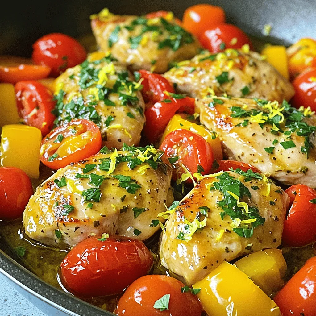- 4 boneless, skinless chicken breasts - 2 tablespoons olive oil - 1 teaspoon garlic powder - 1 teaspoon onion powder - 1 teaspoon dried oregano - 1 teaspoon dried thyme - Salt and pepper to taste - 1 lemon (zested and juiced) - 1 cup cherry tomatoes, halved - 1 bell pepper (red or yellow), sliced - Fresh parsley, chopped (for garnish) When I make One-Pan Lemon Herb Chicken, I love how simple the ingredients are. Using just boneless, skinless chicken breasts makes it easy. The olive oil adds richness, while garlic and onion powders give a great base flavor. I always add dried oregano and thyme for a warm, herbal touch. Salt and pepper bring everything together. The fresh additions really make this dish shine. The zest and juice of a lemon add bright notes. Cherry tomatoes burst with sweetness, and bell peppers bring crunch and color. Lastly, a sprinkle of fresh parsley makes it look appealing and adds a fresh taste. This mix of ingredients creates a meal that is both simple and full of flavor. You can find the Full Recipe to see how to put it all together! - Preheat your oven to 400°F (200°C). - In a bowl, mix olive oil, garlic powder, onion powder, oregano, thyme, lemon zest, lemon juice, salt, and pepper. This mix is your marinade. - Take your chicken breasts and coat them well with the marinade. - Let the chicken sit for 10-15 minutes to soak up all the flavors. - Get your oven-safe skillet and add the cherry tomatoes and sliced bell pepper. - Place the marinated chicken among the veggies in the skillet. - Pour any leftover marinade over the chicken and vegetables. This method makes a simple and flavorful meal. You can find the full recipe above. Enjoy cooking! To make sure your chicken is safe to eat, check that it reaches an internal temperature of 165°F (75°C). This step keeps your meal safe and tasty. After you bake it, let the chicken rest for a few minutes. This helps the juices stay inside. That way, each bite is moist and full of flavor. Want to boost the flavor? Add fresh herbs like basil or rosemary. You can also throw in different veggies to make it colorful. Think about adding lemon juice or lime juice for a zesty kick. These small changes can make a big difference in taste. Using a high-quality oven-safe skillet is key. It helps the chicken cook evenly and stay juicy. A meat thermometer is also a great tool. It ensures your chicken reaches that perfect temperature every time. These tools make cooking easier and keep your meal delicious. For more tips and the full recipe, check out the One-Pan Lemon Herb Chicken section! {{image_2}} You can change the herbs in this dish. If you love basil or rosemary, use them instead. Fresh herbs pack a strong flavor. They can make your meal shine even more. When using fresh herbs, chop them finely. This helps release their oils and boosts the taste. Try different combinations to find your favorite mix. Feel free to add veggies you like. Seasonal vegetables are a great choice. Zucchini and asparagus add a nice crunch. You can also use colorful bell peppers for variety. Red, yellow, or even green peppers bring both taste and texture. Mix and match to create a vibrant dish. You can even toss in some carrots or broccoli for extra nutrition. Baking is not the only way to cook this chicken. You can grill it for a smoky flavor. Grilling gives your chicken nice char marks and a tasty crust. If you're short on time, try stovetop cooking. Sear the chicken in a pan, then add the veggies. This method is quick and still keeps the meal flavorful. Each method brings a unique twist to your One-Pan Lemon Herb Chicken. For the complete recipe, check out the [Full Recipe]. To store leftovers, place the chicken in an airtight container. This keeps the chicken fresh for up to three days. I recommend storing it with the veggies. This helps maintain flavor and moisture. If you have extra marinade, drizzle a bit over the chicken before sealing. It adds more taste when you reheat it. You can freeze portions of One-Pan Lemon Herb Chicken. Make sure to cool the chicken completely first. Then, wrap each piece tightly in plastic wrap. After that, place them in a freezer-safe bag. This keeps them good for about three months. When you are ready to eat, thaw the chicken in the fridge overnight. This helps keep the texture and taste intact. To reheat the chicken, use the oven for the best results. Preheat it to 350°F (175°C). Place the chicken in a baking dish and cover it with foil. This keeps it moist while warming. Heat for about 15-20 minutes or until it's hot. For the veggies, you can quickly sauté them in a pan. This keeps their color and crunch. Enjoy your delicious meal again! It takes about 15 minutes to prep. The cook time is 25-30 minutes. So, you can have a tasty meal ready in around 45 minutes. Yes, you can use bone-in chicken. Just remember to adjust the cook time. Bone-in chicken takes longer to cook, about 35-40 minutes. Check the internal temperature. It should reach 165°F (75°C) for safety. Several sides go well with this chicken. You can make simple rice or a fresh salad. Roasted vegetables also add great flavor. Choose what you like! In this blog post, we covered how to make One-Pan Lemon Herb Chicken, step by step. We highlighted key ingredients like chicken, olive oil, and fresh veggies. You learned how to marinate, cook, and store it well. Remember, you can switch up the herbs and veggies to suit your taste. Try different cooking methods for variety. This dish is easy, flavorful, and a great way to enjoy healthy meals at home. Happy cooking!