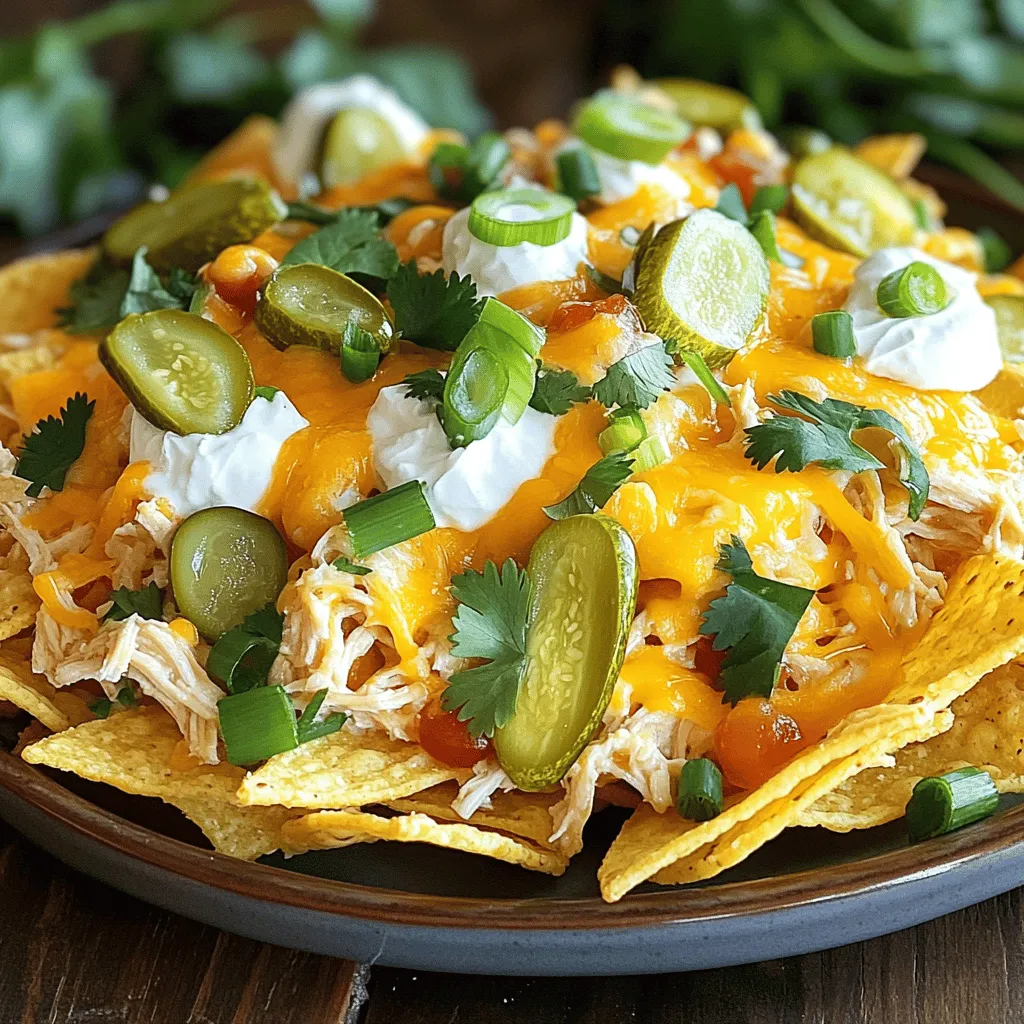 To make this tasty dish, gather these ingredients: - 2 cups cooked chicken, shredded - 1 cup dill pickles, chopped - 1 cup ranch dressing - 2 cups tortilla chips - 1 ½ cups shredded cheddar cheese - ½ cup cream cheese, softened - 1 teaspoon garlic powder - 1 teaspoon onion powder - ½ teaspoon black pepper - 2 green onions, sliced (for garnish) - Fresh cilantro, chopped (for garnish) These ingredients come together to create a yummy flavor explosion. You can make your nachos even better with some fun add-ons: - Sliced jalapeños for heat - Avocado or guacamole for creaminess - Sour cream to balance flavors - Chopped tomatoes for freshness Feel free to mix and match. Your nachos should match your taste! If you don’t have something on hand, here are some swaps: - Use rotisserie chicken instead of cooking your own. - Greek yogurt can replace ranch dressing for a healthier option. - For a dairy-free version, try cashew cream instead of cream cheese. Always season to taste. Adjust flavors as you go. You want it just right! Check the [Full Recipe] for more details. To make Pickle Ranch Chicken Nachos, gather your ingredients first. You need shredded chicken, dill pickles, ranch dressing, tortilla chips, cheddar cheese, cream cheese, and spices. 1. Preheat your oven. Set it to 375°F (190°C). This warms up the oven for baking. 2. Mix the chicken. In a medium bowl, combine the shredded chicken with ranch dressing, garlic powder, onion powder, and black pepper. Stir until the chicken is well-coated. 3. Prepare the pickle mix. In another bowl, blend the softened cream cheese with chopped dill pickles. Mix until smooth and creamy. 4. Layer the chips. Take a large baking sheet and arrange the tortilla chips in a single layer. This helps them cook evenly. 5. Add the chicken. Spoon the chicken mixture over the chips. Make sure to spread it evenly for great flavor. 6. Top with pickles. Dollop the cream cheese and pickle mix over the chicken. This adds a nice tang. 7. Sprinkle cheese. Generously add shredded cheddar cheese on top of everything. This will melt beautifully. 8. Bake the nachos. Place the baking sheet in the preheated oven. Bake for 15-20 minutes. Look for melted cheese and a bubbly top. 9. Cool slightly. When done, take the nachos out of the oven. Let them cool for a minute so they are safe to eat. 10. Garnish. Finally, add sliced green onions and chopped cilantro on top for color and flavor. Now you have a great dish ready to share. For the complete recipe, check the Full Recipe section. To make the best Pickle Ranch Chicken Nachos, start with fresh ingredients. Use crunchy tortilla chips that hold up well. Layer your nachos for even flavor. Place chips, then chicken, followed by the cream cheese mix, and finally cheese. This helps each bite be full of flavor. I suggest using a good ranch dressing. It really brings out the pickle taste. You can even make your own ranch dressing at home for a special touch. Just mix mayo, buttermilk, garlic powder, onion powder, and dill. One common mistake is using too many toppings. If you pile on too much, the chips can get soggy. Stick to the recipe for the best results. Another mistake is not preheating the oven. If the oven is not hot, the cheese may not melt well. Be careful with the baking time. If you leave it in too long, the nachos can burn. Keep an eye on them after 15 minutes. You want the cheese bubbly but not too brown. Serve your nachos right from the oven. This keeps them warm and inviting. I love to add fresh toppings just before serving. Chopped green onions and cilantro add a nice pop of color and flavor. Pair these nachos with a cold drink. A crisp soda or iced tea works great. You can also serve them with extra ranch dressing on the side for dipping. For the full recipe, check out the details above. Enjoy your Pickle Ranch Chicken Nachos! {{image_2}} You can make tasty vegetarian nachos with some easy swaps. Instead of chicken, use black beans or chickpeas. They add protein and flavor. Mix in some sautéed bell peppers for a crunchy texture. You can also add corn for a sweet twist. Use a creamy avocado or a plant-based ranch dressing to keep that great taste. If you love heat, add jalapeños to your nachos. Fresh or pickled, they give a spicy kick. You can also mix in hot sauce with the ranch dressing for extra flavor. For an even spicier bite, try spicy shredded chicken. Just cook the chicken with cayenne or chili powder. To make low-carb nachos, replace tortilla chips with sliced zucchini or bell peppers. They are crunchy and tasty. You can also use cheese crisps for a great base. For gluten-free nachos, just choose corn tortilla chips. They taste amazing and keep your meal safe for all diets. Check out the [Full Recipe] for more details on how to whip up this dish! Storing leftover nachos is easy. First, let them cool completely. This helps keep the chips crunchier. Place the nachos in an airtight container. Keep them in the fridge for up to three days. If you use a lid, it helps keep moisture out. Avoid stacking chips on top of each other to prevent sogginess. To reheat nachos, preheat your oven to 350°F (175°C). Spread the nachos on a baking sheet. Heat them for about 10-15 minutes. This will help keep the chips crispy. If you want, add a bit more cheese before reheating. This makes them extra cheesy and tasty. You can also use a microwave if you're in a hurry. Just heat them for 30 seconds at a time until warm. Freezing nachos is not the best option, but you can do it. First, separate the toppings and chips. Freeze each part in a separate bag. This keeps the chips from getting soggy. When you’re ready to eat, thaw the chips in the fridge overnight. Reheat them in the oven for the best taste. You can add fresh toppings after reheating for more flavor. Enjoy your nachos even days later! For more details, check the Full Recipe. Yes, you can prepare some parts in advance. Cooked chicken can be stored in the fridge. Mix the chicken with ranch dressing and spices ahead of time. You can also chop the pickles and slice the green onions early. Just keep them in airtight containers. When ready to serve, layer the chips, chicken mix, and cheese. Bake right before you want to eat. Serve your nachos hot right out of the oven. They taste best with gooey cheese. You can add extra toppings like sliced jalapeños or diced tomatoes. Set up a nacho bar for fun! Let everyone pick their toppings. Pair it with cold drinks or a fresh salad to balance the flavors. Some restaurants may offer similar dishes, but not all. Many places have their own twist on nachos. Look for spots that focus on creative appetizers. You can ask if they have a ranch or pickle nacho version. You might find a great surprise! But nothing beats homemade nachos made with love. Try the Full Recipe for the best flavor! You learned how to make delicious Pickle Ranch Chicken Nachos. We covered the complete ingredient list, cooking steps, and smart tips. You now know how to make this dish your own with tasty variations. Remember, even leftovers can taste great with proper storage and reheating. Enjoy your nacho-making journey, and share it with friends and family for a fun food experience. Use these steps to create nachos that everyone will love!