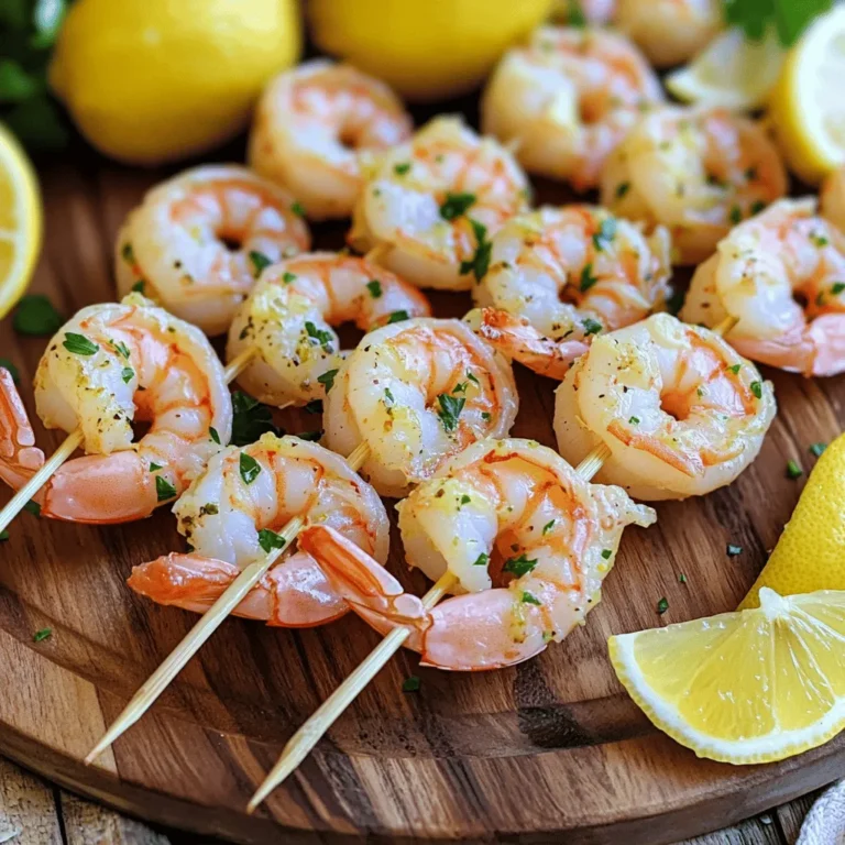 - 1 pound large shrimp, peeled and deveined - 3 cloves garlic, minced - 1/4 cup fresh lemon juice - Zest of 1 lemon - 3 tablespoons olive oil - 1 teaspoon smoked paprika - 1 teaspoon dried oregano - Salt and pepper to taste - Fresh parsley, chopped for garnish - Bamboo or metal skewers (if using bamboo, soak in water for 30 minutes before grilling) You will need some simple tools to make this dish. First, grab a large bowl for mixing. A whisk helps blend the marinade. Use a grill or grill pan for cooking. Finally, have a set of skewers ready for threading the shrimp. These tools make cooking easy and fun! Now, let’s dive into the flavors. The garlic adds a strong taste, while lemon juice brightens each bite. The smoked paprika gives a warm touch. Together, they create a tasty mix that makes shrimp shine. This recipe is quick and perfect for gatherings. You can serve these skewers as a main dish or a fun appetizer. Whip them up for friends or family, and watch them disappear! For the full details, check out the Full Recipe. To start, gather all your ingredients for the marinade. In a large bowl, mix the minced garlic, lemon juice, lemon zest, olive oil, smoked paprika, oregano, salt, and pepper. Whisk them together until smooth. This marinade adds a burst of flavor to the shrimp. The garlic and lemon work well together, creating a bright taste that shines through. Next, add your shrimp to the bowl with the marinade. Make sure each shrimp is well coated. This step is key; it allows the flavors to soak in. Cover the bowl with plastic wrap and place it in the refrigerator. Let it marinate for 30 minutes. This wait time helps the shrimp absorb all that tasty goodness. While the shrimp marinates, preheat your grill or grill pan over medium-high heat. Once it’s hot, take the marinated shrimp and thread them onto skewers. Aim for about 4-5 shrimp per skewer. This makes them easy to handle. Cook the skewers on the grill for 2-3 minutes on each side. The shrimp should turn pink and opaque. You can check their doneness with a meat thermometer; they should reach 120°F (49°C). After grilling, let the skewers rest for a couple of minutes. Then, garnish them with chopped parsley before serving. For a fun touch, add lemon wedges on the side! For the full recipe, refer to the beginning of the article. Creating the best marinade is key to tasty shrimp skewers. Start with fresh garlic. Mince it finely for strong flavor. Use freshly squeezed lemon juice. The zest adds a bright touch. Olive oil helps the shrimp stay juicy. Smoked paprika gives a nice depth. Don’t forget salt and pepper to taste. Let the shrimp soak in the marinade for at least 30 minutes. This step is crucial for great flavor. Preheat your grill to medium-high heat. This ensures even cooking. If you use bamboo skewers, soak them first to prevent burning. Arrange the shrimp on skewers, about 4-5 per skewer. Keep space between each shrimp for even grilling. Cook them for 2-3 minutes on each side. Look for a pink, opaque color to know they are done. An internal temperature of 120°F (49°C) means they are safe to eat. Let them rest for a few minutes after grilling. Serve the skewers on a colorful platter. Add lemon wedges for a zesty pop. Fresh parsley not only looks great but also adds flavor. Pair the skewers with a crisp salad or rice. A light drink like lemonade or white wine complements the dish. For a fun twist, serve with a garlic aioli or a spicy dipping sauce. These choices enhance your meal and make it special. For the full recipe, check the section above. {{image_2}} You can mix veggies with your shrimp skewers. Bell peppers, zucchini, and cherry tomatoes work great. Cut them into bite-sized pieces. Toss them in the same marinade as the shrimp. This adds color, flavor, and texture. Plus, it makes the dish more filling. Grill the skewers as usual. The veggies will cook nicely alongside the shrimp. Want to change things up? Try different marinades! A honey soy glaze gives a sweet and salty taste. Simply mix honey, soy sauce, and ginger. For a spicy kick, use sriracha mixed with lime juice. You could even go for a creamy yogurt marinade with herbs for a Mediterranean twist. Each option will give your shrimp a new flavor profile. Not all shrimp are the same! You can use fresh or frozen shrimp, depending on what you find. Large shrimp are the best choice for skewers. They hold up well on the grill. But, you can also try smaller shrimp for a different look. Just adjust the cooking time, as smaller shrimp cook faster. For more details on how to make these skewers, check the Full Recipe. After enjoying your lemon garlic shrimp skewers, store any leftovers right away. Place them in an airtight container. This keeps them fresh and tasty. Try to use them within two days for the best flavor. Let the skewers cool down to room temperature before sealing. When it’s time to eat the leftovers, reheating is key. Preheat your oven to 350°F (175°C). Place the skewers on a baking sheet. Heat them for about 5 to 7 minutes. This method warms the shrimp evenly without drying them out. You can also use a microwave. Just heat for 30 seconds at a time, checking until warm. If you want to save some skewers for later, freezing is an option. Wrap each skewer tightly in plastic wrap. Then, place them in a freezer-safe bag. Remove as much air as possible to prevent freezer burn. You can freeze them for up to three months. When ready to cook, thaw in the fridge overnight before reheating. For the full recipe and more tips, check out the [Full Recipe]. You can tell shrimp are cooked when they turn pink and opaque. They should curl into a C shape. If they stay straight, they might be overcooked. The internal temperature should reach 120°F (49°C). Use a meat thermometer to check this. Cook them for about 2-3 minutes on each side. It’s quick, so keep an eye on them while grilling. Yes, you can use frozen shrimp for skewers. Just make sure to thaw them first. Do this in the fridge overnight or under cold water. Pat them dry before marinating. This helps the marinade stick better. Frozen shrimp are often just as tasty as fresh. They can be a great option for a quick meal. Lemon garlic shrimp skewers go well with many sides. Here are some tasty options: - Rice (white, brown, or jasmine) - Quinoa (light and fluffy) - Grilled vegetables (zucchini, bell peppers, or corn) - Salad (with mixed greens and a light dressing) - Garlic bread (to soak up the juices) These sides add color and flavor to your meal. They also help balance the dish. For more details, you can check the Full Recipe for Lemon Garlic Shrimp Skewers. In this blog post, we explored the full recipe for lemon garlic shrimp skewers. You learned how to prepare the marinade, marinate the shrimp, and grill the skewers to perfection. We also covered tips to enhance flavor, suggested variations like adding veggies, and provided storage info for leftovers. Try these shrimp skewers for a tasty meal. They are simple and fun to make. Enjoy experimenting with your favorite ingredients! Happy grilling!