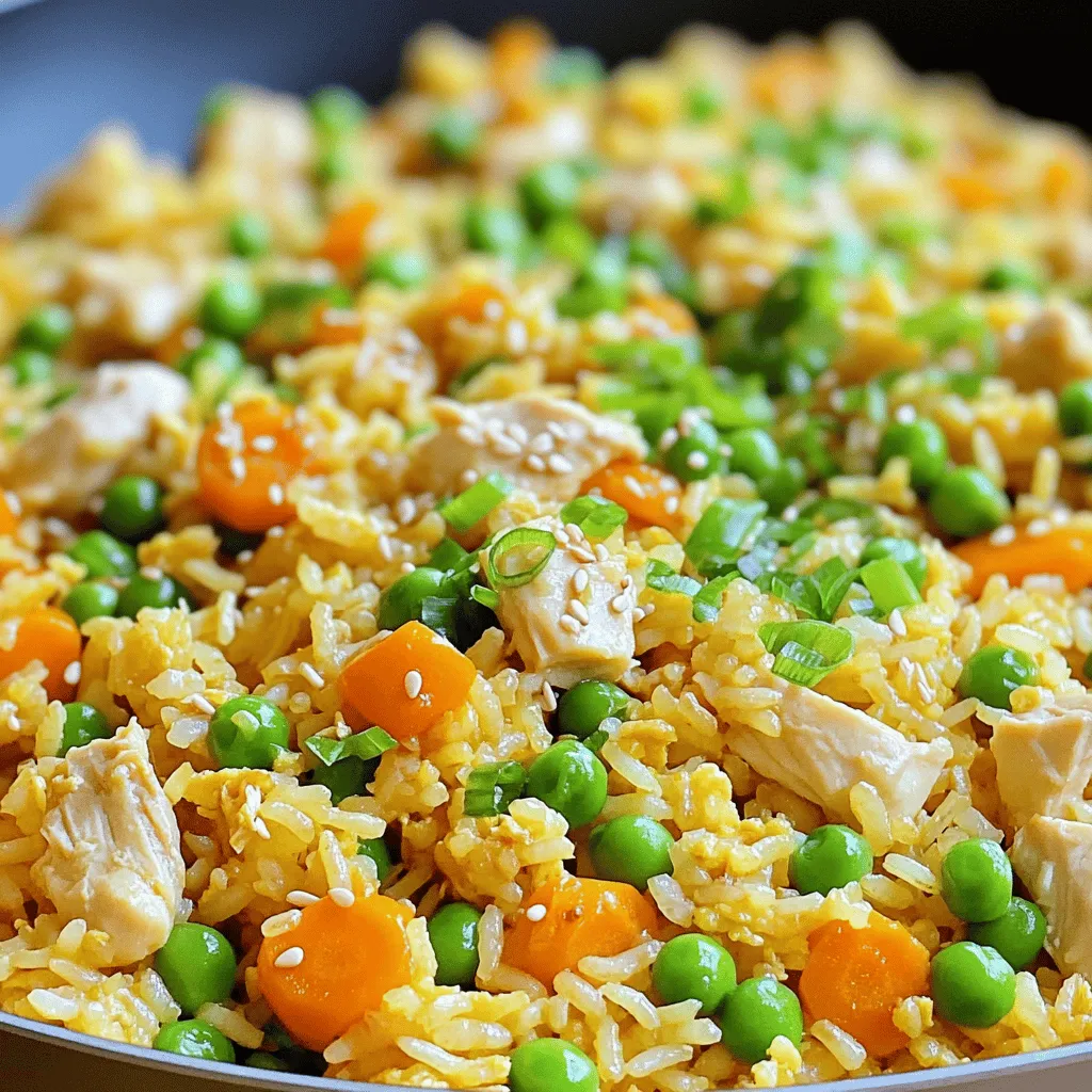 - 2 cups cooked jasmine rice (preferably day-old) - 1 cup cooked chicken breast, diced - 1 cup mixed vegetables (carrots, peas, corn) - 2 eggs, lightly beaten - 3 tablespoons soy sauce - 2 tablespoons sesame oil - 1 tablespoon vegetable oil - 2 green onions, chopped - 2 cloves garlic, minced - Salt and pepper to taste I love using day-old jasmine rice for this dish. It has the right texture and is not sticky. Fresh rice can clump together, making it hard to fry. Cooked chicken is a great way to use leftovers. You can use rotisserie chicken for ease. Mixed vegetables add color and nutrients. Frozen veggies work well too. Eggs bring richness and help bind the dish. Soy sauce adds saltiness and depth. Sesame oil gives a nutty flavor. Green onions add freshness, and garlic brings aroma. Remember to season with salt and pepper to taste. These ingredients come together to create a quick and delicious meal. You can find the full recipe at the end. Before you start cooking, gather and prepare your ingredients. Here’s how: - Chopping and Measuring: Dice the cooked chicken into small pieces. Chop the green onions finely. Mince the garlic. Measure your mixed vegetables. Use one cup of mixed veggies like carrots, peas, and corn. - Importance of Day-Old Rice: Using day-old rice is key for good fried rice. It dries out a bit, which helps keep the grains separate. Fresh rice can be too moist, making your fried rice soggy. Now it's time to cook. Follow these steps for easy chicken fried rice: 1. Heat one tablespoon of vegetable oil in a large skillet or wok over medium heat. 2. Add the minced garlic and sauté for about 30 seconds until it smells great. 3. Push the garlic aside, then pour in two lightly beaten eggs. Scramble them until fully cooked, then mix them with the garlic. 4. Add the diced chicken and your mixed vegetables. Stir well to combine with the eggs. 5. Increase the heat to high. Add the cooked rice, breaking up any clumps as you go. Stir-fry for 3-5 minutes until everything is hot. 6. Drizzle in three tablespoons of soy sauce and two tablespoons of sesame oil. Mix well so every grain gets coated. 7. Stir in the chopped green onions. Season with salt and pepper to taste. 8. Remove from heat and serve hot. To serve your easy chicken fried rice, scoop it onto plates or bowls. It looks nice with a sprinkle of extra green onions on top. You can also add sesame seeds for crunch. Serve it with soy sauce on the side for extra flavor. For a fresh touch, add lime wedges. Enjoy this quick and tasty meal straight from the pan! For more details, refer to the Full Recipe. To boost flavor, add a splash of oyster sauce or a sprinkle of chili flakes. You can also try hoisin sauce for a sweet twist. If you want a soy sauce alternative, use tamari for a gluten-free option or coconut aminos for a milder taste. For stir-frying, high heat is your friend. This helps to cook the rice quickly and evenly. A wok is best for this dish, as it distributes heat evenly. If you use a skillet, ensure it has high sides to prevent spills. Always keep your ingredients moving to avoid burning. To avoid mushy rice, use day-old rice. Fresh rice can be too moist. Spread it out on a plate to cool before using. For vegetables, add them in stages. Start with hard veggies like carrots, then add softer ones later. This keeps them crisp and vibrant. {{image_2}} You can change the chicken in this dish. Shrimp or tofu work well too. Both add great flavor. If you want a meat-free option, tofu is perfect. It absorbs the taste of soy sauce well. If you want more crunch, try adding more vegetables. Bell peppers, broccoli, or snap peas can add color and texture. To make this dish gluten-free, use tamari instead of soy sauce. Tamari has a similar taste without gluten. For vegetarians, skip the chicken and add more eggs. Vegans can replace eggs with tofu or chickpea flour. This way, everyone can enjoy a tasty meal. You can change the taste of your chicken fried rice easily. Add spices like ginger or chili flakes for heat. A splash of sriracha gives it a spicy kick. Soy sauce adds a rich umami taste. You can also experiment with sesame oil and garlic to enhance flavor. Don't hesitate to get creative! To store leftover Easy Chicken Fried Rice, follow these steps: - Cool the fried rice to room temperature. - Place it in an airtight container. - Seal the container tightly to keep air out. This dish lasts in the refrigerator for 3 to 4 days. If you want it to last longer, freezing is a great option. To reheat your fried rice without losing its texture, try these methods: - Use a skillet over medium heat. Add a splash of water to steam the rice. - Stir it often to heat evenly. - Alternatively, use a microwave. Cover it with a damp paper towel to keep it moist. Yes, you can freeze Easy Chicken Fried Rice. Just place it in a freezer-safe container. It keeps well for up to 3 months. When ready to eat, thaw it in the fridge overnight before reheating. For the Full Recipe, refer to the earlier sections. What is the best rice to use for fried rice? The best rice for fried rice is day-old jasmine rice. It has a firm texture and does not clump. Fresh rice can be too sticky. Can I use fresh vegetables instead of frozen? Yes, you can use fresh vegetables. Just chop them small and stir-fry until they are tender. Fresh veggies give a crisp taste. How do I make it less oily? To make it less oily, use less sesame oil and vegetable oil. Start with one tablespoon of each. You can add more later if needed. Is it possible to make this recipe in advance? Yes, you can make it in advance. Cook it and store it in the fridge for up to three days. Reheat it in a pan before serving. How to make chicken fried rice in a rice cooker? You can cook the rice in a rice cooker first. Once cooked, follow the frying steps in a skillet. Add all ingredients together once the rice is done. Can I add more protein to the dish? Absolutely! You can add shrimp, tofu, or even eggs. Just cook them with the chicken or add them at the end for a protein boost. In this article, we explored making Easy Chicken Fried Rice. We covered important ingredients, step-by-step cooking instructions, and tips for flavor. You now have recipes for variations and answers to common questions. Remember, using day-old rice makes a big difference. With simple changes, you can tailor this dish to your taste. Enjoy your cooking and make it your own!