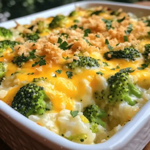- 2 cups broccoli florets - 1/2 cup onion, finely chopped - 2 cloves garlic, minced - 1 cup uncooked long-grain white rice - 2 cups vegetable broth - 1 cup milk - 1/2 cup cream cheese - 1 teaspoon mustard powder - 1/2 teaspoon paprika - Salt and pepper, to taste - 1 cup shredded cheddar cheese - 1/2 cup breadcrumbs for topping - 2 tablespoons olive oil When I make Cheesy Broccoli Rice Casserole, I love using fresh ingredients. The bright green broccoli florets add color and taste. Fine-chopped onion gives the dish a nice base flavor. Minced garlic boosts the aroma and brings warmth. For pantry items, I always keep long-grain white rice on hand. It cooks well and pairs perfectly with the creamy sauce. Vegetable broth gives depth, while milk and cream cheese make it rich and smooth. Mustard powder adds a hint of tang, and paprika brings a pop of warmth. Don't forget to add salt and pepper to enhance all the flavors. If you want to make it even tastier, consider adding optional ingredients. Shredded cheddar cheese can make the casserole extra cheesy. Breadcrumbs on top create a crunchy layer that contrasts with the soft rice. A drizzle of olive oil on the breadcrumbs helps them brown nicely in the oven. For the full recipe, check out the detailed guide. You'll find everything you need to make this easy and tasty dish! First, we need to get our oven ready. Preheat your oven to 350°F (175°C). Next, take a 9x13-inch baking dish and grease it with a little olive oil. This helps prevent sticking. Now, let’s sauté the onions and garlic. Heat 1 tablespoon of olive oil in a medium saucepan over medium heat. Add the finely chopped onion and the minced garlic. Cook them for about 3 to 4 minutes. You want the onion to turn translucent and soft. Next, we will toast the rice. Add 1 cup of uncooked long-grain white rice to the saucepan. Stir it for about 2 minutes. This gives the rice a nice flavor. After toasting, we cook the rice with broth and seasonings. Pour in 2 cups of vegetable broth. Add salt, pepper, 1 teaspoon of mustard powder, and 1/2 teaspoon of paprika. Bring this mixture to a boil. Once boiling, lower the heat, cover the pot, and let it simmer for 15 to 20 minutes. The rice will absorb the broth and become tender. While the rice cooks, we need to steam the broccoli. Use 2 cups of broccoli florets. Steam them for about 5 to 7 minutes until they are bright green and tender. Drain the broccoli and set it aside. Now, it’s time to combine all the ingredients. In a large mixing bowl, mix the cooked rice, steamed broccoli, 1 cup of shredded cheddar cheese, 1/2 cup of softened cream cheese, and 1 cup of milk. Stir until everything is well combined and the cheeses are melted into the mixture. Finally, transfer this mixture to the greased baking dish. Spread it out evenly. If you like, sprinkle 1/2 cup of breadcrumbs on top for extra crunch. Now, you're ready to bake! Place the casserole in your preheated oven. Bake for 20 to 25 minutes, or until it's hot and the top is golden brown. For the full recipe, check out the [Full Recipe]. To boost flavor in Cheesy Broccoli Rice Casserole, try different types of cheese. Instead of just cheddar, mix in mozzarella or gouda for a rich taste. You can even add a sprinkle of parmesan on top for that extra kick. Using spices and herbs can also elevate this dish. Try adding garlic powder or onion powder for more depth. Fresh herbs like thyme or parsley can add a fresh touch. Don’t be afraid to experiment! If you want to make the casserole healthier, you can use low-fat cream cheese. This swap cuts calories while still keeping it creamy. You can also add more vegetables. Consider diced bell peppers or carrots for added nutrition and color. Another great option is to use brown rice instead of white rice. It gives more fiber and makes the dish heartier. Achieving a golden brown topping is simple. If you use breadcrumbs, mix them with a little olive oil before sprinkling. This helps them crisp up nicely in the oven. To manage casserole consistency, make sure the rice is fully cooked before mixing it with other ingredients. If it's too dry, add a splash of milk. If it's too wet, let it bake a little longer. You want a creamy but not soupy casserole. For the full recipe, check out the detailed instructions. {{image_2}} You can make this casserole vegetarian by adding more veggies. Mushrooms work well. You can also toss in bell peppers or spinach. These will add great flavor and color. Use vegetable broth instead of chicken broth for a richer taste. This keeps it light and healthy. If you want a protein boost, you can add chicken or tofu. Cook chicken pieces until golden before mixing them in. For tofu, press and cube it first. You can sauté it for extra flavor. When adding protein, adjust cooking times. Make sure everything is cooked through before serving. If you need a gluten-free version, swap out the rice. Quinoa or cauliflower rice are great choices. They both cook well and add texture. For breadcrumbs, use gluten-free options or crushed nuts. They will provide that nice crunch on top without gluten. To keep your Cheesy Broccoli Rice Casserole fresh, let it cool first. After cooling, place it in an airtight container. This helps keep moisture in and prevents drying out. Glass containers work great because they do not stain and are microwave safe. You can freeze the casserole for later use. To do this, let it cool completely. Then, wrap it tightly in plastic wrap and foil. This prevents freezer burn. When you want to eat it, defrost it in the fridge overnight. Reheat it in the oven at 350°F (175°C) until hot. In the fridge, the casserole lasts about 3 to 5 days. Look for any signs of spoilage. If you see mold or if it smells off, it’s best to toss it. Always trust your senses when checking food. The total cooking time is about 50 minutes. This includes prep and baking time. You will spend 15 minutes to prepare the ingredients. Cooking the casserole takes around 20 to 25 minutes in the oven. So, set aside a little time to enjoy this tasty dish. Yes, you can prepare this casserole ahead of time! To do this, follow the recipe but stop before baking. Cover the dish with plastic wrap or foil and store it in the fridge. You can bake it later, just add a few extra minutes to the cooking time. To avoid a mushy casserole, use the right amount of broth. Make sure to cook the rice properly before mixing in the other ingredients. Steaming the broccoli instead of boiling it helps keep it firm. Lastly, avoid overcooking the casserole in the oven. A nice golden top is what you want! This blog post shared a tasty Cheesy Broccoli Rice Casserole recipe. We covered fresh and pantry ingredients, prepping steps, and tips for perfecting flavor and texture. You have options for variations and healthy swaps, too. I hope this recipe inspires you to create a comforting meal. Enjoy cooking and sharing this dish with others. Your kitchen will be filled with smiles. Happy baking!
