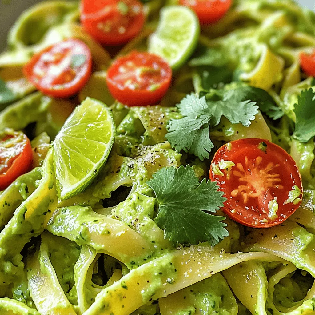 To make the creamy avocado cilantro lime pasta, you need a few simple items. Here’s the list of ingredients: - 12 oz pasta of your choice (spaghetti or fettuccine recommended) - 2 ripe avocados, halved and pitted - 1/4 cup fresh cilantro leaves - 2 cloves garlic, minced - 1/4 cup lime juice (about 2 limes) - 1/4 cup olive oil - 1/4 teaspoon red pepper flakes (optional) - Salt and pepper to taste - 1/2 cup cherry tomatoes, halved (for garnish) - Zest of 1 lime (for garnish) Each ingredient plays a key role in this dish. The ripe avocados bring creaminess. Lime juice adds a zesty kick. Fresh cilantro gives it a bright flavor. Garlic adds depth. The red pepper flakes give an optional hint of heat. When you gather these items, make sure your avocados are ripe. They should feel slightly soft when you press them. Fresh cilantro should look green and vibrant. Lime juice is best when fresh, so squeeze your limes just before using. You can find the full recipe for detailed steps on how to prepare this delicious dish. Enjoy the process of cooking, and don't hesitate to modify the ingredients to suit your taste! To start, we need to cook the pasta. Fill a large pot with water and add a generous pinch of salt. Bring the water to a boil over high heat. Once boiling, add 12 oz of your favorite pasta, like spaghetti or fettuccine. Cook the pasta according to the package instructions. This usually takes about 8 to 10 minutes. To check if the pasta is done, taste a piece. It should be firm but not hard, which we call al dente. When it’s ready, reserve 1 cup of pasta water. Drain the pasta in a colander and set it aside. Now let’s make the creamy avocado sauce. You’ll need the following ingredients: - 2 ripe avocados, halved and pitted - 1/4 cup fresh cilantro leaves - 2 cloves garlic, minced - 1/4 cup lime juice (about 2 limes) - 1/4 cup olive oil - 1/4 teaspoon red pepper flakes (optional) - Salt and pepper to taste In a food processor or blender, combine the ripe avocados, cilantro, minced garlic, lime juice, olive oil, and red pepper flakes if you like some heat. Blend until the sauce is smooth and creamy. If it’s too thick, add a little reserved pasta water until you get the right consistency. Next, mix the pasta with the avocado sauce. In a large mixing bowl, combine the drained pasta with the creamy sauce. Toss it all together so every piece is coated. Season with salt and pepper to taste. For a lovely touch, divide the pasta onto plates. Garnish with halved cherry tomatoes and sprinkle lime zest over the top. You can even add extra cilantro leaves for color and flavor. This dish not only looks great but also tastes amazing. For the full recipe, check out the detailed steps above. To make your avocado sauce smooth, keep a cup of pasta water. When you mix the sauce with pasta, add a bit of this water. It helps the sauce stick well and stay creamy. If the sauce feels thick, just add more water a little at a time. This way, you can reach the perfect creamy texture. Seasonings are very important. Taste the sauce before you mix it with the pasta. You can add more salt, pepper, or lime juice if needed. This small step makes a big difference in flavor. Remember, fresh ingredients shine best when seasoned just right. For a well-rounded meal, pair your pasta with a side salad or grilled veggies. A fresh green salad with a simple vinaigrette works great. You can also serve it with some crusty bread to soak up the sauce. To make your dish look stunning, serve the pasta in deep bowls. Add cherry tomatoes on top for color. A sprinkle of lime zest gives the dish a nice pop. You can place a lime wedge on the side for guests to squeeze over their pasta. This adds a fun touch and extra flavor. {{image_2}} You can easily boost your Creamy Avocado Cilantro Lime Pasta by adding protein. Here are some great options: - Chicken: Grilled or shredded chicken adds a hearty touch. - Shrimp: Sauté shrimp in garlic and olive oil for a quick, tasty addition. - Tofu: For a plant-based choice, use firm tofu. Sauté it until golden for more flavor. If you want a vegan dish, simply swap a few ingredients. Use nutritional yeast instead of cheese for a cheesy taste without dairy. You can also add more veggies, like spinach or bell peppers, for extra nutrients. This way, you keep the dish fresh and plant-based. Sometimes, you may run out of key ingredients. Don’t worry! Here are some swaps: - Cilantro: Use parsley or basil if you dislike cilantro. - Avocado: If avocados aren’t available, try ripe peas for creamy texture. These swaps still keep the dish rich and flavorful. For the full recipe, check out the link. To keep your creamy avocado cilantro lime pasta fresh, store it in an airtight container. This helps prevent air from making the sauce brown. Place it in the fridge right after serving. It will stay good for about 2-3 days. If you notice the sauce thickening, just add a bit of water or olive oil before eating. You can freeze the avocado sauce, but the pasta does not freeze well. To freeze, pour the sauce into a freezer-safe container. Leave some space at the top for expansion. The sauce will last about a month in the freezer. When you’re ready to eat it, just thaw it in the fridge overnight. To keep the sauce creamy when reheating, use low heat. If you heat it too fast, it might separate. Add a splash of water or olive oil to help it stay smooth. Stir well to mix everything together. Enjoy your tasty leftovers just like the first time! Yes, you can! If you want a gluten-free option, use rice pasta or quinoa pasta. Whole grain pasta is also a great choice for added fiber. Both will still taste great with the creamy avocado sauce. To add some heat, try using more red pepper flakes. You can also mix in some diced jalapeños or a splash of hot sauce. Adjust the spice level based on your taste. Start small, and you can always add more. Absolutely! To prepare in advance, cook the pasta and make the sauce separately. Store them in airtight containers in the fridge. When you’re ready to eat, just warm the pasta and mix in the sauce. This helps keep everything fresh. This blog post showed you how to make a creamy avocado pasta dish. We covered ingredients, cooking steps, tips, and variations. You can create a simple yet tasty meal with these easy steps. Remember to try different proteins or swap ingredients for your taste. Enjoy this dish fresh or reheated. I hope you feel confident to make it your own. Happy cooking!
