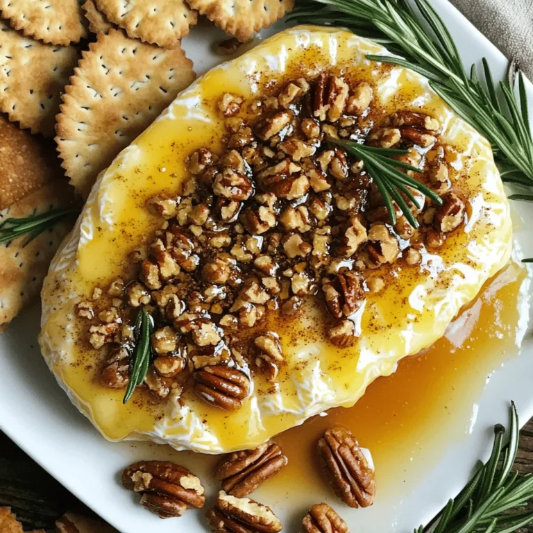 - 1 round of Brie cheese (8 oz) - 1/2 cup pecans, chopped - 1/4 cup maple syrup The star of this dish is Brie cheese. It melts beautifully and has a creamy taste. Pecans add a nice crunch and earthy flavor. Maple syrup brings sweetness, balancing the rich cheese. - 1 tablespoon brown sugar - 1 teaspoon cinnamon - 1/2 teaspoon vanilla extract - 1 tablespoon butter, melted Brown sugar adds depth and a hint of caramel. Cinnamon gives warmth and spice. Vanilla extract enhances the sweet notes. Butter helps everything stick together and adds richness. - Baguette slices - Crackers - Fresh rosemary I love serving this dish with baguette slices or crackers. They are perfect for scooping up the gooey cheese. Fresh rosemary brings a nice pop of color and aroma. You can find the full recipe for all the details! 1. First, preheat your oven to 350°F (175°C). This step is key. A hot oven helps the cheese melt perfectly. 2. Next, grab a small mixing bowl. In it, combine the chopped pecans, maple syrup, brown sugar, cinnamon, vanilla extract, and melted butter. Mix well until the pecans are fully covered. This topping adds sweetness and crunch. 1. Now, take the Brie cheese and place it on a parchment-lined baking sheet. This prevents sticking and makes cleanup easy. 2. Pour the pecan mixture over the Brie. Spread it evenly to cover the cheese. This ensures every bite is tasty. 3. Bake the Brie in your preheated oven for 15-20 minutes. Look for the cheese to be soft and gooey, while the pecans turn golden brown. This is when it’s at its best! 1. After baking, remove the Brie from the oven. Allow it to cool for a few minutes. This rest time helps the cheese set slightly, making it easier to serve. 2. To finish, garnish the Brie with fresh rosemary sprigs. This adds color and a lovely aroma. 3. Serve warm with slices of baguette or crackers on the side for dipping. Everyone will love this cheese delight! For a complete guide on making this dish, check out the Full Recipe. To make the best Maple Pecan Baked Brie, focus on the flavor. First, adjust the sweetness. If you like it sweeter, add more maple syrup. If you prefer a milder taste, use less. Next, choose the right Brie cheese. A creamy and soft Brie melts well. Look for one that has a nice rind and a smooth inside. This will give you that perfect gooey texture. To achieve that gooey texture, don't rush the baking. Bake the Brie at 350°F (175°C) for about 15-20 minutes. Watch it closely. You want it to be soft but not runny. If you overbake it, the cheese will harden. Take it out when it is just melted and warm. Pair your Maple Pecan Baked Brie with fresh baguette slices or crunchy crackers. These add a nice contrast to the creamy cheese. You can also make a cheese board. Include fruits, nuts, and other cheeses. This makes for a fun and festive treat! For a touch of color, add fresh rosemary on top. This not only looks great but adds a lovely aroma too. For the full recipe, refer to the earlier section. {{image_2}} If you want to change the nut flavor, try using walnuts or almonds. Both work well with Brie. Walnuts add a rich, earthy taste. They also bring a nice crunch. Almonds offer a sweet and mild flavor. You can chop them or slice them for a different texture. Experimenting with these nuts can change your dish entirely. To take your Maple Pecan Baked Brie to the next level, add herbs like thyme or oregano. These herbs add a fresh taste that contrasts nicely with the sweetness. Just sprinkle a small amount on top of the pecan mix before baking. You can also incorporate dried fruits, such as cranberries or apricots. They add a chewy texture and extra sweetness. This mix of flavors makes your dish more interesting. Want to make it vegan? Use a plant-based Brie cheese instead of regular Brie. You can also swap maple syrup for agave nectar for a vegan-friendly sweetener. For gluten-free options, serve the baked Brie with gluten-free crackers or veggies. This way, everyone can enjoy this delicious dish without worry. To keep your Maple Pecan Baked Brie fresh, place it in an airtight container. You can store it in the fridge for up to three days. Make sure to let it cool completely before sealing. This helps prevent moisture build-up, which can make the cheese soggy. If you have leftover pecan topping, keep it in a separate container. It can last about five days in the fridge. When you're ready to enjoy your leftover Brie, the best way to reheat it is in the oven. Preheat your oven to 350°F (175°C). Place the Brie on a baking sheet and cover it with foil. Heat it for about 10-15 minutes. This method helps maintain the creamy texture without making it too runny. Avoid using the microwave, as it may cause the cheese to become rubbery. You can prepare your Maple Pecan Baked Brie ahead of time! To do this, mix the pecan topping ingredients and store them in the fridge. You can also place the Brie on a baking sheet, ready to go. When you’re ready to bake, simply add the pecan mixture on top and pop it in the oven. This makes serving easy and stress-free, especially for gatherings. For the full recipe, check out the steps above! Baked Brie can last about three days in the fridge. Make sure to store it in an airtight container. This helps keep the flavors fresh. When you're ready to eat it again, just reheat it in the oven. It will warm up nicely and taste great. Yes, you can prepare Maple Pecan Baked Brie ahead of time. You can mix the pecan topping and store it in the fridge. Keep the Brie whole until you are ready to bake. When you’re ready, just pour the topping over the Brie and bake it. This saves time when you have guests or want a quick snack. You can serve Maple Pecan Baked Brie with various options. Some great choices are: - Crackers - Apple slices - Celery sticks - Carrots - Pretzels - Cheese crisps These add nice crunch and balance with the creamy Brie. They also make for a colorful platter. For a fun twist, try adding dried fruits like figs or apricots. They pair well with the sweet and nutty toppings. For the full recipe, check out the Maple Pecan Baked Brie details! Maple Pecan Baked Brie is a tasty dish. We covered its main ingredients, including Brie, pecans, and maple syrup. I shared preparation steps, baking tips, and serving suggestions to make it shine. Feel free to explore variations, like different nuts or herbs, to suit your taste. Don't forget to store leftovers properly to enjoy later. With this guide, you can make a delightful snack for any occasion. Enjoy your cooking journey and impress your friends with this dish!