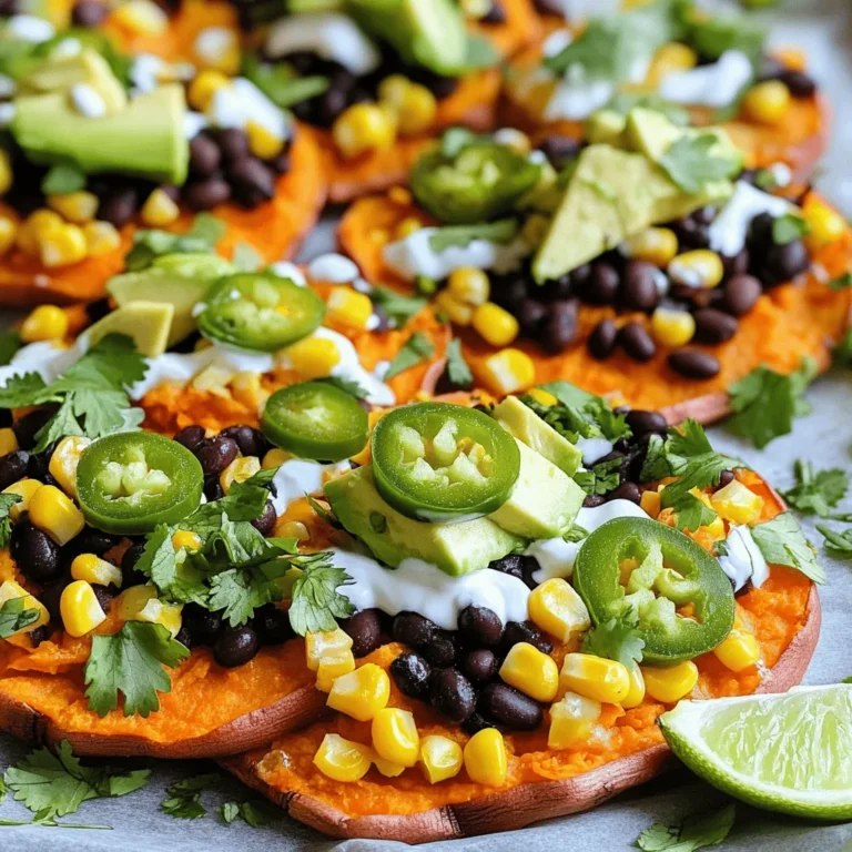 - 2 large sweet potatoes, sliced into thin rounds - 1 tablespoon olive oil - 1 teaspoon smoked paprika - 1 teaspoon garlic powder - 1 teaspoon cumin - Salt and pepper to taste - 1 cup black beans, rinsed and drained - 1 cup corn kernels (canned or frozen) - 1 cup shredded cheese (cheddar or a mix) - 1 avocado, diced - 1/4 cup fresh cilantro, chopped - 1 jalapeño, sliced (optional) - 1/2 cup Greek yogurt or sour cream (for drizzling) - Lime wedges for serving These loaded sweet potato nachos pack a punch! Each serving has about: - Calories: 350 - Protein: 12g - Carbohydrates: 45g - Fat: 15g - Fiber: 10g This dish is a great source of vitamins and minerals. Sweet potatoes provide beta-carotene, while black beans add fiber and protein. You can get creative with your toppings! Here are some ideas: - Fresh diced tomatoes for color - Sliced olives for a briny touch - Pickled red onions for a tangy bite - Hot sauce for extra heat - Chopped green onions for freshness Feel free to mix and match! The beauty of this recipe is its versatility. You can use the full recipe for more ideas. First, you need to gather your ingredients. Here’s what you need: - 2 large sweet potatoes, sliced into thin rounds - 1 tablespoon olive oil - 1 teaspoon smoked paprika - 1 teaspoon garlic powder - 1 teaspoon cumin - Salt and pepper to taste - 1 cup black beans, rinsed and drained - 1 cup corn kernels (canned or frozen) - 1 cup shredded cheese (cheddar or a mix) - 1 avocado, diced - 1/4 cup fresh cilantro, chopped - 1 jalapeño, sliced (optional) - 1/2 cup Greek yogurt or sour cream (for drizzling) - Lime wedges for serving Start by preheating the oven to 400°F (200°C). This helps the sweet potatoes cook evenly. Next, take a baking sheet and toss the sweet potato rounds with olive oil, smoked paprika, garlic powder, cumin, salt, and pepper. Mix well so each slice is coated. Now, spread the sweet potato slices on the baking sheet. Make sure they are in a single layer. Bake them for 20-25 minutes. Flip them halfway through for even cooking. You want them crispy and golden. After baking, remove them from the oven. Let’s layer these nachos. Take an oven-safe platter or a cast-iron skillet, and add the baked sweet potatoes in a nice layer. Now comes the fun part! Top the sweet potato slices with black beans and corn. Sprinkle the shredded cheese evenly over everything. Return your platter to the oven and bake for an additional 5-7 minutes. You want the cheese to melt and bubble. Once done, take it out and garnish with diced avocado, fresh cilantro, and sliced jalapeños if you like some heat. Drizzle Greek yogurt or sour cream on top. Serve with lime wedges for a zesty kick. Enjoy your loaded sweet potato nachos! For a complete guide, check the Full Recipe. To make your sweet potatoes crispy, slice them thinly. Aim for about 1/4 inch thick. Use a sharp knife for even cuts. Toss the slices in olive oil and your chosen spices. This helps them cook evenly. Spread them out on a baking sheet. Make sure they do not overlap. Bake them at 400°F (200°C) for 20-25 minutes. Flip halfway through for an even crisp. Cheese is key for tasty nachos. I love using sharp cheddar for its bold flavor. A cheese blend adds variety too. You can try Monterey Jack or pepper jack for a kick. These cheeses melt well and give a nice stretch. If you're feeling adventurous, add a sprinkle of queso fresco. It brings a creamy touch to your nachos. For perfect loaded sweet potato nachos, use a few key tools. A sharp knife helps cut the sweet potatoes. A large baking sheet ensures even cooking. Use parchment paper for easier cleanup. An oven-safe platter or cast-iron skillet is great for layering. This keeps everything warm and gooey. Finally, a spatula helps you serve the nachos without breaking them apart. Check out the Full Recipe for more tips! {{image_2}} You can easily make vegan loaded sweet potato nachos. Simply skip the cheese and yogurt. Use a vegan cheese that melts well. You can also add more veggies, like peppers or mushrooms. They add great flavor and texture. Try drizzling with a cashew cream for a rich taste. This keeps your dish creamy and vegan-friendly. To switch up the flavors, think about spice! Add more jalapeños for heat. Try using chipotle powder for a smoky kick. For a Tex-Mex vibe, mix in salsa or guacamole. You can even use different beans, like pinto or refried beans. These small changes can give your nachos a whole new life. Be creative and adjust to your taste! Don’t have black beans? Use chickpeas or lentils instead. They work well and add protein. Cheese can be swapped too. Try nutritional yeast for a cheesy flavor without dairy. Want a crunch? Top with crushed tortilla chips or nuts. These swaps let you enjoy loaded sweet potato nachos with what you have on hand. Check out the Full Recipe for more ideas! After enjoying your loaded sweet potato nachos, you may have some leftovers. To store them, let the nachos cool completely. Then, place them in an airtight container. They will stay fresh in the fridge for up to three days. Just remember, the sweet potatoes might get a bit soft in the fridge. When you’re ready to enjoy your leftovers, preheat your oven to 350°F (175°C). Place the nachos on a baking sheet. Heat them for about 10-15 minutes or until warm. This method keeps the sweet potatoes crisp. You can also use a microwave, but the texture won’t be the same. If you want to save your nachos for later, freezing is a great option. First, cool the nachos completely. Then, wrap them tightly in plastic wrap or foil. Place them in a freezer-safe bag or container. They can last in the freezer for up to two months. When you’re ready to eat them, thaw in the fridge overnight, then reheat in the oven for best results. Enjoy your loaded sweet potato nachos anytime! Yes, you can prepare sweet potato nachos ahead of time. Bake the sweet potatoes and let them cool. Store them in the fridge for up to two days. When ready to serve, layer the toppings and bake until warm. This saves time and keeps your nachos fresh without losing flavor. To make sweet potato nachos healthier, you can use less cheese or choose a lower-fat option. Adding more veggies like bell peppers and onions boosts nutrition. You can also swap Greek yogurt for sour cream. These changes keep the dish tasty while cutting calories. If you want a dairy-free option, try using nutritional yeast. It adds a cheesy flavor and is vegan-friendly. You can also use cashew cheese or almond cheese as great alternatives. These options keep your loaded nachos creamy and delicious without any dairy. You learned how to create loaded sweet potato nachos step-by-step. We covered ingredients, nutrition, and tasty toppings. You discovered tips to achieve crispy sweet potatoes and the best cheese options. Variations for vegan nachos and different flavors provided even more ideas. I also shared storage and reheating tips. Enjoy this fun dish! It’s healthy and satisfying, perfect for any meal or gathering. Get creative with your toppings and flavors!
