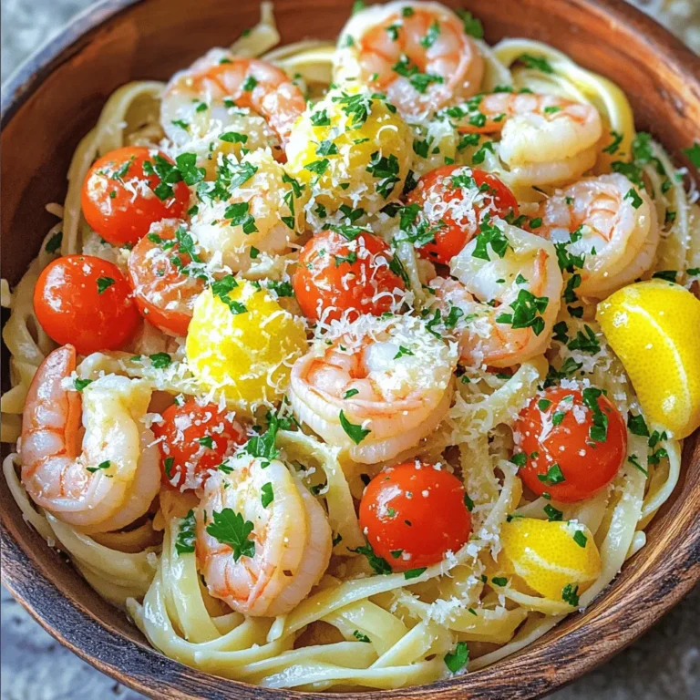 To make garlic shrimp pasta, gather these simple ingredients: - 8 oz linguine or spaghetti - 1 lb large shrimp, peeled and deveined - 4 tablespoons unsalted butter - 4 cloves garlic, minced - 1 teaspoon red pepper flakes (adjust to taste) - 1 lemon, juiced and zested - 1 cup cherry tomatoes, halved - ¼ cup fresh parsley, chopped - Salt and pepper to taste - Grated Parmesan cheese for serving (optional) These ingredients combine to create a bright and flavorful dish. Fresh shrimp and bright lemon zest create a lovely balance. The garlic adds depth, while the red pepper flakes give a nice kick. When choosing shrimp, opt for large or jumbo shrimp. They hold up well and taste great. Look for shrimp that are firm and have a mild scent. You can use fresh or frozen shrimp, but make sure to thaw frozen shrimp before cooking. For pasta, I recommend linguine or spaghetti. Both types work well with the sauce. You can also try fettuccine for a thicker bite. Always choose high-quality pasta for the best results. To take your garlic shrimp pasta to the next level, consider adding these optional ingredients: - ½ cup white wine for a splash of acidity - 1 cup spinach for added greens - ½ teaspoon smoked paprika for a smoky touch These ingredients can add layers of flavor and nutrition. Experiment with them to find what you like best. This dish is all about personal taste, so feel free to mix and match! For the full recipe, check out the detailed steps to create this delicious meal. Start by filling a large pot with water. Add a good amount of salt. Bring it to a boil over high heat. Once boiling, add your linguine or spaghetti. Follow the package directions to cook until al dente, which means firm to the bite. This step usually takes about 8 to 10 minutes. Reserve half a cup of the pasta water before draining. This water helps the sauce stick later. Drain the rest of the pasta and set it aside. While the pasta cooks, grab a large skillet. Melt two tablespoons of butter over medium heat. Add the shrimp to the pan. Season them with salt, pepper, and red pepper flakes. Cook the shrimp for 2 to 3 minutes on each side. They should turn pink and opaque. Once cooked, remove the shrimp from the skillet and keep them warm. This keeps them tender and juicy. In the same skillet, add the remaining two tablespoons of butter. Once melted, toss in the minced garlic. Sauté for about one minute until it smells amazing. Be careful not to burn the garlic; it can turn bitter. Next, add the halved cherry tomatoes. Cook for another 3 to 4 minutes. You want them to soften and burst with flavor. After this, return the shrimp to the skillet. Add the drained pasta, reserved pasta water, lemon juice, and lemon zest. Toss everything gently over medium heat. Make sure it is all mixed well and heated through. Finally, stir in the chopped parsley. Adjust the salt and pepper to your taste. Serve this dish hot, and don’t forget the grated Parmesan cheese if you like! You can find the full recipe [here]. To cook shrimp just right, use fresh shrimp if possible. Start with a hot skillet. Melt butter over medium heat. Add shrimp in one layer for even cooking. Cook them for 2-3 minutes on each side. They should turn pink and opaque. Overcooking makes shrimp tough, so keep an eye on them. If you like spice, add red pepper flakes during cooking for a kick. You can add more flavor to your Garlic Shrimp Pasta. Fresh herbs like basil or thyme brighten the dish. A splash of white wine in the skillet adds depth. For a tangy twist, try capers or olives. You can also mix in spinach or arugula for a healthy boost. Experiment with these extras to find your favorite combination! When tossing pasta, make sure it is hot. This helps the sauce stick better. Use the reserved pasta water if the dish seems dry. A splash of water helps bind the flavors. Gently toss the pasta and shrimp together with tongs. This keeps everything intact and well coated. Serve it warm for a delightful meal. For the full recipe, check out the Garlic Shrimp Pasta Delight. {{image_2}} If you prefer different proteins, chicken or scallops work well. For chicken, cut it into bite-sized pieces. Cook it in the same way as the shrimp until it's golden brown. This will add a nice twist to the dish. Scallops can also be sautéed quickly. They cook fast and have a sweet flavor. Use the same garlic sauce to keep the taste rich. For a tasty vegetarian version, swap shrimp for vegetables. Try using zucchini, bell peppers, or asparagus. You can sauté these veggies just like the shrimp. They will absorb all the wonderful flavors from the garlic sauce. This makes a bright and healthy dish. You can also add beans for extra protein and texture. You can use many pasta shapes for this dish. While linguine and spaghetti are great, try penne or fettuccine. Each shape holds the sauce differently. Penne’s tubes catch the sauce inside, making each bite flavorful. Fettuccine can give a nice creamy feel when tossed with the garlic sauce. Choose any shape you love to make it your own. For the complete experience, check out the Full Recipe. After enjoying your meal, store any leftover garlic shrimp pasta in a tight container. Let it cool down to room temperature first. Place it in the fridge for up to three days. Make sure to cover it well to keep it fresh. If you want to freeze garlic shrimp pasta, it’s best to do this right after cooking. Let it cool completely, then portion it into freezer-safe bags or containers. Squeeze out as much air as you can to avoid freezer burn. It can last for up to three months in the freezer. When you want to eat it, just remember to label the bags with the date. To reheat your pasta, the stovetop is best. Add a splash of water or broth to keep it moist. Heat it over low to medium heat, stirring often. If you prefer a microwave, place it in a bowl with a little water. Cover it and heat in short bursts, stirring in between. This keeps your garlic shrimp pasta tasty and prevents it from drying out. For extra flavor, you can add a squeeze of fresh lemon juice before serving. If you need the full recipe, check out the garlic shrimp pasta delight. Yes, you can make Garlic Shrimp Pasta ahead of time. Cook the pasta and shrimp, then store them separately in the fridge. When you are ready to eat, heat them up together with the garlic sauce. This way, your dish stays fresh and tasty. Just remember, the pasta may soak up some sauce. If you can't find shrimp, you can use chicken or scallops. Both options work well in this dish. Just cook them until they are fully done, like the shrimp. You can also use tofu or chickpeas for a vegetarian twist. These choices will still give you great flavor. To make Garlic Shrimp Pasta spicier, add more red pepper flakes. You can also include fresh chili peppers for heat. If you prefer it milder, cut back on the red pepper flakes. You can leave them out entirely for a gentle flavor. Adjust the spice to suit your taste. For the full recipe, check out the [Full Recipe]. This blog post covered the essential parts of making Garlic Shrimp Pasta. We discussed the right ingredients, how to cook the shrimp and pasta, and tips for great flavor. You learned about variations with other proteins and vegetarian options. Storage tips and answers to common questions help you get the best out of your dish. I hope you feel ready to create a delicious meal that satisfies. Enjoy experimenting and sharing this dish with others!