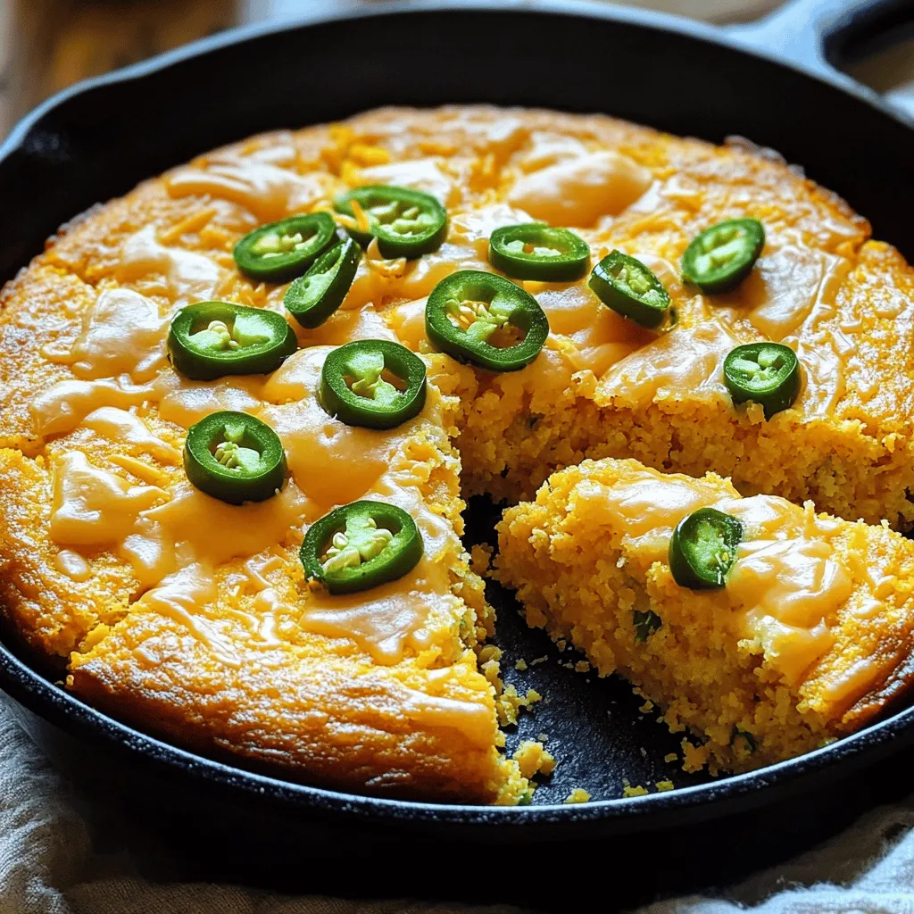 To make Jalapeño Cheddar Cornbread, you need just a few simple ingredients. These flavors blend well to create a tasty dish. Here’s what you’ll need: - 1 cup yellow cornmeal - 1 cup all-purpose flour - 1 tablespoon baking powder - 1/2 teaspoon salt - 1 cup buttermilk - 1/4 cup vegetable oil - 2 large eggs - 1 cup shredded sharp cheddar cheese - 1/2 cup fresh jalapeños, diced (remove seeds for less heat) - 2 tablespoons honey (optional for a hint of sweetness) Each ingredient plays a key role. The yellow cornmeal gives a great texture. The flour helps with the structure. Baking powder makes it rise, while salt enhances flavor. Buttermilk keeps the cornbread moist. Vegetable oil adds richness, and eggs bind it all together. Sharp cheddar cheese brings a bold taste, while jalapeños add a kick. The honey is optional but can make the cornbread slightly sweet. You can adjust the jalapeños to suit your heat preference. For the full details on how to combine these ingredients into a delicious dish, check the Full Recipe. Enjoy the process and get ready for a flavor-packed treat! First, preheat your oven to 400°F (200°C). This step is key to getting the cornbread just right. While the oven heats, grease a 9-inch square baking dish or a cast-iron skillet. A well-greased pan helps the cornbread come out easily and keeps it from sticking. In a large mixing bowl, combine the dry ingredients. Mix together 1 cup of yellow cornmeal, 1 cup of all-purpose flour, 1 tablespoon of baking powder, and 1/2 teaspoon of salt. Stir until these ingredients blend well. This mix gives the cornbread its hearty base. In another bowl, whisk together the wet ingredients. You need 1 cup of buttermilk, 1/4 cup of vegetable oil, and 2 large eggs. If you want a hint of sweetness, add 2 tablespoons of honey. Mix this until it’s smooth and creamy. The buttermilk adds moisture and flavor. Now, pour the wet mixture into the bowl with the dry ingredients. Stir gently until just combined. Be careful not to overmix; some lumps are okay. This keeps the cornbread light and fluffy. Next, you’ll fold in 1 cup of shredded sharp cheddar cheese and 1/2 cup of diced jalapeños. Make sure the cheese and jalapeños are evenly distributed in the batter. The cheese gives a rich flavor, while the jalapeños add a nice kick. Pour the batter into the prepared baking dish or skillet, smoothing the top with a spatula. Bake for 20-25 minutes. The cornbread is done when the top is golden brown, and a toothpick comes out clean when inserted in the center. Once it's baked, let it cool for about 10 minutes before slicing. For the full recipe, you can refer back to the ingredients and steps above. Enjoy your tasty Jalapeño Cheddar Cornbread! To avoid overmixing, stir the batter gently. Mix until you see dry spots. Some lumps are fine. This helps keep the cornbread soft. For a fluffy cornbread, use room temperature ingredients. Cold buttermilk or eggs can make the batter thick. Want more kick? Add more jalapeños! You can also try different types of cheese. Pepper jack adds spice, while gouda gives a rich taste. For sweetness, honey works well. You can also add corn kernels for extra texture. Serve Jalapeño Cheddar Cornbread warm. It pairs great with chili or a fresh salad. You can also enjoy it with soups like chicken tortilla. Try topping with extra cheese or sliced jalapeños. For a sweet touch, drizzle honey on top. If you want the full details, check out the Full Recipe. {{image_2}} You can switch out cheddar for other cheeses. Try Monterey Jack for a milder taste. It melts well and pairs nicely with jalapeños. You can also use pepper jack for extra heat. Combining cheeses can add depth. A mix of cheddar and Gouda creates a smoky flavor. Experiment and find your favorite cheese blend! You can control the heat by changing the jalapeño amount. Use fewer jalapeños for a mild cornbread. If you want it spicy, add more! You can also replace jalapeños with sweet peppers. They offer flavor without the heat. Another option is to use pickled jalapeños. They add tang and a different taste profile. Adding honey gives a touch of sweetness. If you prefer a savory bread, skip the honey. You can use maple syrup or agave as sweetening options. Both add flavor without overpowering the cornbread. Adjusting sweetness can change your dish to fit any meal. The choice is yours! For the full recipe, check out the complete guide! To keep your Jalapeño Cheddar Cornbread fresh, let it cool first. Then, wrap it tightly in plastic wrap or foil. You can also store it in an airtight container. This method keeps it soft for about 3 days at room temperature. If you want to reheat, simply place slices in a warm oven for 5-10 minutes. This warms them up nicely without drying them out. If you want to keep your cornbread longer, freezing works great. First, cut it into slices. Then, wrap each slice in plastic wrap. After that, place the slices in a freezer bag. This keeps them fresh for up to 3 months. When you’re ready to enjoy, take it out and let it thaw in the fridge overnight. For reheating, pop the slices in the oven or microwave until warm. Enjoy your tasty treat anytime! Yes, you can make this recipe gluten-free. Use gluten-free all-purpose flour instead of regular flour. This flour blend often contains xanthan gum, which helps mimic the texture of wheat flour. The cornbread will still be tasty and fluffy. To change the batch size, scale your ingredients up or down. If you want more servings, double each ingredient. For fewer servings, cut the amounts in half. Remember, the baking time may change slightly, so keep an eye on it while it cooks. This cornbread pairs well with many dishes. Serve it with chili for a warm meal. It also goes great with soups, like corn chowder or tomato soup. You can even enjoy it with a fresh salad for a light lunch. To create a dairy-free version, replace buttermilk with almond milk or oat milk mixed with vinegar. For cheese, use a dairy-free cheddar or nutritional yeast for a cheesy flavor. These swaps keep the cornbread rich and tasty without the dairy. For the complete recipe, check out the Full Recipe. This post covered how to make Jalapeño Cheddar Cornbread with easy steps. We started with the key ingredients and went through each preparation step. I shared tips to enhance flavor and texture. You learned variations and storage advice too. Cornbread elevates meals and pairs well with many dishes. Enjoy baking your own. With practice, you’ll master this tasty side dish.