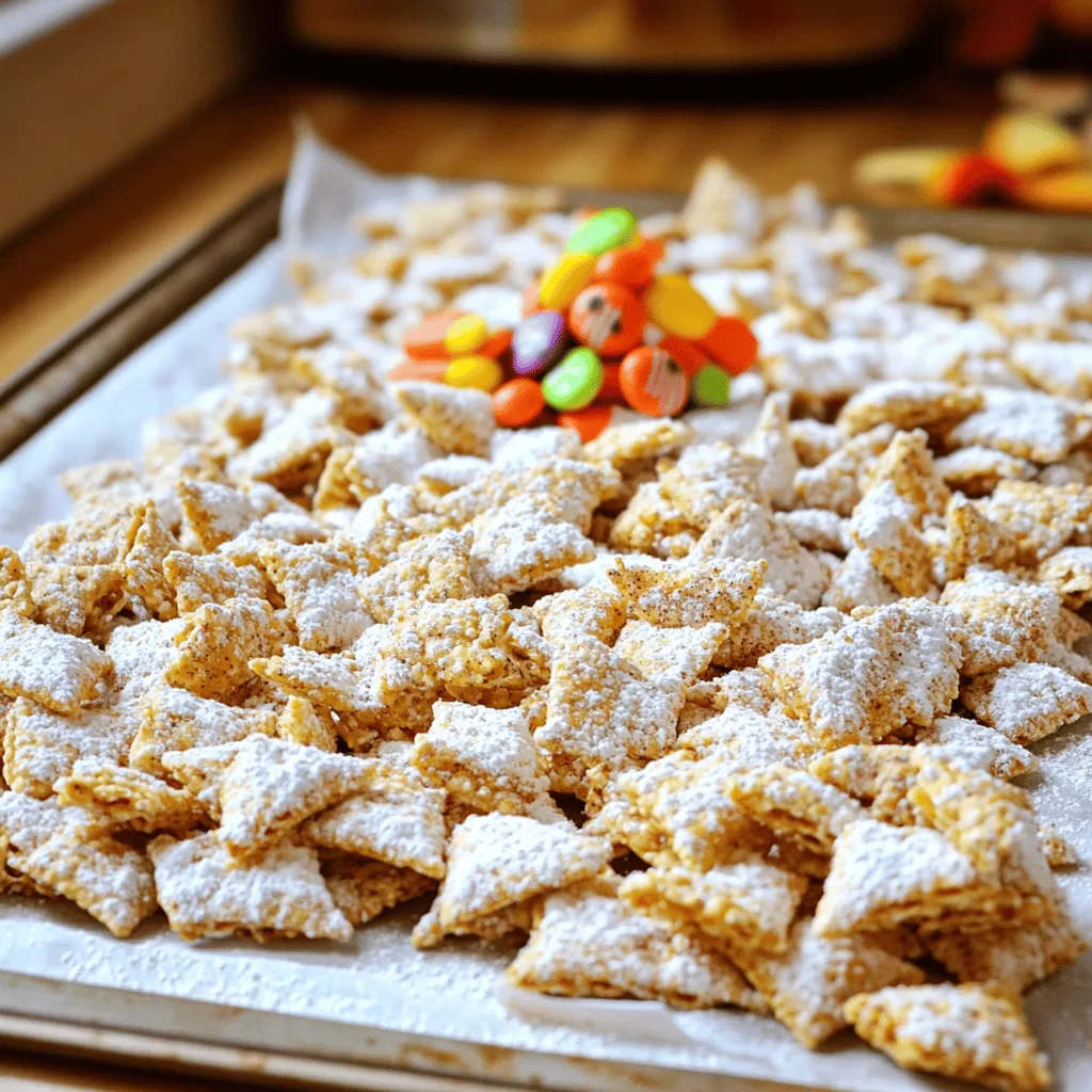 To make Pumpkin Spice Puppy Chow, gather all your ingredients first. Here’s what you need: - 6 cups Rice Chex cereal - 1 cup creamy peanut butter - 1/2 cup pumpkin puree - 1 cup powdered sugar - 1 teaspoon vanilla extract - 2 teaspoons pumpkin pie spice - Pinch of salt - 1/2 cup fall-colored candy corn (optional for garnish) Each ingredient plays a key role in making this treat delicious. The Rice Chex cereal gives it that perfect crunch. Creamy peanut butter adds richness and depth. Pumpkin puree brings in that warm, autumn flavor. Powdered sugar coats the mix, making it sweet and delightful. Vanilla extract lifts the flavors, while pumpkin pie spice is what makes this feel like fall. Don't forget the pinch of salt; it balances the sweetness. If you want to get festive, add some candy corn for color and fun! You can find the full recipe in the section above. Enjoy the process of gathering these simple ingredients, and get ready to make a tasty treat! - Step 1: Combine peanut butter, pumpkin puree, and vanilla extract in a microwave-safe bowl. This mix creates a rich base. - Step 2: Microwave and stir until smooth. Heat it for about 30 seconds. Stir well to blend everything. - Step 3: Add pumpkin pie spice and a pinch of salt to the mixture. This adds warmth and depth to your treat. - Step 4: Add Rice Chex cereal to the mixture. Make sure the cereal is fresh and crisp. - Step 5: Gently coat the cereal. Use a spatula to toss it without breaking the pieces. - Step 6: Transfer to a bag or bowl with powdered sugar. This helps to coat the mix evenly. - Step 7: Shake or stir until well coated. You want every piece to be sweet and tasty. - Step 8: Spread on a baking sheet to cool. This helps it set and keeps it crunchy. - Step 9: Add additional spices and candy corn if desired. This gives a fun touch and festive look. For the full recipe, check the details in the article. Enjoy crafting this delightful snack! - Use fresh pumpkin puree for enhanced flavor. Fresh puree adds a rich and vibrant taste. - Adjust the amount of powdered sugar based on personal preference. You can make it sweeter or less sweet. - Don't overheat the peanut butter mixture. Overheating can make it too runny and hard to mix. - Ensure even coating to prevent clumping. Mix gently to coat every piece of cereal well. - Pair with festive drinks. A warm apple cider or pumpkin spice latte complements it nicely. - Serve in decorative bowls for parties. Colorful bowls add to the fun and excitement. For the full recipe, check out the details above. Enjoy your treat! {{image_2}} You can easily change this recipe to fit your needs. If you want a nut-free option, use almond or cashew butter instead of peanut butter. Both give a nice taste. You can also swap in gluten-free cereal options. This way, everyone can enjoy your treat! Want to make your Pumpkin Spice Puppy Chow even more special? Try adding chocolate chips. They add a rich flavor that pairs well with pumpkin. You can also play with spices. Cinnamon and nutmeg can give your dish a warm twist. Feel free to explore different flavor profiles! Make your Puppy Chow festive by adding mini marshmallows for a Christmas theme. These soft treats look cute and taste great. For Halloween, use autumn-themed sprinkles. They add color and fun to your dish. You can always customize this snack for any season! Store your Pumpkin Spice Puppy Chow in an airtight container to keep it fresh. I recommend using glass jars or resealable bags for easy access. This way, you can grab a handful whenever you need a tasty snack. This treat maintains its quality for up to a week at room temperature. If you want it to last longer, you can refrigerate it. Just remember to seal it well to prevent it from getting dry or stale. For even longer storage, you can freeze your Pumpkin Spice Puppy Chow. Just place it in a freezer-safe bag or container. When you're ready to enjoy it, thaw it at room temperature before serving. This keeps it tasty and crunchy! For the full recipe, check out the earlier sections. What’s the best way to serve Pumpkin Spice Puppy Chow? You can serve your Pumpkin Spice Puppy Chow in a big bowl. Use small cups for easy sharing. It makes a fun snack for parties or cozy nights in. Can I make this recipe ahead of time? Yes! You can make this treat a few days before you plan to serve it. Just store it in an airtight container. This way, it stays fresh and tasty. How can I make it more or less sweet? To make it sweeter, add more powdered sugar. If you prefer it less sweet, reduce the sugar. You can also try using dark chocolate chips for a richer taste. Is this recipe gluten-free? Yes, this recipe is gluten-free! Just use gluten-free Rice Chex cereal. Always check labels to ensure your cereal is safe. Can I make it nut-free? Absolutely! You can use sun butter or soy nut butter instead of peanut butter. Both options work well and keep it nut-free. Can I use different cereals? Yes, you can use other cereals like Corn Chex or Cheerios. Just make sure the cereal works with the pumpkin flavor. What are some alternative toppings to use? Try mini marshmallows, chocolate chips, or crushed graham crackers. You can also mix in dried fruit for added flavor. This recipe for Pumpkin Spice Puppy Chow is simple and fun. You learned how to mix Rice Chex with peanut butter, pumpkin, and spices. Avoid common mistakes as you coat your cereal. Now, you can customize it to match your taste and use seasonal ingredients. Proper storage keeps your treats fresh longer. Enjoy sharing this tasty snack at any gathering or just for yourself!