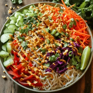 - 8 oz rice noodles - 1 red bell pepper, thinly sliced - 1 cup cucumber, julienned - 1 cup shredded carrots - 1/2 cup red cabbage, thinly sliced - 1/4 cup green onions, chopped - 1/4 cup fresh cilantro, chopped In this salad, rice noodles act as the base. They soak up the flavors well. Fresh vegetables add crunch and color. The red bell pepper brings sweetness. Cucumbers give a refreshing bite. Carrots and red cabbage add vibrant color. Green onions and cilantro give fresh notes. - 1/4 cup creamy peanut butter - 2 tablespoons soy sauce - 2 tablespoons sesame oil - 1 tablespoon honey (or maple syrup for vegan) - 1 tablespoon lime juice - 1 teaspoon grated ginger - 1 clove garlic, minced - Water (to thin the sauce) The peanut sauce makes this dish shine. Creamy peanut butter provides richness. Soy sauce adds saltiness, while sesame oil gives a nutty taste. Honey or maple syrup adds sweetness. Lime juice brightens the flavor. Ginger and garlic add depth and warmth. You can adjust the sauce thickness with water. - 1/4 cup peanuts, chopped (for garnish) - Fresh cilantro Garnishes elevate this salad. Chopped peanuts add crunch. Fresh cilantro enhances the flavor. You can sprinkle these on top for a beautiful finish. For the full recipe, check out the instructions above. Enjoy your tasty and nourishing Thai Peanut Noodle Salad! 1. Preparing the noodles: Start by bringing a pot of water to a boil. Add 8 oz of rice noodles and cook per the package instructions. Usually, this takes about 4 to 6 minutes. Stir occasionally to keep them from sticking. 2. Cooling and rinsing: Once cooked, drain the noodles in a colander. Rinse them under cold water to stop the cooking. This helps keep the noodles firm and chewy. 1. Combining fresh ingredients: In a large bowl, add your fresh veggies: slice 1 red bell pepper, julienne 1 cup of cucumber, shred 1 cup of carrots, and thinly slice 1/2 cup of red cabbage. Then, chop 1/4 cup of green onions and 1/4 cup of fresh cilantro. 2. Preparing for the sauce: Mix all the chopped vegetables together well. This colorful base will give your salad a fresh crunch. 1. Whisking the sauce ingredients: In a separate bowl, combine 1/4 cup of creamy peanut butter, 2 tablespoons of soy sauce, 2 tablespoons of sesame oil, 1 tablespoon of honey (or maple syrup), 1 tablespoon of lime juice, 1 teaspoon of grated ginger, and 1 clove of minced garlic. 2. Adjusting the consistency: Whisk until smooth. If the sauce is too thick, add water a tablespoon at a time until you reach your preferred thickness. 1. Coating the vegetables and noodles: Pour the peanut sauce over the bowl of vegetables. Toss to coat all the veggies with the sauce. 2. Final touches before serving: Add your cooled rice noodles to the salad. Toss gently to combine everything. Serve in a large bowl or individual bowls, and sprinkle 1/4 cup of chopped peanuts on top for a satisfying crunch. For the full recipe, refer to the ingredients and instructions provided earlier! Enjoy your tasty and nourishing Thai Peanut Noodle Salad! - How to achieve the perfect noodle texture: Cook rice noodles until just tender. Drain and rinse them in cold water. This stops the cooking and keeps them from getting mushy. Avoid overcooking, as they can turn sticky and clump together. - Tips for freshness of vegetables: Use fresh, crisp veggies for the best flavor and crunch. Slice bell peppers, cucumbers, and carrots just before serving. This keeps them vibrant and full of nutrients. Store any leftovers in an airtight container to keep them fresh longer. - Ideal serving methods: Serve the Thai peanut noodle salad in a large bowl. This makes it easy for everyone to help themselves. You can also use individual bowls for a more personal touch. A sprinkle of chopped peanuts on top adds a nice crunch. - Pairing with proteins: To make this salad a full meal, add proteins like grilled chicken, shrimp, or tofu. These options boost the nutrition and make the dish even more filling. Grilled salmon also works well and adds a rich flavor. - Preparing ingredients in advance: Chop veggies and make the peanut sauce a day ahead. Keep each component separate until you're ready to eat. This helps maintain the freshness of the salad. - Storage tips for best results: Store the salad in the fridge for up to two days. Keep the dressing in a separate jar. This prevents the noodles and veggies from getting soggy. When ready to serve, toss everything together for a fresh taste. {{image_2}} You can make your Thai Peanut Noodle Salad even better by adding protein. Chicken, tofu, or shrimp all work great. If you want a meat option, grilled chicken adds nice flavor. For a plant-based choice, tofu gives a good texture and absorbs the sauce well. Shrimp cooks fast and adds a lovely seafood touch. You can also adjust for dietary needs. If you want it vegan, just stick with tofu. Want to spice it up? Add chili paste or sriracha for heat. A little goes a long way! You can also try different sauces to change the taste. For a sweeter kick, use teriyaki sauce. For a tangy twist, swap in a lemon-garlic dressing. Each option gives your salad a unique flavor profile. Using local and seasonal veggies can elevate your salad. You could add snap peas in spring or roasted butternut squash in fall. This keeps your dish fresh and exciting. Feel free to swap any ingredients based on what you find at your market. If cucumbers are out of season, try using radishes for crunch instead. Your creativity can lead to delightful new flavors. To keep your Thai Peanut Noodle Salad fresh, store it in an airtight container. This helps prevent moisture loss and keeps the flavors intact. I suggest using glass containers for better preservation. They are durable and easy to clean. When stored properly, the salad lasts about 3 to 5 days in the fridge. Check for signs of spoilage, like a sour smell or slimy texture. If you notice any changes, it's best to throw it away. You can enjoy the salad cold, but if you prefer warm noodles, gently reheat it. Use a microwave or a pan on low heat. Add a splash of water to keep it moist. This salad pairs well with grilled chicken or shrimp for a complete meal. I love using rice noodles for this salad. They have a great texture and soak up flavors well. You can find them in many stores. Look for wide rice noodles or vermicelli. They cook quickly and are gluten-free. Just remember to rinse them under cold water after cooking. This stops the cooking process and keeps them firm. Yes, you can make the peanut sauce ahead of time. It stores well in the fridge. Just mix the peanut butter, soy sauce, sesame oil, honey, lime juice, ginger, and garlic as listed in the recipe. Place it in an airtight container. When you need it, just give it a good stir. If the sauce is too thick, add water to thin it out a bit. Absolutely! This salad is perfect for meal prep. You can store it in the fridge for a few days. Just keep the noodles and veggies separate from the sauce until you’re ready to eat. This keeps everything fresh and crunchy. When you’re ready, mix it all together. Enjoy a tasty meal anytime! This blog post covered how to make a delicious rice noodle salad. We explored key ingredients, from rice noodles and fresh veggies to creamy peanut sauce. I shared tips for preparing, storing, and enjoying your salad. Remember, you can customize it with proteins or spices for extra flavor. This dish is not only tasty but also easy to prep ahead. Enjoy your cooking journey and make this salad a staple in your meals!