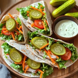 - 4 large whole wheat tortillas - 1 pound sliced turkey breast - 1 cup cream cheese, softened - 1/2 cup ranch dressing - 1 cup dill pickle slices - 1 cup shredded lettuce - 1/2 cup shredded carrots - 1/2 cup sliced tomatoes - Salt and pepper, to taste Each serving of these wraps contains about 400 calories. You get around 25 grams of protein, 18 grams of fat, and 40 grams of carbs. This makes them a balanced meal option, perfect for lunch or dinner. The rich flavors come from the cream cheese and ranch dressing. You also benefit from fresh veggies, adding fiber and vitamins. These wraps are not just tasty; they are also good for you. Using whole wheat tortillas adds extra nutrients and fiber. I love how easy they are to make and customize. For the full recipe, check out the instructions above. First, gather your ingredients. You need cream cheese and ranch dressing. In a medium bowl, combine the softened cream cheese with the ranch dressing. Use a fork or spatula to mix until smooth. You want a creamy texture that spreads easily. If it feels too thick, add a tiny splash of water. This helps to achieve the right consistency for spreading. Now, lay out your large whole wheat tortillas on a clean surface. Take a spoonful of the cream cheese mixture and spread it evenly across each tortilla. Leave a small space at the edges. This helps keep the filling inside when you roll them. Next, layer the sliced turkey breast over the cream cheese. Make sure each wrap gets a good amount. Then, add your veggies. Place dill pickle slices, shredded lettuce, shredded carrots, and sliced tomatoes on top of the turkey. Season with a pinch of salt and pepper to enhance the flavor. To roll the wraps, start at one end. Tightly roll the tortilla while tucking in the sides. This keeps all the tasty filling inside. Once you have a nice roll, slice each wrap in half diagonally. This makes them easier to eat. If you want, use a toothpick to hold the wraps together. For a nice presentation, arrange the wraps on a platter. Serve with a small bowl of extra ranch dressing for dipping. You can also add fresh pickle spears on the side. Enjoy your Pickle Ranch Turkey Wraps! For more details, refer to the Full Recipe. To keep your wraps fresh, wrap them in plastic wrap or foil. This seals in moisture and flavor. Place them in an airtight container. They can last up to three days in the fridge. If you want them to last longer, freeze them. Just remember to thaw them in the fridge before serving. You can boost the flavor with extra spices. Try adding garlic powder, onion powder, or smoked paprika. Fresh herbs like dill or cilantro work well too. For dipping sauces, ranch dressing is great, but you might enjoy a spicy mustard or a creamy avocado dip. To avoid sogginess, don’t overfill your wraps. Layer ingredients evenly, so the weight is balanced. Spread the cream cheese mixture close to the edges, but leave a small border. This helps keep everything inside as you roll. When rolling, start from one end and tuck in the sides tightly. This creates a firm, neat wrap. {{image_2}} You can change the meat in these wraps. Instead of turkey, try chicken or ham. Both work well in this recipe. For a vegan option, use tofu for protein. You can also use cashew cream as a tasty spread. If you want a gluten-free wrap, look for gluten-free tortillas. Many stores sell them now. For a lighter meal, swap out ranch dressing for a low-calorie version. You can also use less cream cheese or choose a lighter one. Make your wraps even better with extra toppings. Slices of avocado add creaminess. Jalapeños give a nice kick. You can also try different dressings like honey mustard or barbecue sauce for a twist. Get creative with your flavors! For the full recipe, check out the detailed instructions I provided earlier. For storing leftover Pickle Ranch Turkey Wraps, use airtight containers. These help keep the wraps fresh and moist. I like glass or BPA-free plastic containers. Before sealing, make sure the wraps are cool to prevent condensation inside. Place a paper towel inside the container to absorb extra moisture. This keeps the wraps from getting soggy. Yes, you can freeze Pickle Ranch Turkey Wraps! To do this, wrap each one in plastic wrap. Then, place them in a freezer-safe bag. Remove as much air as possible to avoid freezer burn. When you are ready to eat, thaw them in the fridge overnight. Reheat in a microwave or enjoy them cold. In the fridge, these wraps can last up to three days. Always check for signs of spoilage before eating. Look for changes in color or texture. If the wraps smell off or the ingredients seem slimy, it's best to toss them. This way, you keep your meals safe and tasty. To make your Pickle Ranch Turkey Wraps gluten-free, you can use gluten-free tortillas. Many stores offer a variety of options. Look for tortillas made from rice flour or corn. Both options work well and keep the wraps tasty and enjoyable. Yes, you can make the wraps ahead of time. Prepare the wraps and store them in the fridge. Wrap each one tightly in plastic wrap or foil. This keeps them fresh until you're ready to serve. I recommend eating them within a day or two for the best flavor. These wraps pair well with many side dishes. Try serving them with fresh fruit like grapes or apple slices. You can also add a side of veggie sticks with ranch dip. A light salad is another great option to complete the meal. To spice up your wraps, add sliced jalapeños or a few dashes of hot sauce. You can mix some chili powder into the ranch dressing for a kick. Another option is to use spicy turkey slices for added heat. These changes will make your wraps exciting and flavorful. Absolutely! You can use different kinds of greens in your wraps. Try spinach or arugula for a peppery taste. Romaine or butter lettuce adds a nice crunch. Feel free to mix and match to find your favorite combination. This adds both flavor and texture to your wraps. In this blog post, we explored how to make tasty Pickle Ranch Turkey Wraps. We covered essential ingredients, simple steps, and helpful tips for a perfect wrap. Remember, you can easily customize the recipe to fit your taste. Try new flavors or swap ingredients based on your diet. Enjoy making these wraps for lunch or a fun snack. They’re healthy, quick, and sure to please!