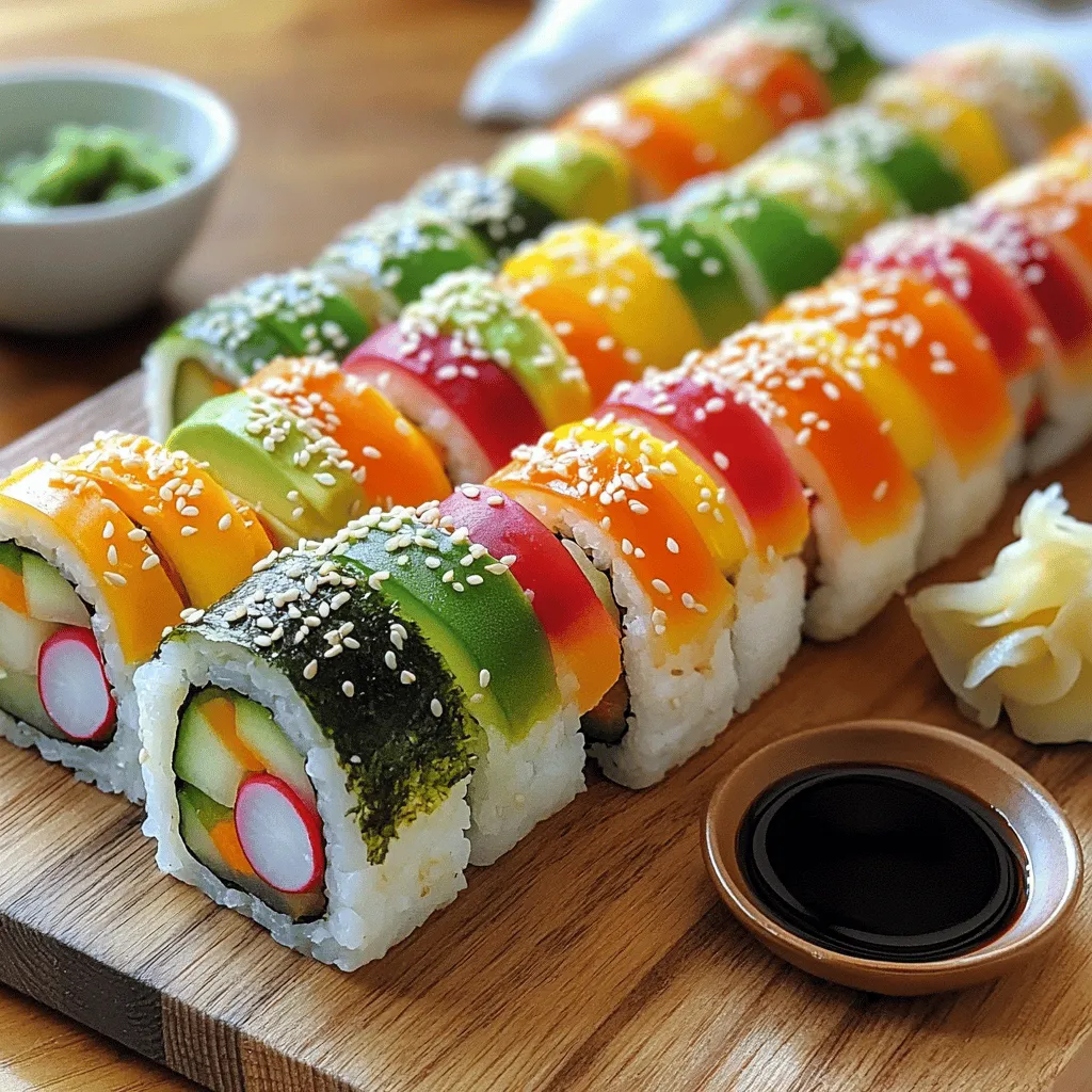 - 1 cup sushi rice - 1 ¼ cups water - 2 tablespoons rice vinegar - 1 tablespoon sugar - ½ teaspoon salt - 4 nori sheets (seaweed) - 1 small cucumber, julienned - 1 medium carrot, julienned - ½ bell pepper, thinly sliced (any color) - 1 avocado, sliced - ½ cup radishes, thinly sliced - Sesame seeds, for garnish - Soy sauce, for serving - Wasabi and pickled ginger, for serving (optional) When I make veggie sushi rolls, I love using fresh ingredients. Sushi rice is key for texture and flavor. You can find it in most grocery stores. Nori sheets hold everything together. They add a nice ocean flavor too. For the veggies, you can use whatever you like. Cucumber adds a crisp crunch. Carrots give a sweet touch. Bell peppers come in many colors. Avocado makes it creamy and rich. Radishes add a peppery bite. - Soy sauce for dipping - Wasabi for heat - Pickled ginger for freshness - Edamame for a side dish - Miso soup for warmth Dipping sauces can make or break your sushi experience. Soy sauce is a classic choice. It pairs perfectly with sushi rolls. For some heat, add wasabi to your plate. Pickled ginger cleanses your palate. For sides, you can enjoy edamame. It’s simple and tasty. Miso soup is warm and filling. Both make a great meal with your sushi. - Sushi rice is low in fat. - Fresh veggies provide vitamins. - Avocado has healthy fats. - Low calories per roll. Veggie sushi rolls are not just fun to make; they are healthy too. Sushi rice is low in fat and easy to digest. Fresh vegetables pack vitamins and nutrients. They keep you strong and healthy. Avocado is a star ingredient. It has healthy fats that are good for your heart. Each roll is low in calories, making it a smart choice for meals. - Rinsing the Rice Rinse the sushi rice under cold water. Do this until the water runs clear. This step gets rid of extra starch. It helps the rice cook well and stay fluffy. - Cooking the Rice In a pot, mix the rinsed rice with water. Bring it to a boil over high heat. Once it boils, lower the heat, cover it, and let it simmer for 18-20 minutes. The water should be absorbed by the time it's done. - Using the Bamboo Mat Grab a bamboo sushi mat and place it on a clean surface. Cover it with plastic wrap. This makes cleanup easy later. - Spreading the Rice and Adding Fillings Put a sheet of nori on the mat, shiny side down. Wet your hands to stop the rice from sticking. Spread about ½ cup of sushi rice on the nori. Leave a 1-inch border at the top. Next, line up cucumber, carrot, bell pepper, avocado, and radishes in the center of the rice. - Tips for Rolling Start at the edge closest to you. Lift the bamboo mat and roll it tightly over the fillings. Keep rolling, tucking the nori as you go. - Slicing the Sushi Rolls Once you have a roll, use a sharp knife to slice it into 6-8 pieces. Clean the knife with a damp cloth between cuts. This helps keep the edges neat. For a complete guide, refer to the Full Recipe for Rainbow Veggie Sushi Rolls. - Overfilling the Rolls Keep the fillings simple. If you add too many, the roll won’t hold together. Aim for about three to five ingredients for a balanced bite. - Not Using Enough Water Wet your hands and the bamboo mat. This prevents sticking. If you skip this step, the rice may cling to everything, making rolling hard. - Presentation Tips Cut the sushi rolls into even pieces. Arrange them on a clean plate. You can add a sprinkle of sesame seeds for extra flair. Using colorful veggies makes the dish pop. - How to Cut Sushi Cleanly Use a sharp knife and wet it to avoid sticking. Make quick, smooth cuts. This helps keep the sushi looking nice and neat. - Essential Kitchen Tools for Making Sushi You need a bamboo mat for rolling, a sharp knife for cutting, and a bowl for rinsing rice. These tools make the process easier and more fun. - Optional Gadgets for Easier Preparation Consider a rice cooker for perfect rice. A sushi rolling machine can help if you're new. These tools can save time and make sushi-making enjoyable. For a complete guide, check the Full Recipe. {{image_2}} You can change your veggie sushi rolls by using seasonal vegetables. In spring, try asparagus or peas. Summer brings juicy tomatoes and zucchini. Fall is great for roasted sweet potatoes. Winter offers root veggies like carrots and beets. Using fresh, local produce adds flavor and fun. You can also substitute fresh veggies with proteins. Tofu is a popular choice. Try marinated or grilled tofu for extra taste. Tempeh works well too, providing a nutty flavor. You can even use cooked shrimp or crab if you want a seafood touch. To make your rolls even tastier, add spices and sauces. A sprinkle of chili flakes can give a nice kick. You might also try adding a dash of sesame oil for depth. Spicy mayo is a popular choice for a creamy texture. Using pickled vegetables can add tang to your rolls. Pickled carrots or radishes offer a crunchy bite. They create a contrast with the soft rice and creamy avocado. You can even try pickled ginger for an extra zing. Themed sushi rolls can spice up your sushi night. Rainbow rolls are colorful and fun. They include a mix of vibrant veggies like avocado, carrots, and bell peppers. Each slice looks like a beautiful rainbow on your plate. California rolls are another classic. They often have avocado and crab but can easily be made veggie. Just use cucumber and avocado for a fresh twist. These rolls are great for kids or those new to sushi. For the full recipe, check out Rainbow Veggie Sushi Rolls . Refrigeration Tips After making your rainbow veggie sushi rolls, store any leftovers in the fridge. Wrap them in plastic wrap or place them in an airtight container. This keeps them fresh. Enjoy them within 24 hours for best flavor. Freezing Sushi You can freeze sushi, but it’s not ideal. If you must, wrap each roll tightly in plastic wrap. Place the wrapped rolls in a freezer bag. Use them within a month. Thaw in the fridge before eating. Best Methods for Quality Preservation To reheat sushi, use a microwave on low power. Heat for about 10 to 15 seconds. This warms it up without making it rubbery. You can also enjoy sushi cold. Avoiding Soggy Sushi Avoid soggy sushi by not using too much moisture when reheating. Keep it wrapped during reheating. Let it sit at room temperature for a few minutes before eating for better texture. How Long Sushi Lasts in the Fridge Sushi lasts about 1 to 2 days in the fridge. After that, it may lose freshness. Always check for signs of spoilage before eating. Signs of Spoilage Look for changes in smell, color, or texture. If your sushi smells sour or looks slimy, it’s best to throw it away. Trust your senses to keep safe. For the complete recipe, check out the Full Recipe. Yes, you can use brown rice. Brown rice is healthier and has more fiber. However, it cooks differently. It takes longer to cook and needs more water. Sushi rice is sticky, which helps the rolls stick together. Brown rice may not hold as well. If you prefer brown rice, adjust cooking time and water. Many vegetables work well in sushi rolls. Here are some great options: - Cucumber - Carrot - Bell pepper - Avocado - Radish You can mix and match any of these. Use what you like best. Try seasonal veggies to keep it fresh. To reduce stickiness, rinse sushi rice well before cooking. Rinsing removes excess starch. This keeps the rice from clumping too much. Also, wet your hands when handling rice. This helps it not stick to your fingers. If rolls still stick, sprinkle a little sesame oil on your hands. Yes, you can prepare some parts ahead of time. Make the sushi rice and veggies in advance. Keep rice in the fridge for up to one day. Roll the sushi just before serving. This keeps it fresh and tasty. Avoid making rolls too far ahead, as they can dry out. Serve sushi rolls on a nice plate. You can add a few garnishes like sesame seeds. Offer soy sauce for dipping. Wasabi and pickled ginger add flavor, too. Arrange the rolls nicely for a beautiful display. It makes your meal look gourmet. For the full recipe, check the details above. Making veggie sushi rolls is fun and rewarding. We covered the key ingredients, how to prepare them, and tips for rolling. You can use fresh vegetables and flavorful sauces to make your sushi tasty. Remember to avoid common mistakes, like overfilling the rolls. Explore different flavors by using seasonal veggies or themed rolls. With these steps, you'll create delicious sushi at home. Enjoy your sushi-making adventure and impress your friends and family!