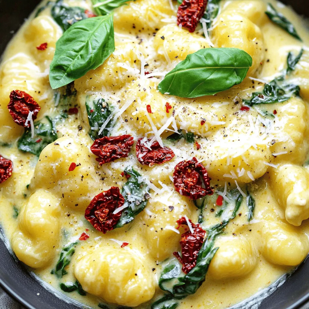- 1 pound potato gnocchi - 1 cup heavy cream - 1/2 cup sun-dried tomatoes in oil, chopped - 3 cloves garlic, minced - 1/2 cup grated Parmesan cheese - 1 cup fresh spinach - 1/4 teaspoon red pepper flakes (optional) - 2 tablespoons olive oil - Fresh basil leaves, for garnish - Salt and pepper to taste When I think about the ingredients for my creamy sun-dried tomato gnocchi, I feel excited. Each item brings something special to the dish. The potato gnocchi serves as the perfect base. They are soft and hold the creamy sauce well. Next, the heavy cream adds richness. It makes the dish feel indulgent. The sun-dried tomatoes bring a burst of flavor. They are sweet and tangy, making every bite delightful. Garlic is a must for this recipe. I use fresh garlic for the best taste. It adds depth to the sauce. Parmesan cheese melts into the cream, giving it a wonderful umami kick. Fresh spinach not only adds color but also nutrients. It wilts beautifully in the hot sauce. If you like a bit of spice, red pepper flakes can add warmth. Olive oil is key for sautéing the garlic and tomatoes. It helps release their flavors. Finally, fresh basil leaves make the dish look stunning. They add a nice touch of freshness. These ingredients blend together to create a delicious meal. You can find the full recipe to make this tasty dish. First, fill a large pot with water and add a pinch of salt. Bring the water to a boil. Once it bubbles, add 1 pound of potato gnocchi. Cook the gnocchi for about 2-3 minutes, or until they float to the top. This shows they are ready. Carefully drain the gnocchi and set them aside. Next, grab a large skillet and heat 2 tablespoons of olive oil over medium heat. Add 3 cloves of minced garlic to the skillet. Sauté it for about 1 minute until it smells great. Then, toss in 1/2 cup of chopped sun-dried tomatoes. Stir these for another 2 minutes, allowing the flavors to mix. Pour in 1 cup of heavy cream and bring it to a gentle simmer. Stir the mixture often to keep it smooth. Gradually add in 1/2 cup of grated Parmesan cheese. Keep stirring until the cheese melts and the sauce is creamy. Now it's time to bring everything together. Gently fold the cooked gnocchi into the sauce until they are well-coated. Add 1 cup of fresh spinach to the skillet. Cook for about 2-3 minutes, or until the spinach wilts. If you like a bit of heat, sprinkle in 1/4 teaspoon of red pepper flakes. Season with salt and pepper to taste, and give it one final stir. Enjoy this flavorful dish right away! For a full recipe, check out the details above. To make the sauce creamy, use heavy cream. It adds richness and texture. Stir the cream often as it simmers to avoid burning. For flavor balance, add salt and pepper. Taste as you go. You can also add more sun-dried tomatoes for extra flavor. When cooking gnocchi, boil water first. Add salt to the water for taste. Cook the gnocchi for just 2-3 minutes. They are ready when they float. Drain them quickly to stop cooking. This helps keep them firm and not mushy. Garnish your dish with fresh basil leaves. They add color and a nice aroma. Also, sprinkle extra Parmesan cheese on top for a tasty finish. Serve in a white bowl to make the colors pop. Enjoy your beautiful and tasty meal! For the full recipe, check out the details above. {{image_2}} To make this dish vegan, swap out the heavy cream and cheese. Use coconut cream or cashew cream for a rich base. Nutritional yeast can add a cheesy flavor without dairy. For proteins, consider chickpeas or lentils. These options keep it plant-based and tasty. You can add proteins like chicken or shrimp for extra flavor. If using chicken, cook it first in the skillet. For shrimp, add them right after the garlic. Cook until they turn pink. This adds depth and makes the dish heartier. Want to amp up the flavor? Try adding fresh herbs like thyme or oregano. A squeeze of lemon juice brightens the dish. You can also toss in olives or capers for an extra kick. These small changes create a more complex taste without much effort. To keep your creamy sun-dried tomato gnocchi fresh, use an airtight container. Glass or plastic containers work well. Before sealing, let the dish cool down to room temperature. This helps avoid condensation inside the container. Store it in the fridge for up to three days. To reheat, use a skillet over low heat. Add a splash of cream or broth to keep it moist. Stir often to prevent sticking. You can also use a microwave; just cover it to avoid drying out. If you want to refresh the dish, toss in more spinach or a sprinkle of cheese. This adds flavor and keeps it vibrant. To freeze, place the cooled gnocchi in a freezer-safe bag. Remove as much air as you can before sealing. It can last up to three months in the freezer. When you want to enjoy it, thaw it overnight in the fridge. Reheat in a skillet, adding a little cream or milk for creaminess. Yes, you can use frozen gnocchi. Cooking frozen gnocchi is simple. Just boil it directly in salted water. Follow these tips: - Do not thaw the gnocchi before cooking. - Cook for about 3-4 minutes or until they float. - Drain and add to your sauce right away. To add heat, increase the red pepper flakes. Here are some ideas: - Add more flakes for a stronger kick. - Try a pinch of cayenne pepper for extra spice. - Incorporate sliced jalapeños for a fresh touch. If you need a cheese swap, try these options: - Pecorino Romano for a sharper taste. - Nutritional yeast for a vegan option. - Cream cheese for a creamy texture. These swaps give your dish a new flavor twist. For the full recipe, check out the Creamy Sun-Dried Tomato Gnocchi. This blog post covered a delicious gnocchi recipe. We discussed main and additional ingredients, plus step-by-step cooking tips. You learned how to make a creamy sauce and combine it with gnocchi. Don’t forget to explore variations to suit your taste. You can store leftovers and reheat them to enjoy later. Try customizing your dish with different proteins or spices. Now, get cooking and enjoy this tasty meal!