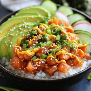 To make spicy tuna sushi bowls, you need fresh and high-quality items. Here are the essential ingredients: - 1 cup sushi rice - 1 ½ cups water - 1 tablespoon rice vinegar - 1 tablespoon sugar - ½ teaspoon salt - 8 oz sushi-grade tuna, diced - 2 tablespoons mayonnaise (preferably Japanese Kewpie mayo) - 1 tablespoon sriracha sauce (adjust for heat preference) - 1 teaspoon sesame oil - ½ avocado, sliced - 1 small cucumber, thinly sliced - 1 radish, thinly sliced - 2 green onions, chopped - Seaweed sheets, cut into strips (for garnish) - Sesame seeds (for garnish) - Pickled ginger (optional, for serving) These ingredients create a delightful mix of flavors and textures. Sushi rice gives a soft base. The tuna adds freshness, while the spicy mayo brings heat. If you can’t find an ingredient, don’t worry! Here are some easy swaps: - Sushi rice: You can use short-grain brown rice. It will have a nuttier flavor. - Sushi-grade tuna: Try diced salmon or cooked shrimp for a different taste. - Kewpie mayo: Regular mayo works, but Kewpie adds a unique flavor. - Sriracha sauce: Use chili sauce or a dash of hot sauce if you want a milder spice. - Vegetables: Add shredded carrots or radish sprouts for crunch. These options keep the dish fresh and fun! This dish is not just tasty; it also offers good nutrition. Here’s a quick overview of what you get in one serving: - Calories: About 500 - Protein: 30g - Carbohydrates: 60g - Fat: 15g The tuna gives you protein. The rice provides energy from carbs. Adding avocado adds healthy fats too. Enjoy this meal knowing it feeds your body well. For the full recipe, check out the instructions above! To make tasty sushi rice, start by rinsing the rice. Use cold water, and rinse it about 3-4 times. This step is key; it removes extra starch. Once rinsed, place the rice in a saucepan with 1 ½ cups of water. Bring it to a boil over medium-high heat. When it starts boiling, lower the heat, cover, and simmer for 18-20 minutes. After cooking, remove it from heat and let it sit for 10 minutes with the lid on. This resting time helps the rice finish cooking. Next, mix rice vinegar, sugar, and salt in a small bowl. Stir until dissolved. Then, gently fold this mix into the rice. Let the rice cool down to room temperature. While the rice cools, it’s time to make the spicy tuna mix. Start with 8 oz of sushi-grade tuna. Dice it into small pieces. In a bowl, combine the tuna with 2 tablespoons of mayonnaise and 1 tablespoon of sriracha sauce. You can adjust the sriracha based on how spicy you want it. Add 1 teaspoon of sesame oil to the mix. Stir everything together until the tuna is evenly coated. This mix is what gives the bowls their bold flavor. Now we can assemble our sushi bowls. Take the cooled sushi rice and divide it among 2-3 bowls. Top each bowl with a generous scoop of the spicy tuna mix you just made. Next, add sliced avocado, cucumber, and radish on top of the tuna. Sprinkle chopped green onions and sesame seeds over everything for extra flavor. Finally, garnish with strips of seaweed. If you like, serve with pickled ginger on the side. Your spicy tuna sushi bowls are now ready to enjoy! Check out the Full Recipe for more details. To make sushi rice, rinse it well. Rinse under cold water until it’s clear. This removes excess starch and keeps rice from being sticky. Use a ratio of 1 cup of sushi rice to 1 ½ cups of water. Bring it to a boil, then lower the heat. Cover and simmer for 18-20 minutes. Let it sit for 10 minutes after cooking. Then, mix in rice vinegar, sugar, and salt. This gives the rice a balanced flavor. You can control the spice in your tuna mix. Start with 1 tablespoon of sriracha. If you like it hotter, add more sriracha. Mix it well with mayonnaise and sesame oil to coat the tuna. Taste it before serving to find your perfect heat level. This way, you can enjoy the bowl just right for you. A well-presented bowl can make your meal special. Use colorful ingredients to create a vibrant look. Slice the avocado and cucumber thinly for a nice texture. Arrange the toppings neatly on the rice. Sprinkle sesame seeds and green onions on top for added flair. Don’t forget the seaweed strips for a pop! A beautiful bowl makes the meal more enjoyable. You can find the full recipe to guide you through this process. Enjoy your cooking! {{image_2}} You can swap out tuna for other proteins. Salmon works great and offers a rich flavor. Shrimp is another tasty option. Cook it quickly or use it raw if it's sushi-grade. For a beef twist, try thinly sliced steak. Each protein brings its own taste to the bowl. Add more color and crunch with various veggies. Shredded carrots add sweetness and texture. Bell peppers can enhance the taste with their crispness. Edamame is a fun choice and boosts protein. You can even add pickled vegetables for a tangy kick. The more veggies, the better the bowl. You don’t need fish for a delicious bowl. Instead, use marinated tofu or tempeh. These options soak up flavors well. Try using mushrooms for an umami touch. You can also add avocado and cucumber for a fresh taste. With these choices, everyone can enjoy a sushi bowl. For more ideas, check the Full Recipe. To keep your spicy tuna sushi bowls fresh, store them in airtight containers. Place any leftover sushi rice and toppings separately. The rice can dry out when kept with toppings. Ensure you refrigerate the containers within two hours to avoid spoilage. Leftovers are best eaten within 1-2 days for optimal taste. You can freeze sushi bowls, but it's not always ideal. The rice texture may change when thawed. If you choose to freeze, pack the rice and toppings separately. Use freezer-safe containers or bags for this. When you’re ready to eat, thaw in the fridge overnight. This helps preserve some texture. To reheat the rice, use a microwave. Add a splash of water to keep it moist. Cover the bowl with a damp paper towel to prevent drying out. Heat in short bursts, stirring in between. For the tuna mix, do not reheat, as it tastes best cold. Just add it fresh to the warm rice. Enjoy your meal! Sushi-grade tuna is the best quality fish. It is fresh and safe to eat raw. Fish labeled as sushi-grade has been handled carefully. It goes through strict freezing processes to kill parasites. This makes it safe for sushi and sashimi. You should always buy from trusted suppliers. Look for bright color and firm texture when choosing tuna. You can use regular mayonnaise if you must. However, Kewpie mayo gives a richer flavor. It has umami notes and a creamy texture. This enhances the taste of your spicy tuna mix. If you use regular mayo, add a bit of sesame oil. This will help mimic the flavor of Kewpie. The best restaurants serve spicy tuna sushi bowls with fresh ingredients. Look for sushi spots with good reviews. Some popular places include local sushi bars and Asian fusion restaurants. They often have unique twists on the classic bowl. You can also check online food apps for recommendations. Try to find places that focus on fresh seafood. In this post, we explored how to make delicious spicy tuna sushi bowls. We discussed key ingredients, easy instructions, and helpful tips to achieve the perfect dish. You can also try various proteins and veggies based on your taste. Remember, storage and reheating methods matter for leftovers too. Whether you’re a beginner or a pro, this guide can help you make tasty bowls. Dive in and enjoy the fun of sushi preparation!