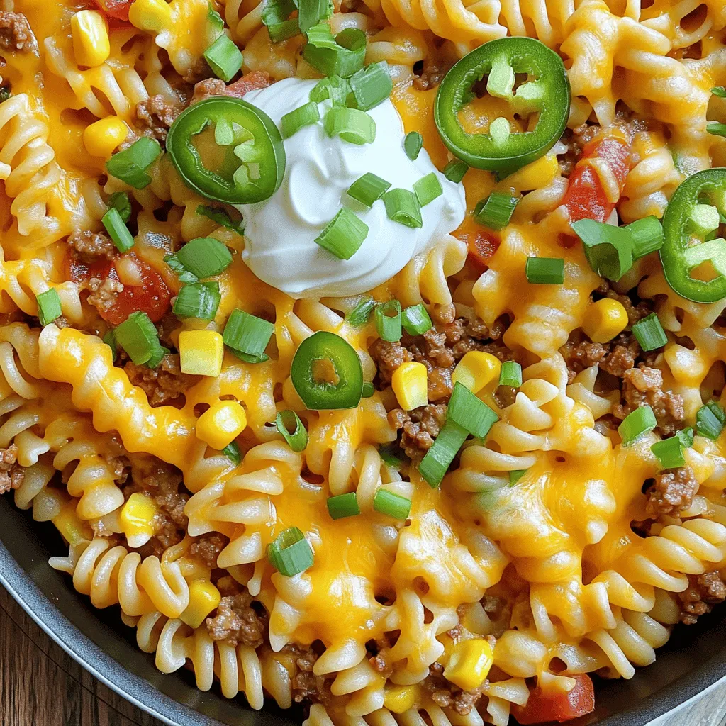 To whip up Easy Cheesy Taco Pasta Skillet, you need these key ingredients: - 8 oz rotini or any pasta of your choice - 1 lb ground beef (or turkey) - 1 packet taco seasoning - 1 can (14.5 oz) diced tomatoes with green chilies - 1 cup corn (fresh or frozen) - 1 cup beef or vegetable broth - 1 cup shredded cheddar cheese - 1 cup shredded mozzarella cheese - 1 tablespoon olive oil - ½ cup chopped green onions (for garnish) - Salt and pepper to taste - Optional toppings: sour cream, jalapeños, cilantro These ingredients create a tasty and filling meal that your family will love. When it comes to brands, I recommend these: - Pasta: Barilla or Ronzoni for rotini - Ground meat: 80/20 ground beef or Jennie-O for turkey - Taco seasoning: McCormick for a classic flavor - Canned tomatoes: Ro-Tel for that extra kick - Cheese: Kraft for shredded cheddar and mozzarella Using trusted brands can enhance the taste and quality of your dish. If you need to swap some ingredients, here are some ideas: - Pasta: Feel free to use penne or shells instead of rotini. - Ground meat: Try chicken or a plant-based meat for a change. - Corn: Use black beans for added protein and flavor. - Cheese: Substitute with pepper jack for some spice. These substitutions keep the meal flexible while still being delicious. This dish is simple and quick. You cook the pasta, brown the meat, and mix it all together. The cheese melts on top, giving you a creamy meal. Each step brings out amazing flavors. You can make this in about 30 minutes! 1. Cook the Pasta: Start by boiling salted water in a large pot. Add 8 oz of rotini. Cook it until it's just firm, or al dente. Drain the pasta and set it aside. 2. Sauté the Meat: In the same skillet, pour 1 tablespoon of olive oil and heat it over medium. Add 1 lb of ground beef or turkey. Cook until it’s brown, about 5-7 minutes. Break it into smaller pieces as it cooks. Add salt and pepper to taste. 3. Add Flavor: Once the meat is done, sprinkle 1 packet of taco seasoning over it. Stir for 1-2 minutes to mix the flavors well. 4. Combine Ingredients: Add 1 can of diced tomatoes with green chilies, 1 cup of corn, and 1 cup of broth to the skillet. Stir everything together and bring it to a gentle simmer. 5. Mix in Pasta: After it simmers, add the cooked pasta to the skillet. Stir to coat the pasta with the sauce. 6. Cheesy Goodness: Sprinkle 1 cup of shredded cheddar and 1 cup of shredded mozzarella on top. Cover the skillet and cook for about 5 minutes. The cheese should melt and bubble nicely. 7. Serve: Take it off the heat. Garnish with ½ cup of chopped green onions. You can also add optional toppings like sour cream, jalapeños, or cilantro if you like. - When cooking the pasta, don’t overcook it. Al dente gives the best texture. - Use a wooden spoon to break up the meat as it cooks. This helps it brown evenly. - Always taste after adding seasoning. Adjust with salt and pepper if needed. - For a thicker sauce, let it simmer longer before adding pasta. - Make sure to cover the skillet when melting cheese. This helps it melt faster. You can find the full recipe for Easy Cheesy Taco Pasta Skillet to guide you through these steps. Enjoy cooking! To get the best flavor in your Easy Cheesy Taco Pasta Skillet, use medium heat. This lets the meat brown nicely without burning. Always stir the meat often to break it apart. When you add the taco seasoning, make sure to mix it well. This helps the meat soak up all that tasty flavor. One common mistake is overcooking the pasta. You want it al dente, not mushy. Follow the package instructions closely. Another mistake is not draining the pasta well. Extra water can make the dish too watery. Always drain and set aside the pasta before mixing it in. You can prepare this meal in advance. Cook the pasta and meat, then store them separately in the fridge. When you're ready to eat, combine the two in a skillet. Add the tomatoes, corn, and broth. Heat everything on medium until warm. Then, top with cheese and let it melt. This way, you save time when you’re busy! For the full recipe, check the details above. {{image_2}} You can switch up the meat in this dish. Ground beef is tasty, but you can also use ground turkey or chicken. If you want a richer flavor, try chorizo. It adds spice and depth. Just cook it the same way as ground beef. For a leaner meal, turkey is a great choice. You can even mix meats for more flavor. Want to go meatless? You can easily make this dish vegetarian or vegan. Use black beans or lentils instead of meat. They add protein and keep the meal hearty. For a vegan version, use vegetable broth and skip the cheese. You can substitute vegan cheese or nutritional yeast for a cheesy taste. Love heat? You can boost the spice in this taco pasta. Add chopped jalapeños when you sauté the meat. You can also use spicy taco seasoning or a dash of cayenne pepper. For a milder dish, choose a low-spice seasoning. Adjust to fit your family’s taste. This recipe fits all spice levels. Feel free to explore these variations to make the dish your own. You can discover a world of flavors right in your kitchen! For the full recipe, check out the Easy Cheesy Taco Pasta Skillet. After enjoying your Easy Cheesy Taco Pasta Skillet, let any leftovers cool. Place them in an airtight container. This will keep the flavors fresh. Store the container in the fridge. Your meal will last for up to three days. To reheat, use a skillet over medium heat. Add a splash of broth or water to prevent sticking. Stir the pasta while it warms up. This will help the cheese melt evenly. You can also use a microwave. Place the pasta in a bowl and cover it loosely. Heat for about one to two minutes. Stir halfway through for even warming. If you want to freeze your Easy Cheesy Taco Pasta Skillet, let it cool completely. Place it in a freezer-safe container. Make sure to leave some space for expansion. It can freeze well for up to three months. When you are ready to eat, thaw it in the fridge overnight. Reheat using the instructions above for best results. Yes, you can use different types of pasta. Rotini works great, but you can try penne, fusilli, or even shells. Just make sure to adjust the cooking time based on the pasta shape you choose. Check the package for the best cooking time and follow that. If you need a substitute for ground beef or turkey, try ground chicken or pork. You can also use plant-based options like lentils, black beans, or crumbled tofu. Just cook them well and add the taco seasoning for flavor. Each option brings its own taste and texture to the dish. To make this recipe spicier, add chopped jalapeños or a few dashes of hot sauce. You can also use spicy taco seasoning if you like heat. For an extra kick, try adding cayenne pepper or crushed red pepper flakes when cooking the meat. You can find the full recipe for Easy Cheesy Taco Pasta Skillet above. It includes everything you need, from ingredients to step-by-step cooking instructions. Enjoy making this easy and tasty meal! In this post, we covered essential ingredients, cooking steps, and valuable tips. I shared brand suggestions and options for substitutions. This helps you create a tasty dish. We also explored variations for meats and spice levels. Plus, I provided storage tips for leftovers. Cooking can be fun and easy. With these steps, you can make delicious meals often. Enjoy cooking and have fun experimenting with recipes!