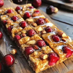 - 1 cup pitted cherries (fresh or dried) - 1 cup mixed nuts (almonds, walnuts, pecans) - 1 cup pitted dates - 1/2 cup rolled oats - 1/4 cup honey or maple syrup - 1/4 teaspoon sea salt - 1/2 teaspoon vanilla extract - Optional: 1/4 cup chia seeds or flaxseeds for added nutrition - Cherries: Rich in vitamins and antioxidants. They help reduce inflammation and boost heart health. - Mixed Nuts: Packed with healthy fats, protein, and fiber. They support brain health and keep you full longer. - Dates: A natural sweetener that adds fiber and energy. They are great for digestion and can help regulate blood sugar. - Rolled Oats: A source of complex carbs. They provide lasting energy and are good for heart health. - Honey or Maple Syrup: Natural sweeteners that offer antioxidants. They can help soothe sore throats and provide quick energy. - Sea Salt: Adds flavor and helps maintain electrolyte balance in the body. - Vanilla Extract: Enhances flavor and may have antioxidant properties. - Chia Seeds or Flaxseeds: Provide omega-3 fatty acids and fiber. They support heart health and digestion. - Cherries: Choose plump, firm ones if fresh. For dried, select ones without added sugar. - Mixed Nuts: Go for raw or lightly roasted nuts without added oils or salts. - Dates: Look for soft, moist dates. Avoid those that are hard or dry. - Rolled Oats: Choose old-fashioned oats for better texture. Check for gluten-free if needed. - Honey or Maple Syrup: Opt for pure, organic varieties for better taste and health benefits. - Sea Salt: Use high-quality sea salt for optimal flavor. - Vanilla Extract: Pick pure extract over imitation for the best flavor. - Chia Seeds or Flaxseeds: Ensure they are fresh and stored properly to maintain nutritional value. This recipe for Cherry Nut Energy Bars is not only quick and easy but also packed with nutrition. By selecting quality ingredients, you ensure that each bite is both tasty and good for you. Enjoy creating these delightful energy bars! 1. First, preheat your oven to 350°F (175°C). This helps the bars bake evenly. 2. Next, line an 8x8 inch baking pan with parchment paper. Leave some paper hanging over the edges. It makes it easier to lift the bars out later. 3. In a food processor, pulse the mixed nuts until they are coarsely chopped. Be careful not to turn them into flour. 4. Transfer the chopped nuts to a large mixing bowl. Add the rolled oats, chia seeds or flaxseeds if you choose to use them, and sea salt. Mix them well. 5. In the food processor, add pitted dates, cherries, honey or maple syrup, and vanilla extract. Blend until it forms a sticky paste. This helps bind the bars together. 6. Pour the sticky mixture into the bowl with your nut and oat mix. Combine everything. It can be tough, so use your hands if needed. 7. Now, transfer this mixture into the lined baking pan. Press down firmly with your fingers or a spatula. Make sure it is evenly distributed and compact. 8. Bake in the oven for 20-25 minutes. Look for the edges to turn golden brown. 9. Once baked, take it out and let it cool in the pan for at least 30 minutes. 10. After cooling, lift the bars out using the parchment paper. Cut into squares or bars as you like. - Do not skip lining the pan. It helps with easy removal. - Make sure not to over-blend the nuts. You want chunks, not powder. - Avoid underbaking. This can make the bars too soft and hard to cut. - If the mixture feels too dry, add a bit more honey or maple syrup. - Remember to let the bars cool completely before cutting. - Preheating and lining the pan is simple, but it sets the stage for success. - The consistency of the nut mixture should look like small pieces, not dust. - When blending the sticky mix, it should be smooth and hold together well. - Pressing the mixture into the pan should feel firm but not overly compact. - Keep an eye on the oven. The edges will be a nice golden brown when done. For a complete experience, check the Full Recipe to see how this all comes together! To get the best texture in your Cherry Nut Energy Bars, focus on your mixing. When you combine the sticky paste and dry ingredients, make sure to mix well. This helps everything stick together. If the mixture feels too crumbly, add a bit more honey or maple syrup. You want it to hold together but not be too wet. Press the mixture firmly into the pan. This step is key. A well-packed mixture bakes better and holds its shape. To keep your energy bars fresh, store them in an airtight container. You can place parchment paper between layers to avoid sticking. If you want to keep them longer, consider freezing. Wrap each bar in plastic wrap and place them in a freezer bag. This way, they stay fresh for up to three months. When you want one, just pull it out and let it thaw for a few minutes. Cherry Nut Energy Bars taste great on their own, but you can get creative. Try serving them with yogurt for a tasty dip. You can drizzle a bit of honey on top for extra sweetness. Pairing them with a fresh fruit salad or a smoothie makes a great snack. You can also cut them into smaller pieces for bite-sized treats during a gathering. No matter how you serve them, your friends will love these bars! For the full recipe, check out the Cherry Nut Energy Bars section. {{image_2}} You can change the flavor of your Cherry Nut Energy Bars easily. Try adding different fruits. You might use dried apricots, cranberries, or even mango. Each fruit brings its own taste. Adding spices can also give a fun twist. A pinch of cinnamon or nutmeg can enhance the flavors. You could also mix in a scoop of cocoa powder for a chocolatey treat. This will make your bars richer and more exciting. If you have allergies, you can swap ingredients. For nuts, use seeds like pumpkin or sunflower seeds. They provide a nice crunch without nuts. If you’re avoiding gluten, ensure your oats are certified gluten-free. For sweetness, use agave syrup if you can’t eat honey. If you have a sweet tooth, try adding dark chocolate chips. They’ll add a delightful surprise in each bite. You can choose between baked or no-bake versions. Both are easy and tasty. For no-bake bars, skip the oven. Just mix your ingredients and press them into a pan. Let them chill in the fridge for a few hours. Baked bars are warm and chewy. They have a different texture and flavor. Both styles are great, so try them both to see what you like. To keep your Cherry Nut Energy Bars fresh, store them in an airtight container. This helps maintain their texture and taste. You can also wrap them in plastic wrap for extra protection. Keep them at room temperature for a quick snack or in the fridge for a longer shelf life. If you live in a humid area, the fridge is your best bet. If you want to save some bars for later, freezing is a great option. Cut the bars into squares or rectangles before freezing. Place them in a single layer on a baking sheet. Once frozen, transfer them to a freezer bag. Label the bag with the date. They can last up to three months in the freezer. When ready to eat, thaw them in the fridge overnight. Cherry Nut Energy Bars can last about one week at room temperature. If stored in the fridge, they can stay fresh for up to two weeks. Always check for any signs of spoilage, like a strange smell or change in texture. If you notice anything off, it's best to toss them. Enjoy your energy bars fresh for the best taste and nutrition! Cherry Nut Energy Bars offer many health benefits. They provide a good mix of protein, fiber, and healthy fats. Cherries have antioxidants that help reduce inflammation. Nuts give you energy and support heart health. Dates add natural sweetness and fiber, keeping you full. Overall, these bars can boost your energy and mood. Yes, you can use other fruits! Dried apricots, cranberries, or figs work well. Fresh fruits like bananas or apples can also be fun. Just remember to adjust the sweetness level if needed. Each fruit will change the flavor, giving you new options to explore. To make these bars vegan, swap honey for maple syrup. This simple change keeps the bars sweet and plant-based. All other ingredients are already vegan-friendly. Enjoy the same delicious taste without any animal products! You can find Cherry Nut Energy Bars in many health stores, grocery shops, or online. Look for brands that focus on natural ingredients. Some local cafes might also sell homemade versions. Just read the labels to check for added sugars or preservatives. You can tell the bars are ready when the edges turn golden brown. The center should feel firm but slightly soft. If you press down gently, it should hold its shape. After baking, let them cool before cutting. This helps them set properly and makes them easier to slice. In this blog post, we explored the key ingredients of Cherry Nut Energy Bars. We discussed their nutritional benefits, and how to choose quality ingredients. We also provided step-by-step cooking instructions, highlighted common mistakes, and shared visuals for easier cooking. Lastly, we offered storage tips and answered frequent questions. Remember, these bars are a tasty, healthy snack and easy to make. Enjoy being creative with flavors and variations!