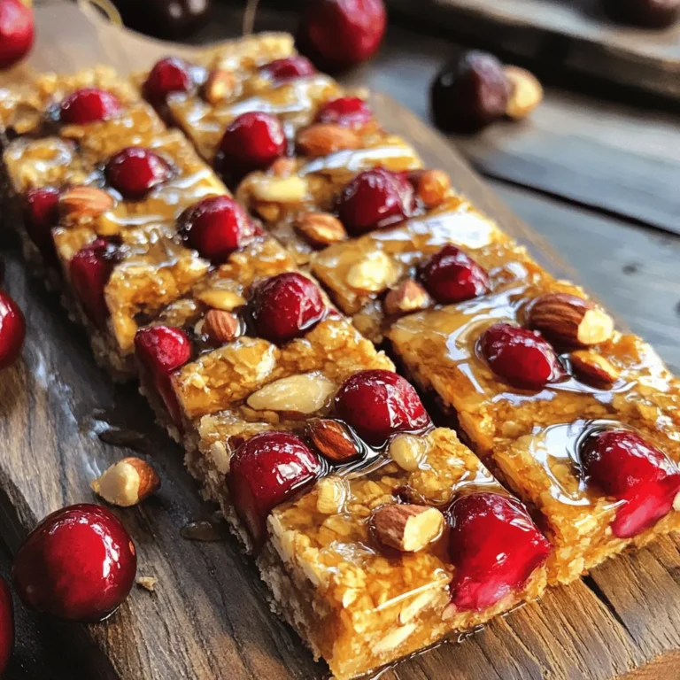 - 1 cup pitted cherries (fresh or dried) - 1 cup mixed nuts (almonds, walnuts, pecans) - 1 cup pitted dates - 1/2 cup rolled oats - 1/4 cup honey or maple syrup - 1/4 teaspoon sea salt - 1/2 teaspoon vanilla extract - Optional: 1/4 cup chia seeds or flaxseeds for added nutrition - Cherries: Rich in vitamins and antioxidants. They help reduce inflammation and boost heart health. - Mixed Nuts: Packed with healthy fats, protein, and fiber. They support brain health and keep you full longer. - Dates: A natural sweetener that adds fiber and energy. They are great for digestion and can help regulate blood sugar. - Rolled Oats: A source of complex carbs. They provide lasting energy and are good for heart health. - Honey or Maple Syrup: Natural sweeteners that offer antioxidants. They can help soothe sore throats and provide quick energy. - Sea Salt: Adds flavor and helps maintain electrolyte balance in the body. - Vanilla Extract: Enhances flavor and may have antioxidant properties. - Chia Seeds or Flaxseeds: Provide omega-3 fatty acids and fiber. They support heart health and digestion. - Cherries: Choose plump, firm ones if fresh. For dried, select ones without added sugar. - Mixed Nuts: Go for raw or lightly roasted nuts without added oils or salts. - Dates: Look for soft, moist dates. Avoid those that are hard or dry. - Rolled Oats: Choose old-fashioned oats for better texture. Check for gluten-free if needed. - Honey or Maple Syrup: Opt for pure, organic varieties for better taste and health benefits. - Sea Salt: Use high-quality sea salt for optimal flavor. - Vanilla Extract: Pick pure extract over imitation for the best flavor. - Chia Seeds or Flaxseeds: Ensure they are fresh and stored properly to maintain nutritional value. This recipe for Cherry Nut Energy Bars is not only quick and easy but also packed with nutrition. By selecting quality ingredients, you ensure that each bite is both tasty and good for you. Enjoy creating these delightful energy bars! 1. First, preheat your oven to 350°F (175°C). This helps the bars bake evenly. 2. Next, line an 8x8 inch baking pan with parchment paper. Leave some paper hanging over the edges. It makes it easier to lift the bars out later. 3. In a food processor, pulse the mixed nuts until they are coarsely chopped. Be careful not to turn them into flour. 4. Transfer the chopped nuts to a large mixing bowl. Add the rolled oats, chia seeds or flaxseeds if you choose to use them, and sea salt. Mix them well. 5. In the food processor, add pitted dates, cherries, honey or maple syrup, and vanilla extract. Blend until it forms a sticky paste. This helps bind the bars together. 6. Pour the sticky mixture into the bowl with your nut and oat mix. Combine everything. It can be tough, so use your hands if needed. 7. Now, transfer this mixture into the lined baking pan. Press down firmly with your fingers or a spatula. Make sure it is evenly distributed and compact. 8. Bake in the oven for 20-25 minutes. Look for the edges to turn golden brown. 9. Once baked, take it out and let it cool in the pan for at least 30 minutes. 10. After cooling, lift the bars out using the parchment paper. Cut into squares or bars as you like. - Do not skip lining the pan. It helps with easy removal. - Make sure not to over-blend the nuts. You want chunks, not powder. - Avoid underbaking. This can make the bars too soft and hard to cut. - If the mixture feels too dry, add a bit more honey or maple syrup. - Remember to let the bars cool completely before cutting. - Preheating and lining the pan is simple, but it sets the stage for success. - The consistency of the nut mixture should look like small pieces, not dust. - When blending the sticky mix, it should be smooth and hold together well. - Pressing the mixture into the pan should feel firm but not overly compact. - Keep an eye on the oven. The edges will be a nice golden brown when done. For a complete experience, check the Full Recipe to see how this all comes together! To get the best texture in your Cherry Nut Energy Bars, focus on your mixing. When you combine the sticky paste and dry ingredients, make sure to mix well. This helps everything stick together. If the mixture feels too crumbly, add a bit more honey or maple syrup. You want it to hold together but not be too wet. Press the mixture firmly into the pan. This step is key. A well-packed mixture bakes better and holds its shape. To keep your energy bars fresh, store them in an airtight container. You can place parchment paper between layers to avoid sticking. If you want to keep them longer, consider freezing. Wrap each bar in plastic wrap and place them in a freezer bag. This way, they stay fresh for up to three months. When you want one, just pull it out and let it thaw for a few minutes. Cherry Nut Energy Bars taste great on their own, but you can get creative. Try serving them with yogurt for a tasty dip. You can drizzle a bit of honey on top for extra sweetness. Pairing them with a fresh fruit salad or a smoothie makes a great snack. You can also cut them into smaller pieces for bite-sized treats during a gathering. No matter how you serve them, your friends will love these bars! For the full recipe, check out the Cherry Nut Energy Bars section. {{image_2}} You can change the flavor of your Cherry Nut Energy Bars easily. Try adding different fruits. You might use dried apricots, cranberries, or even mango. Each fruit brings its own taste. Adding spices can also give a fun twist. A pinch of cinnamon or nutmeg can enhance the flavors. You could also mix in a scoop of cocoa powder for a chocolatey treat. This will make your bars richer and more exciting. If you have allergies, you can swap ingredients. For nuts, use seeds like pumpkin or sunflower seeds. They provide a nice crunch without nuts. If you’re avoiding gluten, ensure your oats are certified gluten-free. For sweetness, use agave syrup if you can’t eat honey. If you have a sweet tooth, try adding dark chocolate chips. They’ll add a delightful surprise in each bite. You can choose between baked or no-bake versions. Both are easy and tasty. For no-bake bars, skip the oven. Just mix your ingredients and press them into a pan. Let them chill in the fridge for a few hours. Baked bars are warm and chewy. They have a different texture and flavor. Both styles are great, so try them both to see what you like. To keep your Cherry Nut Energy Bars fresh, store them in an airtight container. This helps maintain their texture and taste. You can also wrap them in plastic wrap for extra protection. Keep them at room temperature for a quick snack or in the fridge for a longer shelf life. If you live in a humid area, the fridge is your best bet. If you want to save some bars for later, freezing is a great option. Cut the bars into squares or rectangles before freezing. Place them in a single layer on a baking sheet. Once frozen, transfer them to a freezer bag. Label the bag with the date. They can last up to three months in the freezer. When ready to eat, thaw them in the fridge overnight. Cherry Nut Energy Bars can last about one week at room temperature. If stored in the fridge, they can stay fresh for up to two weeks. Always check for any signs of spoilage, like a strange smell or change in texture. If you notice anything off, it's best to toss them. Enjoy your energy bars fresh for the best taste and nutrition! Cherry Nut Energy Bars offer many health benefits. They provide a good mix of protein, fiber, and healthy fats. Cherries have antioxidants that help reduce inflammation. Nuts give you energy and support heart health. Dates add natural sweetness and fiber, keeping you full. Overall, these bars can boost your energy and mood. Yes, you can use other fruits! Dried apricots, cranberries, or figs work well. Fresh fruits like bananas or apples can also be fun. Just remember to adjust the sweetness level if needed. Each fruit will change the flavor, giving you new options to explore. To make these bars vegan, swap honey for maple syrup. This simple change keeps the bars sweet and plant-based. All other ingredients are already vegan-friendly. Enjoy the same delicious taste without any animal products! You can find Cherry Nut Energy Bars in many health stores, grocery shops, or online. Look for brands that focus on natural ingredients. Some local cafes might also sell homemade versions. Just read the labels to check for added sugars or preservatives. You can tell the bars are ready when the edges turn golden brown. The center should feel firm but slightly soft. If you press down gently, it should hold its shape. After baking, let them cool before cutting. This helps them set properly and makes them easier to slice. In this blog post, we explored the key ingredients of Cherry Nut Energy Bars. We discussed their nutritional benefits, and how to choose quality ingredients. We also provided step-by-step cooking instructions, highlighted common mistakes, and shared visuals for easier cooking. Lastly, we offered storage tips and answered frequent questions. Remember, these bars are a tasty, healthy snack and easy to make. Enjoy being creative with flavors and variations!
