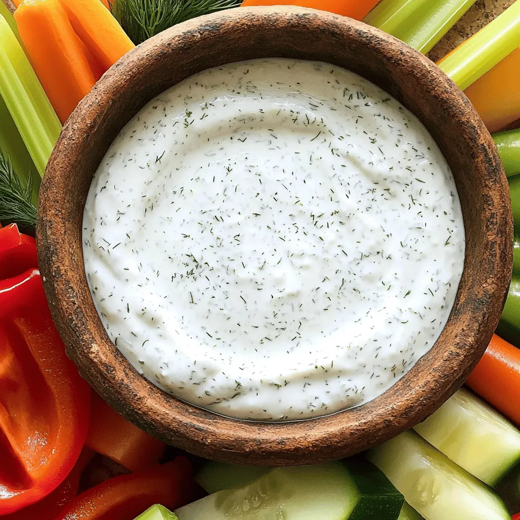 - 1 cup plain Greek yogurt - 1 tablespoon mayonnaise - 1 teaspoon garlic powder - 1 teaspoon onion powder - 1 teaspoon dried dill - 1 teaspoon dried parsley - ½ teaspoon salt - ¼ teaspoon black pepper - 1 teaspoon lemon juice - Fresh vegetables for dipping (carrots, celery, bell peppers, cucumbers) To make Greek yogurt ranch dip, you need just a few simple ingredients. The star of the show is the Greek yogurt, which gives a creamy base. The mayonnaise adds richness, but you can skip it if you want a lighter dip. The seasoning mix includes garlic powder, onion powder, dill, and parsley. These spices bring a burst of flavor. Salt and black pepper round out the taste. Don't forget the lemon juice; it adds a nice zing! Finally, have some fresh veggies ready for dipping. Carrots, celery, and bell peppers are great choices. You can play with the flavors by adding different herbs and spices. Want some heat? Try adding cayenne pepper or hot sauce. For a zestier kick, mix in some fresh chives or cilantro. If you want to make it healthier, swap the mayonnaise for more Greek yogurt or use a light version. You can even add some avocado for creaminess and healthy fats. Each change makes the dip your own, letting you explore new tastes. For the full recipe, check out the section below! Start by mixing Greek yogurt and mayonnaise in a medium bowl. Use a spoon to stir until the mixture is smooth. This blend gives the dip a creamy texture. Next, add your seasonings. I use garlic powder, onion powder, dried dill, dried parsley, salt, and black pepper. Each spice brings its own flavor. After that, squeeze in the lemon juice. This adds a nice tang. Mix everything well until combined. Chilling the dip is very important. It lets the flavors blend together beautifully. Cover the bowl with plastic wrap and place it in the fridge for at least 30 minutes. When you are ready to serve, grab some fresh vegetables. I love using carrots, celery, bell peppers, and cucumbers. They are crunchy and perfect for dipping. You can also try this dip with chips or pita bread. For the full recipe, check out the ingredients and steps above. To make your Greek yogurt ranch dip pop, adjust the seasoning to your taste. Start with the recipe's base, then add a little more salt or pepper if you like. Sometimes, a touch more garlic powder adds a nice kick. You can also try adding fresh herbs for a brighter flavor. Chopped chives or parsley can make a big difference. If you want to mix it up, consider adding a splash of hot sauce for some heat or a sprinkle of smoked paprika for a deeper taste. Making this dip ahead of time is a smart move. You can whip it up a day or two in advance. Just prepare the dip and store it in the fridge. This waiting time lets the flavors blend and grow stronger. For best freshness, keep the dip in an airtight container. This keeps it creamy and flavorful. If you notice any separation, just give it a good stir before serving. Enjoy it with fresh veggies for a tasty snack. {{image_2}} You can change up the taste of Greek yogurt ranch dip easily. For a spicy kick, add some hot sauce. This will turn your dip into a spicy Greek yogurt ranch dip. Just mix a few dashes into the base, and taste it. You can always add more if you like it hot! Another fun option is to make a Southwest-style ranch dip. This uses taco seasoning. Just stir in one teaspoon of taco seasoning into the dip. It gives a bold, zesty flavor that pairs well with chips or veggies. Think of all the ways to enjoy this dip! It’s great for parties, picnics, or movie nights. Serve it with fresh veggies like carrots, celery, or bell peppers. You can also use it as a spread on sandwiches or wraps for extra flavor. For a fun twist, try using this dip in your salads. It can act as a creamy dressing. You can even mix it with pasta for a tasty pasta salad. The options are endless! Feel free to explore and find your favorite ways to use this Greek yogurt ranch dip. For the full recipe, check out Greek Yogurt Ranch Dip 🥒. To keep your Greek yogurt ranch dip fresh, use an airtight container. This helps block air. You want to avoid spoilage and keep flavors strong. It’s best to eat the dip within five days for top quality. Store it in the fridge right after serving. This ensures it stays cool and tasty. Can you freeze Greek yogurt ranch dip? Yes, you can! Freezing can change the texture a bit. Still, it works if you plan to use it later. To freeze, place the dip in a freezer-safe container. Leave some space at the top for expansion. When you’re ready to use it, defrost the dip in the fridge overnight. Stir it well before serving. If it seems watery, mix in a bit more Greek yogurt. This will help bring back its creamy texture. Enjoy your dip with fresh veggies or as a tasty spread! To make this dip vegan, you can swap the Greek yogurt with a plant-based yogurt. Look for a thick coconut or almond yogurt. For mayonnaise, use a vegan mayo. Both swaps keep the creamy texture. Yes, you can make this dip without mayonnaise. Just use more Greek yogurt. You can add a bit of olive oil for richness. Use one cup of yogurt and skip the mayo. This keeps it creamy and tasty. If you don’t have Greek yogurt, try regular yogurt. It will change the dip’s thickness but still works. For a dairy-free option, use cashew or coconut yogurt. Both options give a nice flavor and texture. For the full recipe, check out the Greek Yogurt Ranch Dip recipe! You learned how to make Greek yogurt ranch dip with ease. We covered the ingredients, preparation, and tips for enhancing flavor. Remember, chilling the dip is key for the best taste. You can also explore variations and creative serving ideas. Storing it properly ensures freshness, and it's easy to make ahead. Whether you want vegan options or flavors to excite your palate, the possibilities are vast. Enjoy this healthy dip at your next gathering or snack time!