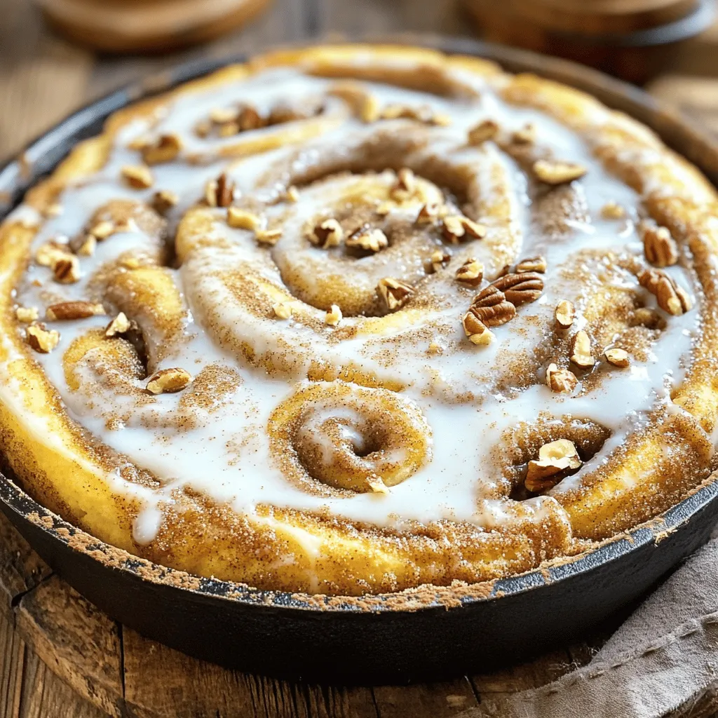 To make this tasty Giant Cinnamon Roll Skillet Cake, you need a few key ingredients: - 4 cups all-purpose flour - 1 packet (2 1/4 tsp) active dry yeast - 1 cup warm milk (110°F / 43°C) - 1/2 cup granulated sugar - 1/3 cup unsalted butter, melted - 2 large eggs - 1 tsp vanilla extract - 1 tsp salt - 1 tablespoon ground cinnamon - 1 cup packed brown sugar These ingredients create a soft, fluffy dough and a sweet filling that you will love. You can add some fun extras to your cake: - 1/2 cup chopped pecans (optional) - 1 cup powdered sugar for glaze - 2 tablespoons milk for glaze - 1/2 tsp vanilla extract for glaze Chopped pecans give a nice crunch, while the glaze adds sweetness. You will need a few basic tools: - Mixing bowls - A whisk - A rolling pin - An oven-safe skillet (about 12 inches) - A clean towel These tools help you mix, shape, and bake your delicious cake. For the Full Recipe, you can follow the steps I provided to create your own Giant Cinnamon Roll Skillet Cake. Enjoy baking! To start, gather your ingredients. You need flour, sugar, yeast, milk, butter, eggs, and salt. In a bowl, mix warm milk with yeast and a pinch of sugar. Let it sit for 5-10 minutes until it foams. This means the yeast is active. In a larger bowl, whisk flour, sugar, and salt. Make a well in the center. Add melted butter, eggs, and the yeast mix into this well. Stir until a dough forms. Knead the dough for 5-7 minutes until it feels smooth. If it sticks to your hands, add more flour slowly. Place the dough in a greased bowl. Cover it with a towel. Let it rise in a warm spot for about 1 hour, until it doubles in size. Once the dough has risen, punch it down gently. Transfer it to a floured surface. Roll it out into a large rectangle, about 1/4 inch thick. In a small bowl, mix brown sugar and cinnamon. If you like, add chopped pecans for crunch. Spread this mixture evenly over the rolled-out dough. Now, roll the dough tightly from one long side to the other. Pinch the edges to seal it well. Slice the roll into about 12 equal pieces. Grab a well-greased oven-safe skillet, about 12 inches wide. Arrange the cinnamon roll slices in a circle, placing one in the center. Cover with a towel again and let it rise for another 30 minutes. During this time, preheat your oven to 350°F (175°C). Bake the skillet cake for 25-30 minutes. Look for a golden brown top. While it bakes, whip up the glaze by mixing powdered sugar, milk, and vanilla extract until smooth. After baking, drizzle the glaze over the warm cake. For the full recipe, check the details above! Enjoy your delicious creation! To make the best dough, start with warm milk. The milk should feel warm but not hot. This warmth helps the yeast grow. If your dough is too sticky, add a bit more flour. Knead the dough for about 5-7 minutes. It should feel smooth and elastic. When it rises, it should double in size. A well-risen dough makes a fluffy cake. You can save time by prepping the dough the night before. Let it rise in the fridge. This slow rise adds flavor. When you wake up, roll it out and fill it. If you want to make it even faster, use pre-made dough. Just roll and fill, and you'll have a quick treat! To get a nice golden brown top, pay attention while it bakes. Set your oven to 350°F (175°C). Bake for 25-30 minutes. Check for doneness by looking at the color. It should be golden and firm to the touch. If the top gets too dark, cover it with foil for the last few minutes. This way, you keep it soft and moist inside. For the full recipe, check the details above. {{image_2}} You can change the filling of your Giant Cinnamon Roll Skillet Cake. Try using chocolate chips for a sweet twist. Cream cheese mixed with sugar can also be a great filling. For a fruity touch, add fresh berries or sliced apples. Mix in nuts like walnuts or almonds for extra crunch. Each option brings a new flavor that makes the cake fun and unique. The glaze is key to the cake's taste. You can stick to the classic vanilla glaze, but why not try a maple glaze? Just mix maple syrup with powdered sugar for a rich flavor. For a citrusy kick, add lemon juice and zest to your glaze. You can even use cocoa powder to make a chocolate glaze. The glaze can make each bite even more special. If you want a gluten-free version, it’s simple! Use a gluten-free flour blend instead of all-purpose flour. Make sure the blend has xanthan gum to help with the dough’s texture. Check your baking powder and other ingredients to ensure they are gluten-free. This way, everyone can enjoy this delicious skillet cake without worry. For the full recipe, follow the steps outlined in this guide and mix and match to find your favorite flavors! To keep your Giant Cinnamon Roll Skillet Cake fresh, let it cool first. Once cool, cover it with plastic wrap or foil. You can also place it in an airtight container. This will help keep the moisture in and prevent it from drying out. Store it at room temperature for up to three days. If you won't eat it in that time, consider freezing it. To reheat your skillet cake, slice it into pieces. You can use the microwave or oven. For the microwave, heat one slice for about 20-30 seconds. Check to see if it’s warm enough; if not, heat a bit longer. If using the oven, preheat it to 350°F. Wrap the cake in foil and heat for about 10 minutes. This method keeps the cake moist. To freeze the Giant Cinnamon Roll Skillet Cake, first slice it into pieces. Wrap each piece tightly in plastic wrap. Then, place the wrapped slices in a freezer bag. Squeeze out as much air as possible before sealing. You can store it in the freezer for up to three months. When you're ready to enjoy it, thaw it in the fridge overnight before reheating. This keeps the flavor and texture just right. The Giant Cinnamon Roll Skillet Cake lasts about 3 days when stored properly. Keep it in an airtight container at room temperature. If you want it to last longer, you can refrigerate it. This may change the texture slightly, but it will still taste great. Yes, you can make this recipe in advance. Prepare the dough and shape it into rolls. Instead of baking, cover the skillet and place it in the fridge. You can do this up to 24 hours before baking. When ready to bake, let it rise for 30 minutes before popping it in the oven. If you don't have active dry yeast, you can use instant yeast. Use the same amount, 2 1/4 teaspoons. Instant yeast does not need to be proofed in warm milk. Just mix it directly with the dry ingredients. Another option is to use sourdough starter. However, you will need to adjust the liquid in the recipe. This blog post covered how to make a Giant Cinnamon Roll Skillet Cake. We discussed key ingredients, essential tools, and detailed steps for preparing, baking, and storing your cake. You learned tips for the best texture and golden finish, plus options for variations and how to store leftovers. In the end, this recipe is a fun treat for any occasion. Enjoy making and sharing this delicious cake!